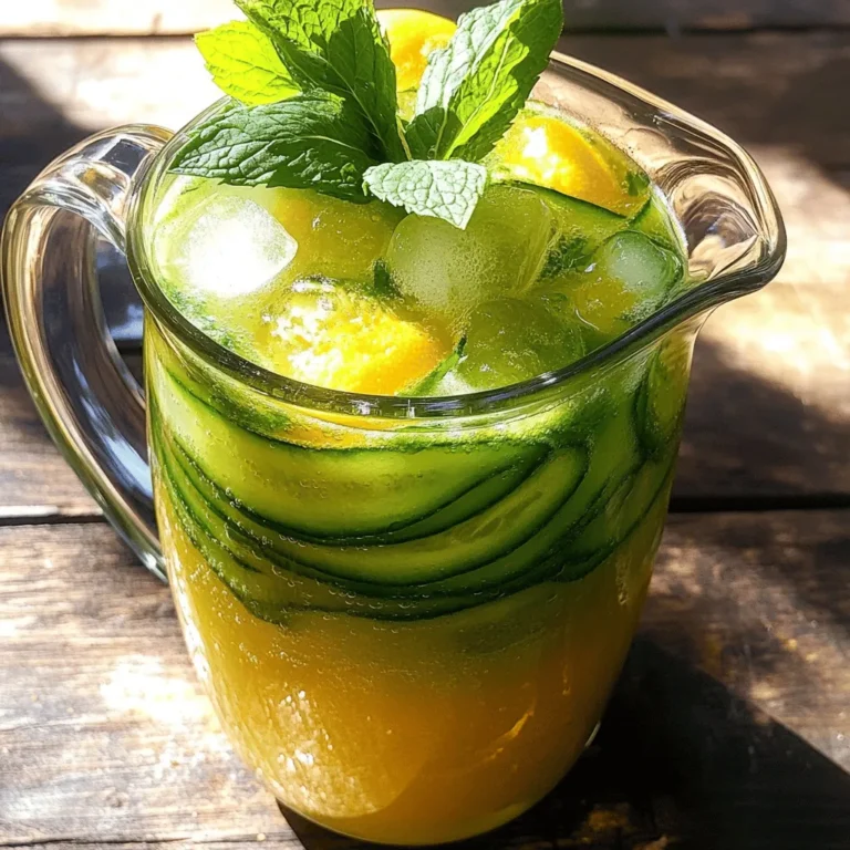 - 2 medium cucumbers, peeled and roughly chopped - 1 tablespoon fresh ginger, grated - 2-3 lemons, juiced - 1/4 cup honey or agave syrup - 4 cups cold water - A pinch of salt - Fresh mint leaves for garnish - Ice cubes Cucumber ginger lemonade is simple yet refreshing. Each ingredient plays a key role in flavor. Cucumbers bring hydration and a crisp taste. Their lightness balances the zing of ginger. Ginger adds a warm spice that lifts the drink. It’s good for digestion too. Lemons provide a bright, tangy note that wakes up your taste buds. Honey or agave syrup sweetens the mix, making it enjoyable for everyone. The salt helps to enhance the flavors, while mint leaves give a fresh aroma. Lastly, ice cubes keep your drink cool on hot days. - Alternative sweeteners - Additional spices or herbs You can customize your drink further. Want it sweeter? Use different sweeteners like stevia or maple syrup. You can also add a pinch of cinnamon or cardamom for a unique twist. If you like herbs, try adding basil or rosemary to the mix for extra flavor. Each choice can change the taste and make the drink your own. For the full recipe, check out the details above. Enjoy crafting this delightful summer drink! - Start by preparing the cucumbers. - Peel and roughly chop two medium cucumbers. - Place the chopped cucumbers into a blender. - Blend the cucumbers until smooth. - Strain the cucumber puree through a fine-mesh sieve into a pitcher. - Use a spatula to press out as much liquid as possible. - Discard the leftover pulp. - In the same pitcher, add one tablespoon of grated ginger. - Squeeze juice from two to three lemons into the pitcher. - Add 1/4 cup of honey for sweetness. - Stir until the honey is fully dissolved. - Pour in four cups of cold water and mix well. - Refrigerate the mixture for about 30 minutes. - This allows the flavors to meld together. - Serve over ice cubes in tall glasses. - Garnish with fresh mint leaves for a refreshing touch. For the full recipe, refer to the complete guide above. Enjoy your delicious cucumber ginger lemonade! To make your cucumber ginger lemonade perfect, adjust the sweetness. If you like it sweeter, add more honey. Taste as you go. Remember, you can always add more but can't take it out! For a tart kick, squeeze in more lemon juice. This adds a nice balance to the sweetness. Choose clear glassware for a lovely look. The green cucumber and bright yellow lemonade stand out beautifully. Serve it in tall glasses with ice for a cool treat. Pair your lemonade with light snacks like crackers or fresh fruit. It also goes well with grilled chicken or fish for a meal. If you want to prepare ahead, make the lemonade a few hours before your guests arrive. Chill it in the fridge. This allows the flavors to blend well. If you have leftovers, store them in a sealed pitcher in the fridge. Enjoy them within two days for the best taste. For parties, consider making a double batch. You can find the full recipe in the earlier section. {{image_2}} You can play with flavors in cucumber ginger lemonade. Adding fruits like strawberries or pineapple brings a sweet twist. Simply puree the fruit and mix it in. This change adds a nice color and a new taste. You can also infuse this drink with herbs like basil or rosemary. Just add a few leaves when mixing. Let it chill for a bit to let the flavors blend. For a fun twist, you can turn cucumber ginger lemonade into a cocktail. Vodka or gin works well. Mix two ounces of your chosen spirit with the lemonade. This drink is great for summer parties. You can also try rum for a tropical vibe. Just adjust the amount of lemonade for your taste. If you want a lower-calorie drink, use sweeteners like stevia or monk fruit. These options keep the taste sweet without added calories. Also, this recipe is gluten-free. You can enjoy it without worrying about gluten. Just make sure any sweeteners you choose are also gluten-free. Cucumber ginger lemonade stays fresh in the fridge for about 3 to 5 days. After that, it may lose its taste and freshness. Signs of spoilage include a strange smell or changes in color. If you see any floating bits or cloudiness, it's best to discard it. To enjoy the best flavor, drink it within a few days. Yes, you can freeze cucumber ginger lemonade! This drink freezes well and makes for a great treat. The best way to store it is in ice cube trays. Pour the lemonade into the trays and freeze until solid. Once frozen, pop the cubes into a freezer bag. This way, you can enjoy a cool drink anytime. To thaw frozen lemonade, simply place the cubes in the fridge overnight. You can also leave them at room temperature for a quicker thaw. Once thawed, stir well before using. You can enjoy it as a refreshing drink or mix it into smoothies and cocktails for a tasty twist. Cucumber ginger lemonade is great for hydration. Cucumbers have a lot of water. They help keep you cool in summer. Ginger adds a spicy kick and aids digestion. Lemons are full of vitamin C and boost your immune system. This drink combines these benefits, giving you a refreshing and healthy option. - Cucumber: Hydrating and low in calories. - Ginger: Helps with digestion and may reduce nausea. - Lemon: Rich in vitamin C, supports health. Drinking this lemonade can help you feel refreshed and energized. Plus, the natural ingredients mean you avoid added sugars and chemicals. Enjoying this drink can also be a tasty way to get more nutrients. Yes, you can use bottled lemon juice. However, fresh lemon juice tastes better. Fresh juice gives a bright flavor. Bottled juice may have preservatives, which can alter the taste. Pros of bottled lemon juice: - Convenient and easy to use. - Often lasts longer in the fridge. Cons of bottled lemon juice: - Less fresh flavor. - May contain added sugars or preservatives. If you want the best taste, I recommend using fresh lemons. Fresh juice enhances the drink’s flavor and health benefits. Cucumber ginger lemonade is lighter than traditional lemonade. Traditional lemonade is mainly sweet and tart. The cucumber adds a refreshing taste and coolness. Ginger gives it a spicy kick that regular lemonade lacks. Flavor differences: - Cucumber: Light and crisp. - Ginger: Spicy and warming. - Lemon: Tangy and bright. In terms of health benefits, cucumber ginger lemonade has added vitamins and hydration. The combination of flavors makes it unique and enjoyable. This drink is perfect for hot days when you want something different. For the full recipe, check out the [Full Recipe]. You learned how to make a refreshing cucumber ginger lemonade. With fresh cucumbers, ginger, and lemon, this drink is both tasty and healthy. You can adjust the sweetness and add fun twists with fruits or herbs. Feel free to prepare it in advance for gatherings or parties. Remember to store it correctly, so it stays fresh. Enjoy the bright, cool flavors as you sip, and share it with friends for a delightful treat. This recipe is simple, and you can make it your own!
