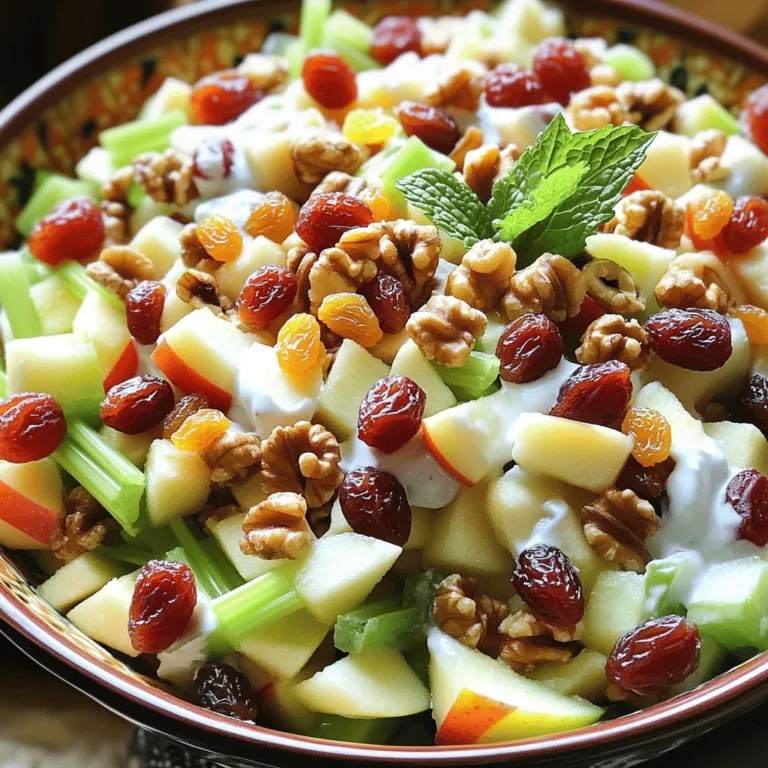 To make a classic Waldorf salad, gather these fresh and simple ingredients: - Diced apples (Granny Smith or Honeycrisp) - Celery, thinly sliced - Red grapes, halved - Chopped walnuts (toasted for extra flavor) - Raisins or dried cranberries - Lemon juice - Plain Greek yogurt - Honey - Salt and pepper - Lettuce leaves for serving (optional) If you want to get creative with this salad, here are some great substitutions: - Alternative fruits: Try using pears or mandarin oranges instead of apples for a twist. - Different nuts: Pecans or almonds can replace walnuts if you prefer. - Dairy-free dressing: Use a plant-based yogurt or a vinaigrette instead of Greek yogurt for a lighter option. Each swap can add a unique flavor while keeping the dish fresh and flavorful. 1. Start by mixing the diced apples with lemon juice. This step keeps the apples fresh and bright. It adds a nice tang to the salad. 2. In a large bowl, combine the apples, celery, halved grapes, chopped walnuts, and raisins or dried cranberries. Toss them gently to mix everything well. This blend gives each bite a burst of flavor and texture. 3. In another bowl, whisk together the Greek yogurt and honey until smooth. This dressing is creamy and sweet, perfect for balancing the crunch of the salad. Pour this mixture over the fruits and nuts. Gently fold everything together until every piece is coated. Chill the salad in the refrigerator for at least 30 minutes. This chilling time is key as it allows the flavors to meld together. You can serve the salad on a bed of lettuce for a nice touch. Another fun idea is to use individual bowls for a personal serving. You can also garnish with extra walnuts and fresh mint to make it look even nicer. The prep time for this salad is just 15 minutes. However, with chilling, the total time is 45 minutes. This makes it a quick and easy dish to prepare for any meal. It’s perfect for a light lunch or as a side for dinner. To keep your apples fresh, coat them with lemon juice right away. This simple step stops browning and keeps them crisp. You can use Granny Smith or Honeycrisp apples for the best taste. Aim to chill your salad for at least 30 minutes. This time allows the flavors to meld together, creating a more delicious dish. Garnishing your Waldorf salad makes it look even better. Add extra chopped walnuts on top for a nice crunch. A sprig of fresh mint also adds a pop of color. For serving, I recommend using a large, shallow bowl. This allows guests to see all the vibrant colors of the salad. To store leftovers, place the salad in an airtight container. Keep it in the fridge for up to three days. After that, the apples may start to get mushy. Always check for any signs of spoilage, like an off smell or change in color. Enjoy your Classic Waldorf Salad, fresh and flavorful! For the complete recipe, check out the Full Recipe. {{image_2}} You can easily change the Waldorf salad to fit your taste. Start by adding different fruits like pears, berries, or even oranges. Each fruit brings its own flavor and texture. You can also swap out nuts. Try pecans or almonds for a nice twist. When it comes to dressings, there are options. Some people love creamy mayonnaise. Others prefer Greek yogurt, which adds a tangy flavor. You can mix in spices or herbs for extra zest. Seasonal fruits can enhance your Waldorf salad. In spring, use fresh strawberries or cherries. In the fall, pears or pomegranates work well. Adjust your salad for holidays, too. For Thanksgiving, add some dried cranberries for a festive touch. Want a lighter version? Use low-fat yogurt instead of regular. You can also cut back on honey or skip it altogether. For a vegan option, replace yogurt with a plant-based alternative like cashew cream. This way, everyone can enjoy the salad while staying healthy. For the full recipe, check out the Waldorf Wonderland Salad. To keep your Classic Waldorf Salad fresh, use an airtight container. This helps prevent moisture and air from spoiling the salad. Place the salad in the fridge right after making it. The cool temperature keeps the ingredients crisp and tasty. Can you freeze Waldorf Salad? It’s not the best idea to freeze this salad. The apples and grapes can get mushy when thawed. If you want to freeze it, add the nuts and grapes later. Store the salad without these ingredients in a freezer-safe container. How long does the salad last in the fridge? Properly stored, it lasts about 3 days. After that, it may lose its crunch and flavor. Watch for signs of spoilage, like a sour smell or mushy fruit. If you see these signs, it's best to toss the salad. Enjoy your fresh and flavorful dish right away or within a few days for the best taste! What is the origin of Waldorf Salad? Waldorf Salad started at the Waldorf Astoria Hotel in New York. It dates back to the late 1800s. A chef named Oscar Tschirky created it for a charity ball. This salad became famous for its mix of apples, nuts, and dressing. Is Waldorf Salad gluten-free? Yes, Waldorf Salad is gluten-free. It uses fresh fruits, nuts, and yogurt. This salad does not include any gluten-containing ingredients. Always check labels if you use packaged items, just to be safe. Can I make this salad in advance? You can prepare Waldorf Salad ahead of time. However, I recommend adding the apples last. This keeps them fresh and crisp. You can mix the other ingredients a day in advance and store them in the fridge. How to make homemade mayonnaise for the salad? To make homemade mayonnaise, use egg yolks, mustard, and lemon juice. Whisk them together until smooth. Gradually add oil while whisking until it thickens. This adds a rich flavor to your salad. Alternatives to walnuts for nut allergies If you have nut allergies, try using seeds instead. Sunflower seeds or pumpkin seeds work great. They add a nice crunch without the allergens. You can also skip nuts altogether if needed. Can I use a different dressing for a Waldorf-inspired salad? Yes, you can use different dressings. A vinaigrette or even a creamy dressing can work well. Experiment with flavors that you enjoy. Just make sure it complements the fruits. What is a typical serving size for salad? A typical serving size for salad is about one cup. This measurement works well for most salads, including Waldorf Salad. If serving at a party, you can adjust this based on the number of guests. Adjusting the recipe for larger gatherings To serve more people, simply double or triple the recipe. Make sure to have enough apples and nuts on hand. You can prepare the salad in larger bowls. This way, everyone can enjoy a generous helping. This article covers the classic Waldorf salad, focusing on essential ingredients and preparation steps. We also explored ingredient substitutions and various tips for serving and storing. Remember, you can customize this dish with seasonal fruits or different dressings to match your taste. Whether you serve it at a gathering or enjoy it at home, Waldorf salad is a fresh and tasty choice. With these simple steps, you’ll create a delightful meal that everyone will enjoy. Now, go ahead and make your own delicious version!