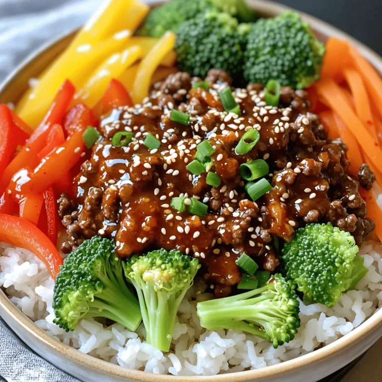 - 1 lb ground beef (or ground turkey) - 1 tablespoon vegetable oil - 3 cloves garlic, minced - 1 inch piece ginger, grated - 1 tablespoon gochujang (Korean chili paste) - 1 tablespoon soy sauce - 1 tablespoon sesame oil - 1 tablespoon brown sugar - 1 carrot, julienned - 1 cup broccoli florets - 1 bell pepper, sliced - 2 green onions, chopped - 1 tablespoon sesame seeds (for garnish) - Cooked rice for serving - Additional chili flakes for spice - Chopped cilantro or parsley - Calories per serving: Approximately 450 - Macronutrient breakdown: - Carbs: 45g - Proteins: 25g - Fats: 20g You can easily find these ingredients at your local grocery store. The gochujang is key for that spicy kick. You can also swap the ground beef for turkey if you want a leaner meal. I love using colorful bell peppers to make the dish pop! This recipe serves four, perfect for a family dinner or meal prep for the week. Remember to check the Full Recipe for detailed steps to make this dish. Start by getting your skillet ready. Place it on the stove and turn the heat to medium-high. Pour in 1 tablespoon of vegetable oil and let it warm up. While the oil heats, you can prepare the garlic and ginger. Mince 3 cloves of garlic and grate a 1-inch piece of ginger. This mix adds a great flavor to the dish. Once the oil is hot, add the minced garlic and grated ginger to the skillet. Sauté them for about 30 seconds until they smell amazing. Next, add 1 pound of ground beef. Break it apart as it cooks. You want to brown the beef completely, which takes about 5-7 minutes. If there is extra fat, drain it off. Now, stir in 1 tablespoon of gochujang, 1 tablespoon of soy sauce, 1 tablespoon of sesame oil, and 1 tablespoon of brown sugar. Mix everything well to coat the beef evenly with the sauce. Next, it’s time to add some color and crunch! Toss in 1 julienned carrot, 1 cup of broccoli florets, and 1 sliced bell pepper. Cook this mix for another 3-4 minutes. You want the veggies to be tender but still crisp. Once done, take the skillet off the heat and mix in 2 chopped green onions. Serve your spicy Korean beef over a bed of cooked rice, and don’t forget to garnish with sesame seeds. For the full recipe, check the earlier section. Enjoy your meal! Gochujang is key to this dish. It brings heat and depth. Use it right. Mix it well with soy sauce and sesame oil. This balance makes each bite pop. For veggies, cook them just enough to stay crisp. Sauté them after the beef is cooked. This keeps their color and crunch. Save time by using pre-cut veggies. Many stores sell ready-to-use options. This makes meal prep fast. You can also prep beef and sauce ahead. Store them in the fridge. When you're ready, just cook and combine. It’s a great way to enjoy this dish on busy nights. Serve your spicy Korean beef over rice. You can choose white, brown, or cauliflower rice. Each option has its own charm. For side dishes, try kimchi or pickled veggies. They add extra flavor and texture. Aim for about one cup of rice per serving. Enjoy the mix of tastes and colors on your plate! {{image_2}} You can easily swap out ground beef for turkey or tofu. Ground turkey is leaner and still tasty. Tofu gives a great texture and soaks up flavors well. For a low-carb option, use cauliflower rice instead of regular rice. It adds crunch and keeps the dish light. Want more heat? Add extra gochujang or chili flakes. For less spice, use less gochujang. You can also try sweet chili sauce or soy sauce for a milder taste. This way, you can enjoy a dish that matches your heat level. Seasonal veggies work great in this dish. Swap broccoli for asparagus or snap peas. You can also add spinach or kale for extra greens. These additions boost nutrition and color. Get creative with what you have on hand! To refrigerate leftovers, let the beef cool first. Place it in an airtight container. Store it in the fridge for up to three days. For reheating, use the microwave. Heat it in short bursts to avoid drying out. Stir it often to ensure even heating. For freezing, pack the beef in freezer-safe containers. Make sure to leave some space for expansion. You can freeze it for up to three months. When ready to eat, thaw it overnight in the fridge. Then, reheat it on the stove or microwave. The cooked beef mixture stays fresh for three days in the fridge. Check the ground beef's expiry date before cooking. Gochujang lasts a long time, usually up to a year when unopened. Other fresh veggies should be used within a week for best taste. Enjoy your spicy Korean beef bowls! Check the Full Recipe for more tips. Gochujang is a thick, red chili paste from Korea. It has a deep flavor that mixes spicy, sweet, and savory. This sauce adds a unique kick to many dishes. You can find gochujang in most Asian grocery stores. It is often in the international aisle of larger supermarkets. You can also buy it online from various retailers. Yes, you can prepare spicy Korean beef bowls ahead. Cook the beef and veggies as the recipe shows. Let the mixture cool, then store it in a container. You can keep it in the fridge for up to three days. When you are ready to eat, just reheat it in a pan or microwave. Add a splash of water if it seems dry. If you want to skip rice, there are great options. Quinoa is a healthy choice that adds protein. You can also use lettuce wraps for a fun twist. Cauliflower rice is another low-carb alternative. Each of these options pairs well with the spicy beef mixture. Absolutely! You can swap out the beef for plant-based proteins. Tofu or tempeh works well in this recipe. You can also use lentils for added texture. For sauce, you can mix gochujang with soy sauce and maple syrup. This will give you the same great taste without meat. This blog post covered a tasty Korean beef bowl recipe. It included key ingredients, cooking steps, and storage tips. Cooking with gochujang adds flavor, while fresh veggies boost nutrition. You can customize spice levels and swap proteins for variety. Remember to store leftovers properly, so nothing goes to waste. Enjoying this dish is simple and fun. With these tips, you can create a meal that's delicious and easy. Dive into this recipe and make it your own!