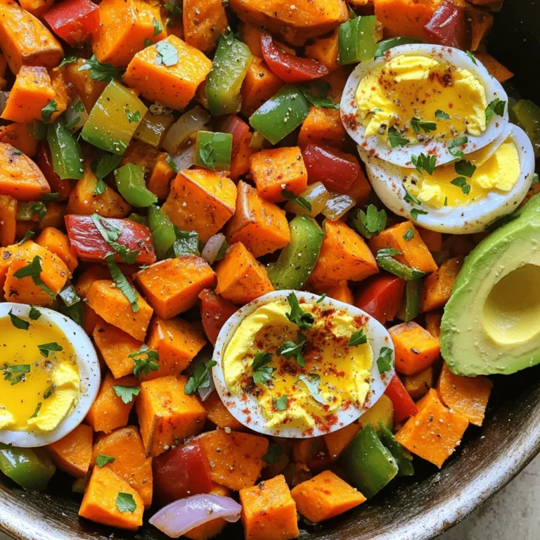 - Sweet Potatoes and Vegetables - 2 large sweet potatoes, peeled and diced - 1 red bell pepper, diced - 1 green bell pepper, diced - 1 small red onion, diced - 3 cloves garlic, minced Sweet potatoes are the star here. They add natural sweetness and a nice texture. Red and green bell peppers give color and crunch. The onion and garlic enhance the flavor. - Spices and Seasoning - 1 teaspoon smoked paprika - 1 teaspoon ground cumin - ½ teaspoon cayenne pepper (optional, for heat) - 2 tablespoons olive oil - Salt and pepper to taste Spices bring this dish to life. Smoked paprika adds a subtle smokiness. Ground cumin gives warmth, while cayenne pepper adds a kick if you want it spicy. Don't forget salt and pepper to balance everything. - Optional Additions (e.g., Eggs, Garnishes) - 4 large eggs (optional, for serving) - Fresh cilantro or parsley, chopped (for garnish) Eggs are a great addition. They make this meal hearty and satisfying. Fresh herbs like cilantro or parsley add a pop of color and freshness. You can use the [Full Recipe] to see how to put it all together! Cooking the Sweet Potatoes Start by heating two tablespoons of olive oil in a large skillet over medium heat. Once the oil is hot, add two large sweet potatoes, peeled and diced. Cook for about five minutes. You want to stir them occasionally. This step helps get the sweet potatoes slightly crispy on the edges. Adding Vegetables and Spices Next, add one small diced red onion to the skillet. Cook for about three to four minutes. The onion should become clear. Then, stir in three minced garlic cloves, one diced red bell pepper, and one diced green bell pepper. Add one teaspoon of smoked paprika and one teaspoon of ground cumin. If you like some heat, add half a teaspoon of cayenne pepper too. Cook for another five to seven minutes. The peppers should become tender, and the sweet potatoes should be fully cooked. Season with salt and pepper to taste. Incorporating Eggs (Optional) If you want to add eggs, make four small wells in the hash. Crack one egg into each well. Cover the skillet and cook until the eggs are set to your liking. This takes about five minutes for runny yolks. When everything is cooked, remove the skillet from the heat. Sprinkle fresh cilantro or parsley on top for a nice touch. For the full recipe, refer to the earlier section. Achieving Crispy Sweet Potatoes To get crispy sweet potatoes, cut them into small cubes. This helps them cook evenly. Use a hot skillet with olive oil. Let them cook without stirring too much. Stir every few minutes. This method keeps the edges crispy and golden. Seasoning to Taste Seasoning is key to a tasty hash. Start with smoked paprika and cumin for a warm flavor. Add salt and pepper as you go. Taste the mixture as it cooks. If you want heat, add cayenne pepper. Adjust the spices until it tastes just right. Timing the Eggs for Perfect Doneness If you add eggs, timing is important. Make small wells in the hash for the eggs. Cover the skillet with a lid. Cook for about five minutes for runny yolks. If you prefer firmer yolks, cook a few minutes longer. This way, your eggs turn out perfect every time. For the full recipe, refer to the detailed instructions. {{image_2}} You can easily customize your healthy sweet potato hash to fit your tastes. Here are some ideas to inspire your next dish. Feel free to mix in other colorful veggies. Consider adding spinach, kale, or zucchini. These will give your hash more nutrients and flavor. You can also use seasonal vegetables for variety. Just make sure to adjust the cooking time based on what you add. For example, softer veggies like spinach can cook quickly. If you want to add more protein, consider some tasty options. Cooked sausage, chicken, or turkey can work well. For a plant-based protein, add black beans or chickpeas. These options will keep you full and satisfied. If you prefer, you can skip the protein and enjoy the hash as a veggie delight. This hash is very versatile for different diets. To make it vegan, simply leave out the eggs. You can enjoy it with avocado or a dollop of vegan yogurt on top. This way, you still get creaminess. If you need it to be gluten-free, this recipe is already safe. Just ensure all your ingredients are gluten-free, especially any spices you use. For the full recipe, check out Healthy Sweet Potato Hash 🥔. When you have leftover healthy sweet potato hash, store it in an airtight container. This keeps the flavors fresh for another meal. Let the hash cool to room temperature before you put it in the fridge. It will stay good for up to four days. To reheat, warm it in a skillet over medium heat. Stir it often so it heats evenly. You can also use a microwave. Place the hash in a microwave-safe dish and cover it. Heat for about one to two minutes. Check if it’s hot all the way through before serving. For best results, if you added eggs, consider reheating them separately. This keeps the yolks from overcooking and becoming rubbery. Enjoy your delicious hash again, just like when it was fresh! Don't forget to check the [Full Recipe] for more tips and tricks! Yes, you can make this recipe ahead of time. Prepare the sweet potato hash and store it in the fridge. It keeps well for about three days. To reheat, just warm it in a skillet over medium heat. This saves time and gives you a quick meal later. If you want to substitute sweet potatoes, try regular potatoes or butternut squash. Both options will give a similar texture and taste. You can also use zucchini for a lighter version. Each choice brings a unique flavor to the dish. To make the hash spicy, add cayenne pepper or crushed red pepper flakes. Start with a small amount and taste as you cook. This way, you can control the heat level. You can also add jalapeños for a fresh kick. This blog post covered how to make a tasty sweet potato hash. We talked about key ingredients like veggies and spices. I shared step-by-step instructions, tips for crispy potatoes, and options for adding protein. You can also customize the dish by using different vegetables. Remember, leftovers are easy to store and reheat. Try this recipe for comfort food that's both healthy and delicious. With some twists and turns, you can make it your own. Enjoy your cooking!