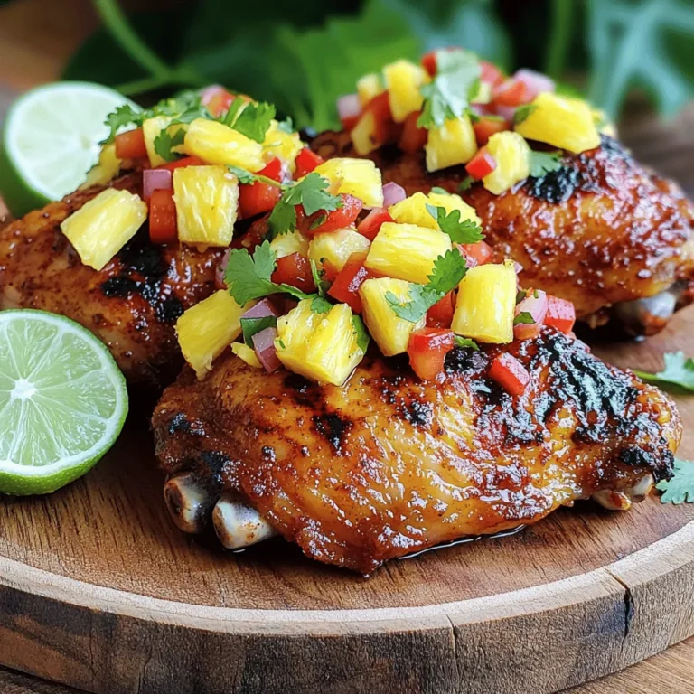 - 4 chicken thighs (bone-in, skin-on) - 2 tablespoons jerk seasoning - 1 tablespoon olive oil - Salt and pepper to taste - 1 ripe pineapple, diced - 1 red bell pepper, diced - 1 small red onion, finely chopped - 1 jalapeño, deseeded and minced - Juice of 1 lime - Fresh cilantro, chopped (for garnish) To start, take your chicken thighs. In a bowl, mix the jerk seasoning with olive oil, salt, and pepper. Coat the chicken well in this mix. Cover the bowl with plastic wrap. Refrigerate for at least 1 hour. For more flavor, marinate overnight. Next, grab another bowl. Dice the ripe pineapple, red bell pepper, and red onion. Mince the jalapeño after removing its seeds. Squeeze the juice of one lime into the bowl. Mix everything gently. Let the salsa sit for at least 15 minutes. This helps the flavors blend well. Now, preheat your grill or grill pan over medium-high heat. Take the chicken out of the marinade. Grill the thighs for 6-8 minutes on each side. Make sure the internal temperature reaches 165°F (75°C). The skin should look nicely charred and crispy. To get those perfect grill marks, place the chicken on the grill and leave it alone for a few minutes. Flip it only once. Maintain a steady medium-high heat for best results. You can add more spices to the jerk seasoning if you like heat. Fresh herbs, like thyme, can also boost flavor. Aim for at least 1 hour for marination to make each bite delicious. When serving, place the jerk chicken on a rustic wooden board. Spoon the fresh pineapple salsa on top. Garnish with chopped cilantro for a pop of color. Serve with lime wedges and extra pineapple chunks for a tropical touch. Feel free to try different marinades. You can use spicy BBQ sauce for a twist. If you want something lighter, try a lemon-garlic mix. Fish or tofu can also work well with jerk flavors. Mix in diced mango or avocado for a sweet twist in the salsa. Adjust the spice by adding more jalapeño or even a dash of hot sauce. This makes the dish customizable to your taste. Store leftover jerk chicken and salsa in airtight containers. Keep them in the fridge for up to 3 days. If you want to freeze, wrap the chicken tightly in foil. Place the salsa in a freezer-safe container. Thaw in the fridge overnight before reheating. Aim for at least 1 hour. Longer is better for deep flavor. Yes, chicken breasts work, but thighs stay juicier. Serve with rice, beans, or a fresh salad for balance. Yes, make it a day early for easier prep. Store it in the fridge. Check out the [Full Recipe] for detailed steps to enjoy this dish! This post shared an easy way to make jerk chicken with pineapple salsa. You learned about key ingredients, step-by-step cooking, and smart tips for grilling. Simple variations let you customize the flavor or try other proteins. Plus, I covered how to store leftovers to keep them fresh. Remember, great meals start with simple steps. Enjoy experimenting and sharing! Happy cooking!