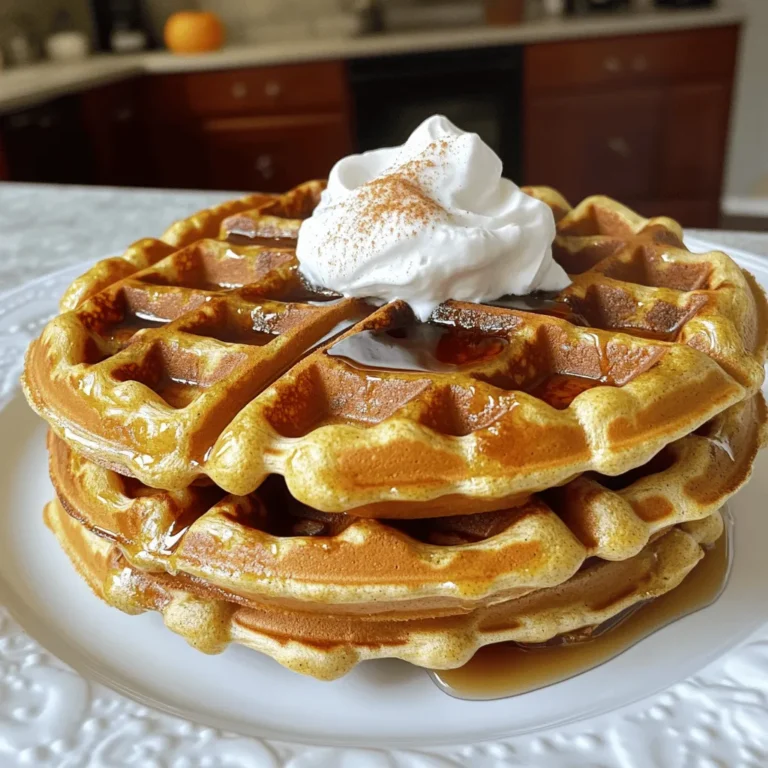 - 1 cup all-purpose flour - 1 cup whole wheat flour - 2 tablespoons brown sugar - 2 teaspoons baking powder - 1 teaspoon baking soda - 1 teaspoon ground cinnamon - 1 teaspoon ground nutmeg - 1/2 teaspoon ground ginger - 1/4 teaspoon ground cloves - 1/4 teaspoon salt - 1 cup pumpkin puree - 1 1/2 cups milk (dairy or non-dairy) - 2 large eggs - 1/4 cup melted butter or coconut oil - 1 teaspoon vanilla extract - Maple syrup - Whipped cream - Powdered sugar - Extra cinnamon To make perfect Pumpkin Spice Waffles, you need to gather all the right ingredients. Start with your flours. I use both all-purpose and whole wheat flour for a nice texture. Brown sugar adds a touch of sweetness that balances the spices well. Next, you have your leavening agents. Baking powder and baking soda work together to create fluffy waffles. The spices make this dish special. Ground cinnamon, nutmeg, ginger, and cloves give that warm, cozy taste we love in fall. Don’t forget the salt; it helps enhance all the flavors. Pumpkin puree is the star here. It adds moisture and that lovely pumpkin flavor. I prefer using fresh puree, but canned works just fine too. For the liquid, milk brings everything together; you can use dairy or a non-dairy option. Eggs bind the batter and add richness. Butter or coconut oil adds fat, making the waffles tender. Lastly, vanilla extract gives a lovely aroma. Don't skip the toppings! Maple syrup is a must, and whipped cream makes it feel special. A dusting of powdered sugar or cinnamon can take it to the next level. With these ingredients ready, you can follow the Full Recipe for a delightful breakfast treat. Preheat your waffle iron according to the manufacturer’s instructions. This step helps your waffles cook evenly and become crispy. In a large bowl, whisk together the following dry ingredients: - 1 cup all-purpose flour - 1 cup whole wheat flour - 2 tablespoons brown sugar - 2 teaspoons baking powder - 1 teaspoon baking soda - 1 teaspoon ground cinnamon - 1 teaspoon ground nutmeg - 1/2 teaspoon ground ginger - 1/4 teaspoon ground cloves - 1/4 teaspoon salt This mix gives your waffles their warm, spice flavor. In another bowl, mix the wet ingredients until smooth: - 1 cup pumpkin puree - 1 1/2 cups milk (dairy or non-dairy) - 2 large eggs - 1/4 cup melted butter or coconut oil - 1 teaspoon vanilla extract The pumpkin puree adds moisture and a rich taste. Pour the wet ingredients into the dry mix. Stir gently until just combined. A few lumps are okay; overmixing makes the waffles tough. Lightly grease the waffle iron if needed. Pour an appropriate amount of batter into the preheated iron. Cook until golden brown. This usually takes a few minutes. Serve your waffles hot. Drizzle with maple syrup, add whipped cream, and sprinkle cinnamon for extra flavor. Don't forget to check out the Full Recipe for more details! To make your waffles light and fluffy, follow these tips: - Use fresh baking powder and baking soda. This gives your waffles the lift they need. - Mix the batter until just combined. A few lumps are okay; overmixing can make them tough. - Let the batter rest for a few minutes before cooking. This helps the waffles rise better. - Preheat your waffle iron well. A hot iron ensures a crispy outside and soft inside. You can add fun twists to your pumpkin spice waffles. Here are some ideas: - Fold in chocolate chips for a sweet surprise. They melt and create a lovely gooey texture. - Add chopped nuts like walnuts or pecans for crunch. They bring a nice contrast to the soft waffles. - Mix in dried fruit, such as cranberries or raisins, for extra sweetness and chewiness. - Try a splash of maple extract for a deeper flavor. It pairs perfectly with pumpkin. Taking care of your waffle iron is key for great results. Here are some best practices: - Always preheat your waffle iron according to the manufacturer’s instructions. A hot iron cooks evenly. - Lightly grease the iron with butter or oil if needed. This prevents sticking and ensures a clean release. - Don't open the waffle iron too soon. Wait until the steam stops before checking for doneness. - Clean your waffle iron after each use. This keeps it in good shape and ready for your next batch. For the full recipe, check out the [Full Recipe]. {{image_2}} To make gluten-free pumpkin spice waffles, you can swap out the all-purpose flour. Use a gluten-free all-purpose flour blend instead. Make sure it has xanthan gum for the right texture. You can also add a bit of almond flour for extra flavor. This will give the waffles a nice nutty taste. Check the baking powder to ensure it is gluten-free as well. This simple change makes your breakfast safe for everyone. Want to make these waffles vegan? It's easy! Replace the eggs with flax eggs. Mix one tablespoon of ground flaxseed with three tablespoons of water for each egg. Let it sit for five minutes to thicken. Use almond milk or any other non-dairy milk instead of regular milk. Swap the butter for coconut oil or a vegan butter alternative. These changes keep the flavor while making it plant-based. You can add more fun to your pumpkin spice waffles. Try mixing in chocolate chips for a sweet twist. Nuts like walnuts or pecans add a crunchy texture. You can also use different spices. Try cardamom for a unique taste or allspice for a warm flavor. Adding a splash of maple extract can make it even more delicious. Feel free to experiment and find your favorite flavors! To keep your leftover waffles fresh, place them in an airtight container. You can also wrap them in plastic wrap or aluminum foil. Store them in the fridge for up to three days. When you want to eat them, just warm them up in the toaster or microwave. If you want to save waffles for later, freezing is a great option. First, let the waffles cool completely. Then, place a piece of parchment paper between each waffle. This prevents them from sticking together. Store them in a freezer bag or container. They can last up to three months in the freezer. To reheat, pop them in a toaster or bake them in the oven. This keeps them crispy. Waffles stored in the fridge last about three days. If frozen, they remain good for three months. After that, they may lose flavor and texture. Always check for any signs of spoilage before enjoying your waffles. Enjoy them fresh for the best taste! You can use several options if you don't have pumpkin puree. Here are some ideas: - Sweet potato puree: It has a similar texture and flavor. - Butternut squash puree: This option is also sweet and creamy. - Homemade pumpkin puree: Just roast fresh pumpkin until soft, then blend. Using these alternatives may change the flavor slightly, but they still taste great. To get your waffles nice and crispy, follow these tips: - Preheat your waffle iron: Make sure it’s hot before adding batter. - Use a little extra oil: Adding a bit more oil to the batter can help. - Don't overmix the batter: A few lumps are fine; this helps keep them light. - Cook longer: If they are not crispy enough, cook them a little longer. These tricks will help you achieve that perfect crunch. Yes, you can prepare the batter ahead of time. Here’s how: - Store in the fridge: Keep the batter in an airtight container for up to 24 hours. - Stir before use: Give it a gentle stir if it separates. Keep in mind that letting the batter sit too long may affect the rise. You can find pre-made pumpkin spice waffles in many stores. Check these places: - Supermarkets: Look in the frozen breakfast section. - Health food stores: They often carry organic or gluten-free options. - Online retailers: Websites like Amazon may have several brands available. Brands like Eggo and Nature's Path often sell great options. Toppings can enhance your pumpkin spice waffles. Here are some ideas: - Maple syrup: A classic choice that complements the spices well. - Whipped cream: Adds creaminess and sweetness. - Powdered sugar: A light dusting makes them look fancy. - Extra cinnamon: Sprinkle some on top for added flavor. These toppings will take your waffles to the next level! In this article, we explored how to craft perfect pumpkin spice waffles from scratch. We covered ingredient lists, step-by-step instructions, and tips for the best flavor and texture. I also shared ways to vary the recipe for gluten-free or vegan options, plus storage advice. Enjoying homemade waffles can be simple and fun. You can impress your family with these warm, delicious treats at breakfast or brunch. Give them a try, and savor every bite!