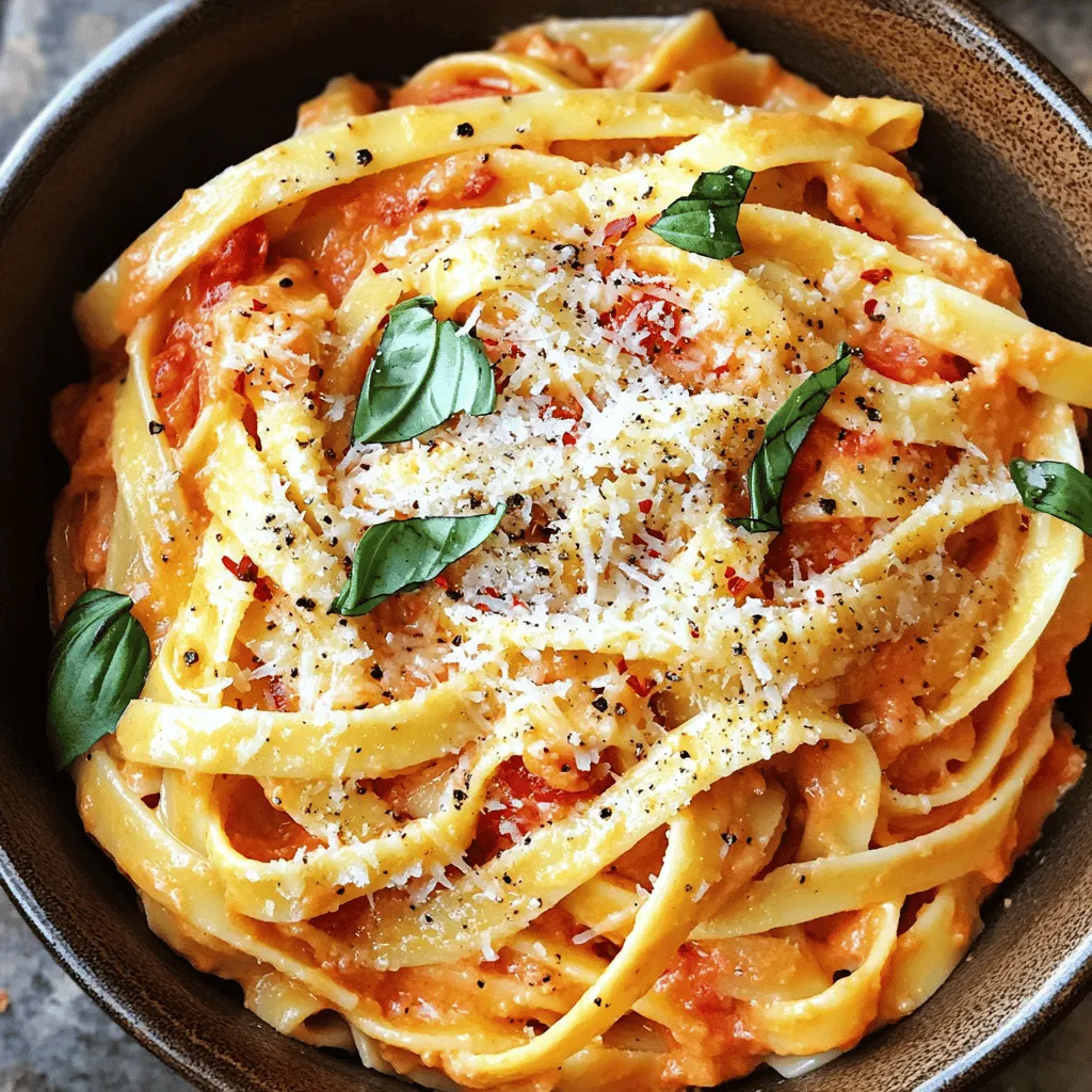 To make creamy tomato basil pasta, you need a few key items. Start with your choice of pasta. Fettuccine or penne works great. Next, gather the flavorings that will make your dish pop. You will need garlic, crushed tomatoes, and fresh basil. These ingredients bring out the best flavors. For the creamy base, you will need heavy cream and Parmesan cheese. Heavy cream gives the sauce richness, while Parmesan adds a savory touch. Here’s your list of essential ingredients: - 12 oz pasta (fettuccine or penne) - 2 tablespoons olive oil - 3 cloves garlic, minced - 1 can (14 oz) crushed tomatoes - 1 cup heavy cream - 1 cup fresh basil leaves, chopped - 1 teaspoon sugar - Salt and pepper to taste - ½ cup grated Parmesan cheese Feel like spicing things up? You can add red pepper flakes for some heat. This small addition can transform your dish. If you love herbs, feel free to include other spices. Oregano or thyme can enhance the flavor even more. Here’s a quick look at optional ingredients: - Red pepper flakes for heat - Additional herbs or spices Start by boiling a large pot of salted water. Bring the water to a rolling boil. Add 12 ounces of your chosen pasta, like fettuccine or penne. Cook according to the package instructions until the pasta is al dente. This means it should still have a slight bite when you eat it. After cooking, drain the pasta, but remember to save some of that pasta water. This water is starchy and will help thicken your sauce later. In a large skillet, heat 2 tablespoons of olive oil over medium heat. Once the oil is hot, add 3 cloves of minced garlic. Sauté the garlic for about one minute. You want it fragrant but not burnt. Next, pour in one can of crushed tomatoes. Stir in one teaspoon of sugar to balance the acidity. Season with salt and pepper to taste. Let the sauce simmer for about five minutes. This allows the flavors to blend nicely. Now, reduce the heat to low. Add one cup of heavy cream to the tomato mixture. Stir well to combine and let it cook for another 3-4 minutes. This will make your sauce creamy and rich. Then, add one cup of chopped fresh basil to the sauce and stir. If the sauce seems too thick, add a little bit of the reserved pasta water. This helps reach your desired consistency without losing flavor. Now, it’s time to combine everything. Add the cooked pasta to the sauce in the skillet. Toss the pasta with the sauce to coat it evenly. Cook for an additional two minutes on low heat. This helps the pasta absorb the sauce. Finally, remove the skillet from heat and stir in half a cup of grated Parmesan cheese. This adds a nice cheesy flavor. Adjust the seasoning if needed. Your creamy tomato basil pasta is now ready to serve! For more details, check the Full Recipe. To make your creamy tomato basil pasta perfect, focus on the sauce's texture. Start with the heavy cream. Pour it in slowly. Stir well and let it cook gently. This gives you that rich, creamy feel. If it feels too thick, use some reserved pasta water. This helps you find the right balance. Adjusting the seasoning is key. Taste as you cook. If it needs more flavor, add a pinch of salt or a dash of pepper. A little sugar can help cut the acidity of the tomatoes. This small step makes a big impact on taste. Want to save time? Use pre-cooked or refrigerated pasta. This cuts your cooking time in half. Just warm it up in the sauce for a few minutes. Prepare your ingredients ahead of time. Chop the garlic and basil before you start. This way, you can focus on cooking and mix everything smoothly. It helps make your cooking experience more enjoyable and less stressful. For the full recipe, check the detailed instructions above. {{image_2}} You can make this creamy tomato basil pasta lighter and healthier. Start by swapping heavy cream with lighter options. Try using Greek yogurt or cashew cream for a creamy texture with fewer calories. You can also use almond milk or coconut milk as a dairy-free alternative. Another great choice is using whole grain or gluten-free pasta. Whole grain pasta adds fiber and nutrients. Gluten-free pasta allows those with gluten intolerance to enjoy the dish. Both options work well with the creamy sauce and enhance the meal. To make your pasta more exciting, you can add vegetables like spinach or mushrooms. Fresh spinach adds color and nutrients, while mushrooms bring a rich, earthy taste. Sauté these veggies with your garlic for a flavorful boost. If you want to add protein, consider chicken or shrimp. Grilled chicken provides a hearty addition, while shrimp cooks quickly and adds a sweet flavor. Both pair well with the creamy sauce and make the dish more filling. For side dishes, consider a light salad. A simple green salad with vinaigrette complements the rich pasta. You might also serve garlic bread for a classic touch. It’s great for soaking up the extra sauce. When it comes to wine, a crisp white wine like Sauvignon Blanc works well. Its acidity cuts through the creaminess of the sauce. If you prefer red, a light Pinot Noir can also be a good match. Enjoying these pairings elevates your dining experience with creamy tomato basil pasta. For the full recipe, check out the section above. After you enjoy your creamy tomato basil pasta, store leftovers correctly. First, let the pasta cool to room temperature. Then, place it in an airtight container. In the fridge, it stays fresh for about three to four days. Make sure to label your container with the date. If you want to save it longer, freezing is a great option. Use freezer-safe bags or containers. You can freeze the pasta for up to three months. Just remember to divide it into portions for easy thawing later. When it’s time to reheat, keep it creamy and delicious. The best method is to use the stovetop. Add a splash of water or milk to the pan. Heat it over low to medium heat. Stir often to prevent sticking. If you use the microwave, cover the bowl. Heat in short bursts, stirring in between. This helps keep the creaminess intact. Avoid cooking it too long to prevent overcooked pasta. Enjoy your meal just as good as the first time! You can make this recipe vegetarian by skipping meat products. Instead of chicken or sausage, use vegetables like mushrooms, zucchini, or bell peppers. These add great flavor and texture. You can also toss in some cooked lentils or chickpeas for protein. Yes, you can prep this dish ahead of time! Cook the pasta and sauce separately. Store them in the fridge for up to two days. When ready to eat, just reheat the sauce and mix it with the pasta. This saves time on busy days. If you want a lighter dish, use half-and-half or whole milk instead of heavy cream. You can also try coconut cream for a dairy-free option. Silken tofu blended with a bit of milk works well too. These alternatives keep the creaminess without the full calories. This creamy tomato basil pasta lasts in the fridge for about three days. Store it in an airtight container to keep it fresh. When you want to enjoy it again, just reheat it on low heat. You can use many herbs to change the flavor of this dish. Try oregano for an Italian twist or thyme for a warm taste. Fresh parsley adds a nice touch too. For a bit of spice, use cilantro. Each herb brings its unique flavor, making your meal special. This blog post explored how to make creamy tomato basil pasta. We discussed key ingredients like pasta, garlic, and fresh basil. I shared step-by-step instructions for cooking and preparing the sauce. You learned tips for achieving the perfect creamy consistency, and variations to make it lighter or add flavors. In conclusion, enjoy this dish in any way you wish. Its versatility makes it easy to personalize. Remember to experiment with flavors and ingredients to suit your taste. Your pasta creation will surely impress anyone who tries it!
