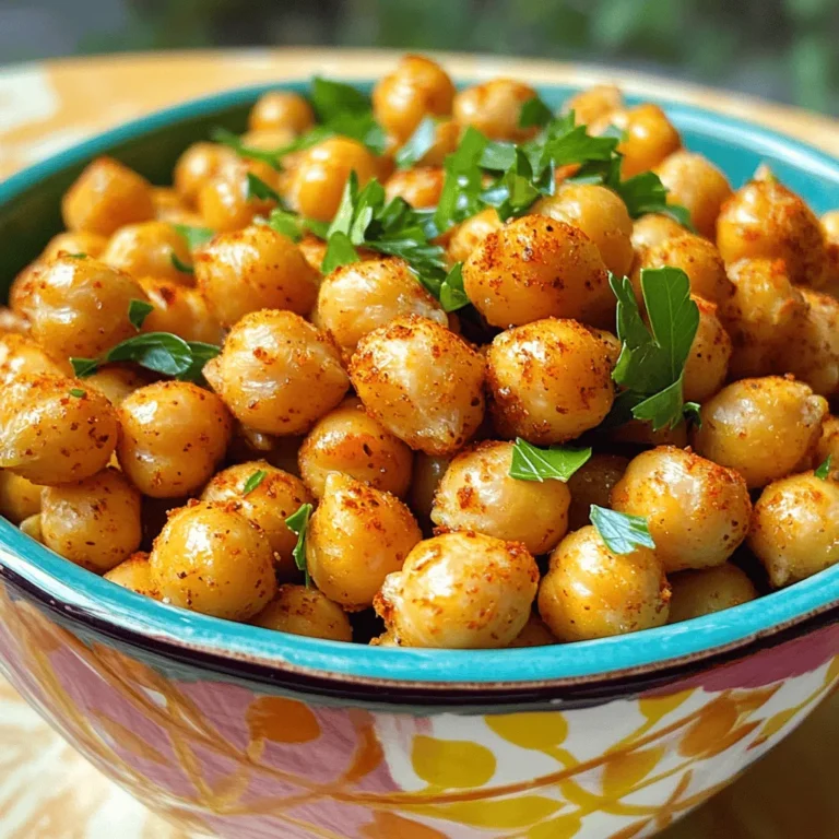 To make easy roasted chickpeas, you need just a few key items. Here’s what you will need: - 1 can (15 oz) chickpeas, drained and rinsed - 2 tablespoons olive oil - 1 teaspoon smoked paprika - 1 teaspoon garlic powder - 1/2 teaspoon cumin - 1/2 teaspoon ground coriander - 1/4 teaspoon cayenne pepper (adjust to taste) - Salt to taste These ingredients form the base of the recipe. The chickpeas give you protein and fiber, while the olive oil helps them crisp up. The spices add flavor that makes them truly enjoyable. You can easily change up the taste with some optional spices. Try adding: - 1 teaspoon onion powder - 1 teaspoon Italian seasoning - A squeeze of lemon juice - A dash of hot sauce Feel free to mix and match these spices. The more you play around, the more fun flavors you can create! Garnishes can make your roasted chickpeas stand out. I suggest: - Fresh parsley, chopped - A sprinkle of nutritional yeast for a cheesy flavor - Sliced green onions These garnishes not only add color but also provide a fresh touch. Whether you want to keep it simple or fancy, these options enhance your dish. For the full recipe, refer back to the beginning. Start by preheating your oven to 400°F (200°C). Next, take one can of chickpeas and drain them well. Rinse the chickpeas under cold water to remove any canning liquid. This keeps the flavor fresh. Once rinsed, pat the chickpeas dry with paper towels. Removing moisture is key for that perfect crunch. If they are wet, they won't get crispy. In a large mixing bowl, add the dry chickpeas. Pour in two tablespoons of olive oil. This helps the spices stick and adds flavor. Next, sprinkle in one teaspoon each of smoked paprika and garlic powder. Add half a teaspoon of cumin and ground coriander for warmth. For a bit of heat, include a quarter teaspoon of cayenne pepper. You can adjust this to make it spicier or milder. Finish with salt to taste. Toss everything well until all the chickpeas are coated. Spread the seasoned chickpeas on a baking sheet lined with parchment paper. This makes cleanup easy. Roast the chickpeas in your preheated oven for about 20 to 30 minutes. Make sure to stir them every 10 minutes. This ensures even cooking. The chickpeas are done when they look golden brown and feel crispy. After roasting, let them cool for a few minutes. They will crisp up even more as they cool. Garnish with fresh chopped parsley for a pop of color. For the full recipe, refer to the previous section. To get the best crunch, start by drying your chickpeas well. After you rinse them, use paper towels to soak up extra moisture. This step is key! If they are wet, they won’t crisp up. Once dry, coat them evenly with olive oil and spices. Spread them in a single layer on your baking sheet. This helps them roast evenly. Stir them every ten minutes while they cook. This ensures all sides get golden and crunchy! One common mistake is skipping the drying step. Wet chickpeas won’t turn crunchy. Another mistake is overcrowding the pan. If they are too close, they will steam instead of roast. Lastly, don’t skip the stirring! If you leave them alone, some may burn while others stay soft. Follow these tips, and you will have perfect roasted chickpeas! Serve your crispy chickpeas in a bright bowl. They make a great snack or a topping for salads. You can also pair them with a dip, like tahini sauce or vegan yogurt. For a fun twist, sprinkle some extra spices on top right before serving. Enjoy these tasty bites with friends or as a healthy snack during movie night! For the full recipe, check out the detailed instructions above. {{image_2}} You can change the flavor of roasted chickpeas easily. Try a mix of spices. For a savory blend, use onion powder, chili powder, and a touch of thyme. For a Mediterranean twist, combine oregano, lemon zest, and a pinch of salt. If you love herbs, add rosemary or dill for freshness. The options are endless! You can make chickpeas spicy or sweet. For a spicy kick, increase the cayenne pepper. Add some chili flakes for more heat. If you prefer sweet, try cinnamon with a little sugar or maple syrup. This gives a warm, sweet touch. Sweet chickpeas make a great snack or dessert! Boost the flavor by adding extra ingredients. Toss in some nuts or seeds for crunch. You can even mix in dried fruit like raisins or cranberries for a sweet surprise. Another idea is to add garlic cloves while roasting. They will soften and add a rich garlic flavor. These additions make the snack even more exciting and tasty! For the full recipe, check out the [Full Recipe]. After enjoying your roasted chickpeas, let them cool completely. Place them in an airtight container. This keeps them fresh and crunchy. If you do not have an airtight container, use a zip-top bag. Make sure to squeeze out as much air as possible before sealing. Roasted chickpeas are best when fresh, but you can reheat them. Preheat your oven to 350°F (175°C). Spread the chickpeas on a baking sheet in a single layer. Bake for about 10 minutes, or until they are warm and crispy again. Avoid microwaving them; this can make them soft. Properly stored roasted chickpeas last about 3 to 4 days. Keep them away from heat and moisture. For longer storage, consider freezing them. Just make sure to use a freezer-safe container. When ready to eat, let them thaw in the fridge overnight, then reheat as mentioned above. Enjoy keeping your snacks tasty and fresh! Yes, you can use dried chickpeas. First, soak them in water overnight. This helps them soften. After soaking, cook them until they are tender. This usually takes about an hour. Then, drain and rinse them well. Follow the same steps in the Full Recipe for seasoning and roasting. Using dried chickpeas might take longer but can add a fresher taste. Roasted chickpeas are very versatile. You can serve them as a snack on their own. They also make a great salad topper. Try adding them to grain bowls for crunch. For a fun twist, serve them with vegan yogurt or tahini sauce for dipping. You can even mix them into trail mix for a healthy snack. You will know they are done when they are golden brown and crunchy. Check them around the 20-minute mark. Stir them every 10 minutes to ensure even cooking. If they look dry and crispy, they are ready. Let them cool slightly after roasting. They will get crunchier as they cool down. Easy roasted chickpeas are a healthy and tasty snack. We covered ingredients, from essentials to fun seasonings. You learned how to prepare, coat, and roast your chickpeas to crispy perfection. I shared tips to avoid common mistakes and ways to serve them. You can also explore flavor variations and proper storage. Keep this guide on hand for your next snacking adventure! Enjoy your delicious roasted chickpeas, and make them your own.