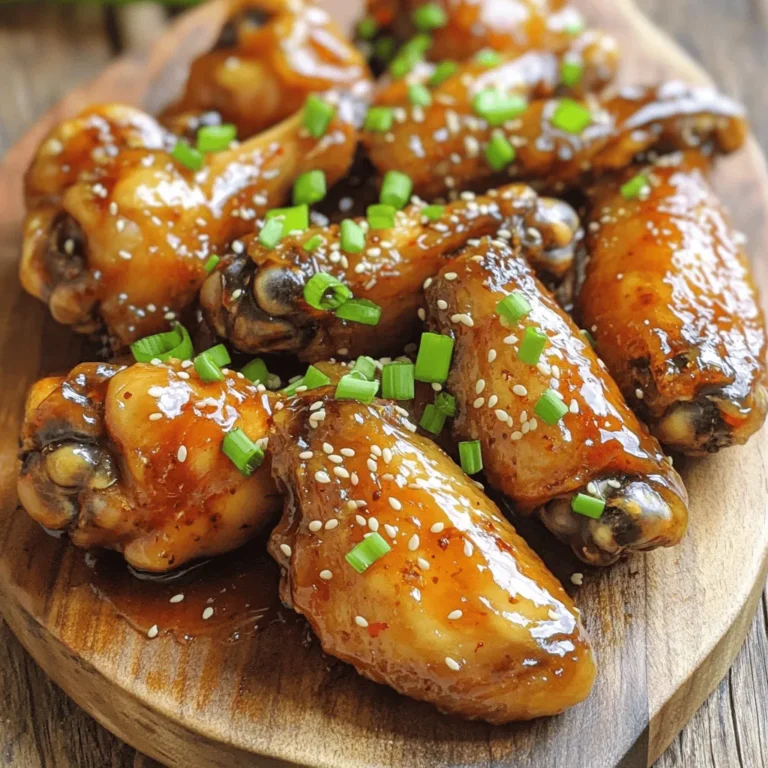 - 2 pounds chicken wings - 1/2 cup honey - 1/4 cup low-sodium soy sauce - 3 tablespoons minced garlic - 1 tablespoon fresh ginger, grated - 1 tablespoon rice vinegar - 1 teaspoon sesame oil - 1/2 teaspoon black pepper - 1 tablespoon cornstarch (optional for thickening) - 2 tablespoons green onions (for garnish) - Sesame seeds (for garnish) Let's dive into why these ingredients make Honey Garlic Chicken Wings so special. First, the chicken wings give a great base. They are juicy and perfect for absorbing flavors. Next, honey adds sweetness and a sticky texture. It caramelizes beautifully when cooked. The low-sodium soy sauce brings a savory taste that balances the honey. This mix creates a flavor that will make your taste buds dance. Now, let's talk about the flavor enhancers. Minced garlic gives a strong, aromatic kick. Fresh ginger adds warmth and depth. Rice vinegar brightens the sauce, cutting through the sweetness. Together, they create a rich, well-rounded flavor profile. For the additional ingredients, sesame oil adds a nutty note. Black pepper gives a subtle heat. If you want a thicker sauce, cornstarch can help. Finally, the green onions and sesame seeds make a lovely garnish. They add color and a fresh crunch. You can find the full recipe here, and you'll see how easy it is to make these tasty wings. - Preheat the oven to 400°F (200°C). - Rinse and dry the chicken wings thoroughly. This helps them get crispy. - In a bowl, whisk together: - 1/2 cup honey - 1/4 cup soy sauce - 3 tablespoons minced garlic - 1 tablespoon fresh ginger, grated - 1 tablespoon rice vinegar - 1 teaspoon sesame oil - 1/2 teaspoon black pepper - Optionally, add 1 tablespoon of cornstarch for thickening. - Place the wings in a bowl, then pour the marinade over them. - Make sure each wing is fully coated. Cover and refrigerate for 30 minutes to 2 hours. - Arrange wings on a wire rack over a baking sheet. Bake for 25-30 minutes, flipping halfway. - In the last 5 minutes, pour remaining marinade into a saucepan. Heat it until boiling, then simmer for 3-5 minutes until thickened. - Brush the baked wings with the glaze for extra flavor. - Garnish with chopped green onions and sesame seeds before serving. Enjoy your sticky honey garlic chicken wings! For the full recipe, see above. - Choose the right type of chicken wings: Look for fresh or frozen wings that are meaty and plump. Split wings or whole wings work well. Both have their charm. - Importance of drying wings for crispness: After rinsing, pat the wings dry with paper towels. This helps them get crispy when cooked. Moisture is the enemy of crispiness. - Marination time tips for optimal taste: Marinate your wings for at least 30 minutes. For the best flavor, aim for 2 hours. This allows the honey garlic mix to soak in well. - How to balance sweetness and savoriness in the sauce: Use the right amount of soy sauce and honey. A half-cup of honey balances with a quarter-cup of soy sauce. This mix gives you both sweet and salty. - Alternative cooking methods: You can grill or fry the wings. Grilling gives a nice smokey flavor. Frying makes them extra crispy. Both options are tasty. - Tips for monitoring doneness and crispiness: Use a meat thermometer for doneness. The wings should reach 165°F. Keep an eye on the color. They should be golden brown and crispy. For the full recipe, check out the [Full Recipe]. {{image_2}} You can easily change up the taste of your honey garlic chicken wings. One option is to add chili flakes for a spicy kick. This addition pairs well with the sweet honey. If you want an Asian twist, add some sesame oil and chopped green onions. These flavors make the wings even more special and delicious. You can cook wings in different ways. Oven-baking is a popular method. It gives the wings a nice crispness. You can also use an air fryer. This method cooks wings faster while keeping them juicy. For an easier prep, try slow cooking. Just set it and forget it while the flavors blend together. When serving these wings, think about side dishes. Coleslaw adds a crunchy texture. Potato wedges are another great choice for a hearty meal. For dipping, offer a variety of sauces. Ranch or blue cheese can balance the sweetness of the wings. You can find the full recipe for these tasty wings [Full Recipe]. After you enjoy your honey garlic chicken wings, store any leftovers. First, let them cool to room temperature. This helps keep them fresh. Use an airtight container for storage. These containers keep air out and prevent the wings from drying. You can refrigerate cooked wings for up to three days. If you want them to last longer, freezing is a great option. To reheat your wings, you want them crispy again. The oven is the best method for this. Preheat your oven to 375°F (190°C). Place the wings on a baking sheet lined with foil. Heat them for about 10-15 minutes, flipping halfway through. This helps them crisp up nicely. If you are in a hurry, you can use the microwave. But be careful; it may make them a bit soggy. Heat them in a microwave-safe dish for 1-2 minutes. Check them often to avoid overcooking. You can freeze both raw and cooked chicken wings. If freezing raw wings, keep them in their original packaging. Wrap them well in plastic wrap or foil. This helps prevent freezer burn. You can store them this way for up to six months. For cooked wings, let them cool first. Place them in an airtight container or freezer bag. You can freeze cooked wings for up to three months. When you are ready to eat, just thaw them in the fridge overnight before reheating. For the full recipe, check out the Sticky Honey Garlic Chicken Wings. Honey garlic chicken wings are not spicy. They have a sweet and savory flavor. However, you can add heat if you like spice. Just stir in some red pepper flakes or a dash of hot sauce into the marinade. Start with a small amount. You can always add more heat later. Yes, you can use frozen chicken wings. Make sure to thaw them before cooking. To thaw, place the wings in the fridge overnight. If you're short on time, you can use the cold water method. Seal the wings in a bag and submerge them in cold water for about an hour. Once thawed, follow the recipe as normal. Check the internal temperature of the wings. They should reach 165°F (74°C). You can use a meat thermometer for this. Look for a nice golden brown color on the outside. The juices should run clear when you cut into them. If they're still pink, they need more time. These wings pair well with several side dishes. Consider serving coleslaw for crunch and freshness. Potato wedges also work great. You can try a simple salad for balance. If you want something fun, serve with crispy onion rings. Each of these sides adds a tasty touch to your meal. Yes, you can bake the wings in advance. Cook them, then let them cool completely. Store them in an airtight container in the fridge. To reheat, place them on a baking sheet. Bake at 350°F (175°C) for about 10-15 minutes. This keeps them crispy and tasty. For the best flavor, brush them with extra glaze before serving. For the full recipe, check out the sticky honey garlic chicken wings section. This blog post detailed how to make Honey Garlic Chicken Wings from start to finish. You learned about the key ingredients and steps needed to create the perfect marinade. I also shared tips to enhance flavor and achieve that ideal crispiness. Remember, you can easily alter recipes to suit your taste. Serve these wings with your favorite sides for a complete meal. Enjoy the process and have fun experimenting with different flavors!
