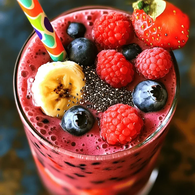 To make the Banana Berry Blast Protein Shake, gather these simple ingredients: - 1 ripe banana, sliced - 1 cup mixed berries (strawberries, blueberries, raspberries) - 1 cup unsweetened almond milk (or any milk of choice) - 1 scoop vanilla protein powder - 1 tablespoon almond butter - 1 tablespoon chia seeds (optional) - 1 teaspoon honey or maple syrup (adjust based on sweetness preference) - Ice cubes (optional for a chilled shake) Each ingredient in this shake brings unique benefits: - Banana: Offers potassium, which helps muscle function and heart health. - Mixed berries: Packed with antioxidants, vitamins, and fiber. They support your immune system and help with digestion. - Almond milk: Low in calories and rich in vitamin E. It’s a great dairy-free option that hydrates. - Vanilla protein powder: Provides essential proteins for muscle repair and growth. - Almond butter: Contains healthy fats and adds creaminess. It also gives a good dose of protein. - Chia seeds: A source of omega-3 fatty acids and fiber. They support heart health and keep you full longer. - Honey or maple syrup: Natural sweeteners that provide energy and antioxidants. - Ice cubes: Make your shake cool and refreshing. If you have allergies, here are some easy swaps: - Banana: You can use avocado for creaminess and healthy fats. - Berries: Try other fruits like mango or peaches if you are allergic. - Almond milk: Use soy milk, oat milk, or coconut milk for a different flavor. - Protein powder: Choose a plant-based protein or egg white protein if needed. - Almond butter: Sunflower seed butter works well for nut allergies. - Chia seeds: Ground flaxseeds can be a good substitute. - Honey or maple syrup: Use agave syrup or stevia for a lower-calorie option. These options ensure everyone can enjoy this tasty shake without worry. Start by getting your ingredients ready. First, slice one ripe banana into small pieces. Next, gather one cup of mixed berries. You can use strawberries, blueberries, or raspberries. Measure out one cup of unsweetened almond milk. If you want a nutty flavor, grab one tablespoon of almond butter. You can also include one tablespoon of chia seeds if you like. Finally, prepare one scoop of vanilla protein powder. In a blender, add the sliced banana and mixed berries. Pour in the almond milk, then add the vanilla protein powder and almond butter. If you chose to use chia seeds, toss those in too. For a sweet touch, drizzle in one teaspoon of honey or maple syrup. If you want a cool shake, toss in a handful of ice cubes. Blend everything on high until the mixture is smooth and creamy. If needed, pause to scrape down the sides of the blender. Taste the shake and adjust the sweetness if you want more. Blend for a few more seconds to mix well. For the best shake, use ripe bananas. They add natural sweetness and creaminess. If your shake is too thick, add a little more almond milk. If it’s too thin, add more frozen berries or ice cubes. Always blend until it’s smooth—this makes a big difference! To make it look fun, garnish with whole berries and chia seeds on top. Enjoy your Banana Berry Protein Shake! For the complete recipe, check the [Full Recipe]. You can adjust the sweetness in your shake easily. Start with a teaspoon of honey or maple syrup. Blend, then taste the shake. If you want it sweeter, add more syrup gradually. This way, you control the sweetness to suit your taste. You can also use ripe bananas for natural sweetness. They add flavor and nutrients without extra sugar. The best time to drink your shake is after exercise. It helps your body recover and refuel. You can also enjoy it as a quick breakfast or snack. If you feel hungry, it’s a great choice. Drinking it in the morning gives you energy to start your day. It’s perfect when you need a boost. Some steps can make a big difference in your shake. Always slice the banana, so it blends well. If you use frozen berries, skip the ice cubes. They can make your shake too thick. Don’t forget to scrape down the sides of your blender. This ensures all ingredients mix properly. Lastly, make sure to blend until smooth. A creamy texture makes it more enjoyable. For the full recipe, check out the Banana Berry Blast Protein Shake! {{image_2}} You can mix it up with different fruits. Try using mango, pineapple, or peach. These fruits add a fun twist. You can even use spinach for a green boost! Mixing fruits keeps your shake exciting and tasty. You can also use frozen fruit to make your shake colder and thicker. You can choose various protein powders based on your taste. Vanilla protein powder adds a sweet touch. Chocolate protein powder gives a rich flavor. Plant-based protein is great for vegans. You can also use whey protein for extra creaminess. Each type will change the shake's taste, so pick what you like best. If you need dairy-free options, use coconut milk or soy milk. These milks work well with the shake. For nut-free choices, skip almond butter. You can use sunflower seed butter instead. This change keeps your shake safe for those with nut allergies. Always check labels to ensure the products are safe for your needs. To store your Banana Berry Protein Shake, use an airtight container. This keeps your shake fresh and tasty. Avoid using a regular glass jar, as it may not seal well. When you finish your shake, pour any leftovers into the container. Make sure to chill it in the fridge right away. This helps prevent spoilage. If you want to make your shake ahead of time, consider freezing it. Pour the shake into ice cube trays. Once frozen, transfer the cubes to a freezer-safe bag. This way, you can blend them later for a quick smoothie. Just add a little almond milk when you blend the frozen cubes. You can store your shake in the fridge for up to 24 hours. After that, it may lose its taste and texture. If frozen, the shake can last for about two months. When you’re ready to enjoy, just blend the cubes until smooth. For the full recipe, check out the details above. A Banana Berry Protein Shake has about 20-25 grams of protein. This depends on the protein powder you use. The vanilla protein powder adds a good amount of protein. The almond butter also adds healthy fats and some protein. You can check your protein powder's label for exact numbers. Yes, you can make this shake ahead of time. It stays fresh in the fridge for up to 24 hours. Just blend all the ingredients and store it in a sealed jar. If you want it colder, add ice before drinking. Shake it well if it separates. Absolutely! This shake is great for post-workout recovery. It gives your body protein to help rebuild muscles. The carbs from the banana and berries help restore energy. Drink it within 30 minutes after your workout for the best results. Enjoy your nourishing shake! This blog post covered the key elements to make a delicious Banana Berry Protein Shake. We discussed the ingredients, their benefits, and safe swaps for allergens. I shared step-by-step instructions for prepping and blending to get that perfect consistency. You learned tips for adjusting sweetness and times to drink the shake. We also explored creative variations and proper storage practices. By following these guidelines, you'll enjoy a tasty and nutritious shake that fits your needs. Enjoy your shake journey!