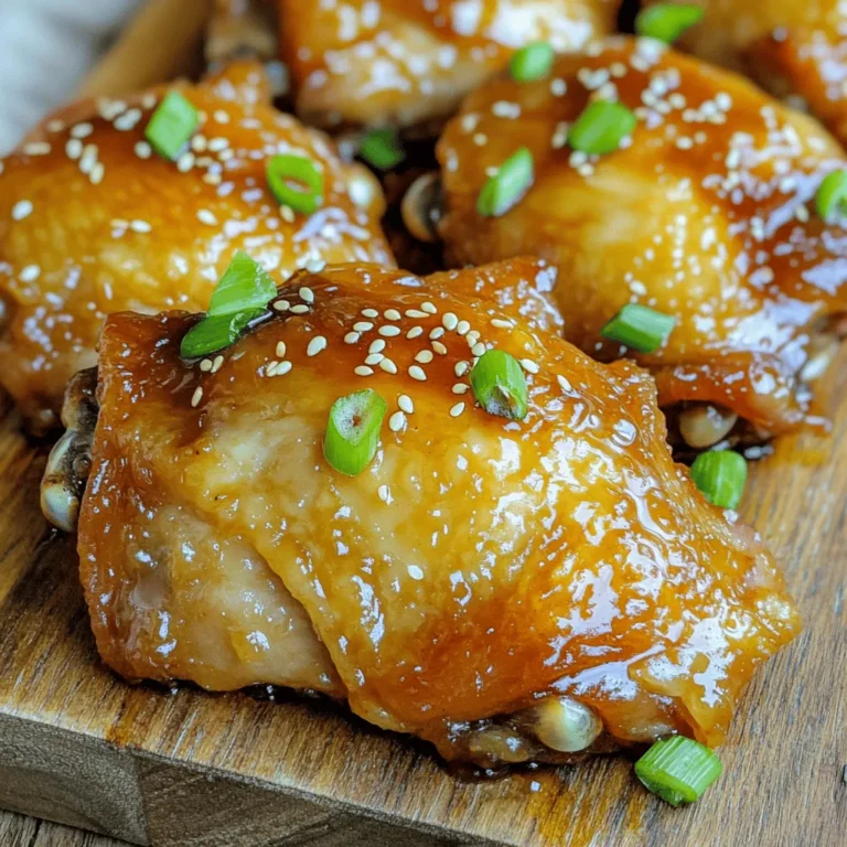 - 4 chicken thighs, bone-in and skin-on - 1/4 cup honey - 1/4 cup soy sauce (low sodium preferred) - 4 cloves garlic, minced - 1 tablespoon fresh ginger, grated - Salt and pepper to taste - 1 teaspoon sesame oil - 1 tablespoon olive oil - 2 green onions, sliced (for garnish) - Sesame seeds (for garnish) When making honey garlic chicken thighs, choose fresh, high-quality ingredients. The chicken thighs should be bone-in and skin-on. This keeps the meat juicy and adds flavor. The combination of honey and soy sauce creates a sweet and savory glaze that makes the dish pop. The garlic and ginger bring warmth and depth to the flavor. Fresh garlic adds a strong taste, while ginger offers a nice zing. Don't skip the salt and pepper; they help enhance all the flavors. Using sesame oil adds a nutty aroma, while olive oil helps to sear the chicken. The green onions and sesame seeds are perfect garnishes that elevate the dish's look and taste. For the full recipe, check out the details provided earlier. This dish is easy and sure to impress everyone at your table! Start by whisking together honey, soy sauce, minced garlic, ginger, and sesame oil. This mix is your marinade and glaze. It gives the chicken a sweet and savory flavor. Make sure everything blends well. This step sets the stage for great taste. Next, season the chicken thighs with salt and pepper. Get both sides nice and seasoned. Then, heat olive oil in a big skillet over medium-high heat. Once the oil is hot, place the chicken thighs in the pan, skin side down. Sear for about 6-8 minutes. The skin should turn golden brown and crispy. This step locks in flavor and texture. After searing, flip the chicken thighs over. Pour the honey garlic mix over them. Let the sauce gently simmer. Now, reduce the heat to low and cover the skillet. Cook for 15-20 minutes until the chicken reaches 165°F (75°C). This ensures the chicken is juicy and tender. Once cooked, remove the cover and turn the heat back to medium-high. Let the sauce reduce for about 5 minutes. Stir occasionally. The glaze should thicken slightly. This step makes the dish even richer. Now, you’re ready to enjoy this honey garlic chicken. Serve it drizzled with the thickened sauce and maybe some green onions and sesame seeds on top. This adds a fresh touch. For the full recipe, check out the provided details. To get that tasty, crispy skin, start by searing the chicken thighs. Sear them skin side down for 6 to 8 minutes. Make sure your skillet is hot before adding the chicken. This high heat helps crisp the skin. After searing, flip the thighs and continue cooking them with the sauce. This method locks in flavor and keeps the skin crunchy. Resting is key for juicy chicken. After cooking, let the thighs sit for a few minutes. This step helps the juices spread throughout the meat. To check if the chicken is done, use a meat thermometer. The internal temperature should reach 165°F (75°C). If you don’t have a thermometer, cut into the thickest part. If the juices run clear and the meat is no longer pink, it’s ready. You can easily tweak the sweetness of the sauce. If you like it sweeter, add more honey. If you prefer less sweetness, reduce the honey and add a splash of vinegar. For fun garnishes, try adding toasted nuts or herbs. You can also use lime or orange zest for a fresh twist. Experiment with these flavors to make the dish your own. For full instructions on making this dish, check out the Full Recipe for Honey Garlic Chicken Thighs. {{image_2}} You can easily add heat to your honey garlic chicken. Just sprinkle in some chili flakes or mix in sriracha for a spicy twist. This adds a kick without losing the sweet flavor. Start with a pinch and taste. Adjust until it’s just right for you. This spicy version is perfect for those who love bold flavors. Adding vegetables makes this dish more colorful and nutritious. Bell peppers and broccoli work great in this recipe. Chop them into bite-sized pieces and toss them in the skillet with the chicken. They soak up the sweet sauce and add a nice crunch. This twist enhances both taste and texture, making your meal more exciting. Grilling gives a smoky flavor to your chicken thighs. Marinate your chicken as usual, then place them on a hot grill. Cook for about 6-8 minutes on each side. Brush some of the honey garlic sauce on during grilling for extra flavor. Make sure to check that they reach an internal temperature of 165°F. This method creates a delicious char and takes your dish to the next level. For the full recipe, check out the complete guide. To keep your honey garlic chicken thighs fresh, use airtight containers. Glass or plastic containers work well. Make sure to let the chicken cool down before sealing. This helps prevent moisture buildup. Store leftovers in the fridge for up to three days. To reheat, place your chicken thighs in a skillet over low heat. Add a splash of water or chicken broth to keep them moist. Cover to retain heat and steam. This method helps keep the chicken juicy and flavorful. You can also use a microwave, but be careful not to overcook. To freeze honey garlic chicken thighs, place them in a freezer-safe bag. Squeeze out as much air as you can. This prevents freezer burn. They can last up to three months in the freezer. When ready to eat, thaw them in the fridge overnight. You can also use the microwave for quick thawing. Make sure to cook the chicken immediately after thawing for best taste and safety. For the full recipe, check out Honey Garlic Chicken Thighs. Yes, you can use boneless chicken thighs. They cook faster than bone-in thighs. This means you will need to reduce the cooking time. Boneless thighs usually take about 10-15 minutes less to cook. The texture will also be different. Bone-in thighs have a richer flavor and remain juicier. Boneless thighs may turn out a bit drier if overcooked. Keep an eye on them to avoid this issue. If you don’t have honey, there are good options. Maple syrup is a great choice. It adds a nice sweetness and flavor. You can also use agave nectar. Brown sugar mixed with a bit of water works too. This mix gives a similar sweetness. Each option will change the taste slightly, but it should still be tasty! To check if the chicken is done, use a meat thermometer. Insert it into the thickest part of the thigh. The chicken should reach 165°F (75°C). This ensures it is safe to eat. If you don’t have a thermometer, cut into the chicken. The juices should run clear, not pink. Always check in the thickest part for the best results. In this blog post, we explored how to make honey garlic chicken thighs. We discussed key ingredients and their roles, shared step-by-step cooking instructions, and included tips for crispy skin and juicy meat. We also covered variations and storage methods. Remember, cooking can be fun and flexible. Feel free to adjust flavors and add your own twist. Experimenting with your meal makes it truly yours. Enjoy making this dish and delighting your taste buds!