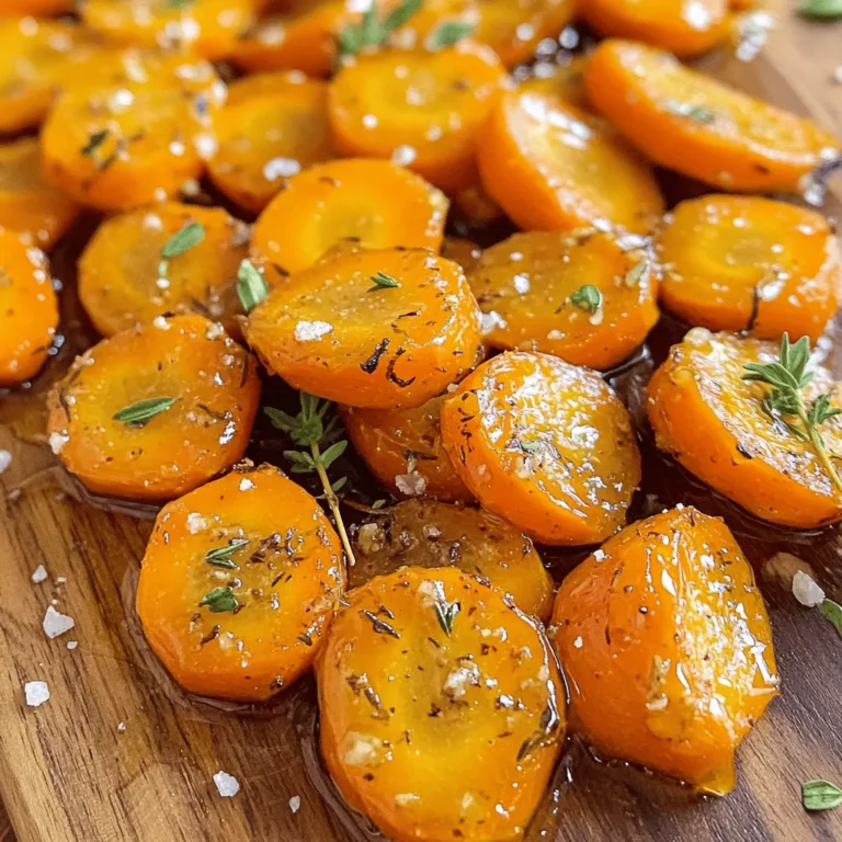 - Baby carrots or medium carrots - Honey - Garlic - Olive oil - Thyme - Salt and pepper - Fresh parsley When I make honey garlic roasted carrots, I love to use fresh baby carrots. They are sweet, tender, and perfect for roasting. If you can’t find them, medium carrots work well too. Just peel and cut them into sticks. Next, I grab some honey. Honey adds a nice sweetness and helps with caramelization. Fresh garlic is key too. Mince three cloves for a bold flavor. Olive oil keeps the carrots moist and helps the honey stick. I use fresh thyme for its earthy taste. Dried thyme works too if that's what you have. And don’t forget the salt and pepper! They bring out the flavors. Finally, fresh parsley is a great way to finish the dish. It adds color and freshness to your plate. This simple list of ingredients makes for a wholesome side dish. You can check out the Full Recipe for detailed steps to make this delicious dish come to life! You can use many types of carrots for this dish. Baby carrots work great, but regular carrots taste just as good. Try rainbow carrots for color and fun. Their sweet notes add beauty to your plate. Adding spices or herbs can change the flavor. You can mix in some cumin for warmth or paprika for a kick. Fresh herbs like rosemary or dill can also brighten your carrots. Feel free to experiment and find your favorite mix! Air frying honey garlic carrots creates a crispy texture. Set your air fryer to 375°F (190°C). Cook the carrots for about 15-20 minutes, shaking the basket halfway through. This method keeps the flavors and adds a new crunch. Grilling is another tasty option. Toss the carrots in the honey garlic mix, then place them on a grill basket. Cook over medium heat for about 10-15 minutes. This gives a smoky flavor that pairs well with any meal. After making honey garlic roasted carrots, store leftovers in the fridge. Use an airtight container to keep them fresh. Carrots stay tasty for up to three days. When you're ready to eat them, reheat in the oven or microwave. If using the oven, warm them at 350°F (175°C) for about 10 minutes. This helps them regain some crispness. Yes, you can freeze cooked carrots! To freeze, place cooled carrots in a freezer-safe bag. Squeeze out as much air as possible. They can last up to three months in the freezer. When you want to eat them, take them out and thaw in the fridge overnight. For quick thawing, you can also place the bag in cold water. Once thawed, reheat in a skillet or microwave until hot. Enjoy those sweet flavors anytime! {{image_2}} What are honey garlic roasted carrots? Honey garlic roasted carrots are tender carrots baked with a sweet and savory sauce. The mix of honey and garlic creates a tasty glaze. They caramelize in the oven, giving a delicious flavor. This dish makes a great side for any meal. Are honey garlic roasted carrots healthy? Yes, honey garlic roasted carrots are a healthy choice. Carrots are rich in vitamins, fiber, and antioxidants. Using honey adds natural sweetness, which is better than processed sugars. Olive oil offers healthy fats. This dish is both tasty and nutritious. Can I use a different sweetener? You can use other sweeteners if you prefer. Maple syrup works well and adds depth. Agave nectar is another option. Adjust the amount based on sweetness. Each sweetener brings its own flavor, so feel free to experiment! Substitutes for honey If you want a honey alternative, try maple syrup, agave nectar, or brown sugar. Each will give a sweet taste. Adjust the amount based on your choice. Remember that flavors may change a bit, but it will still taste great! What to use if I’m out of garlic? If you're out of garlic, you can use garlic powder or shallots. One teaspoon of garlic powder gives a nice flavor. If using shallots, chop them finely and use about two tablespoons. Both options will still add that lovely taste to your carrots. For the full recipe, check the Honey Garlic Roasted Carrots section! This blog post has covered how to make tasty honey garlic roasted carrots. We explored the key ingredients, from fresh carrots to garlic and honey. I shared easy steps for preparing and roasting the dish, along with tips for perfecting it. You learned about variations and storage options. Honey garlic roasted carrots are not just flavorful; they can also fit any meal. Enjoy this simple and delicious dish that will impress everyone at your table.