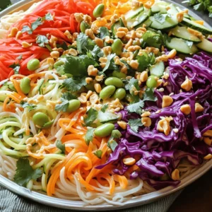 To make this vibrant salad, you need fresh and colorful ingredients. Here’s what you will need: - 8 oz rice noodles (or your favorite noodle) - 1 cup red cabbage, shredded - 1 cup carrots, julienned - 1 cup bell peppers (mixed colors), sliced - 1 cup sugar snap peas, trimmed - 1 cucumber, julienned - 1 cup edamame, shelled - ¼ cup fresh cilantro, chopped - ¼ cup green onions, sliced - ¼ cup peanuts, crushed (optional for garnish) These ingredients bring crispness and bright colors to the dish. They also add a mix of textures that make every bite fun. The dressing ties all the flavors together. You will need these simple ingredients: - 3 tablespoons soy sauce (or tamari for gluten-free) - 2 tablespoons sesame oil - 1 tablespoon rice vinegar - 1 tablespoon honey (or maple syrup for vegan) - 1 teaspoon ginger, grated - 1 clove garlic, minced - 1 teaspoon chili paste (adjust to taste) Mixing these ingredients creates a tasty dressing that adds depth to the salad. The balance of salty, sweet, and a little spice is what makes this dish stand out. Want to make your salad even better? Here are some fun add-ins: - Sliced avocado for creaminess - Grilled chicken or tofu for protein - Sesame seeds for extra crunch - Fresh herbs like mint or basil for a fresh twist These additions can take your Rainbow Asian Noodle Salad to the next level. Feel free to mix and match based on your taste! For the complete recipe, check the [Full Recipe]. Start by boiling a pot of water. Use enough water to cover the noodles. Once the water boils, add 8 oz of rice noodles. Cook them according to the package instructions. I usually check for an al dente texture. This means they should be firm, not mushy. After cooking, drain the noodles in a colander. Rinse them under cold water. This step cools them and stops the cooking process. Set them aside for later. Grab a large mixing bowl. Add 1 cup of shredded red cabbage. Next, add 1 cup of julienned carrots. Then, toss in 1 cup of sliced bell peppers in mixed colors. Don't forget 1 cup of trimmed sugar snap peas. They add a nice crunch! Now, add 1 julienned cucumber and 1 cup of shelled edamame. Finally, mix in ¼ cup of chopped cilantro and ¼ cup of sliced green onions. These fresh veggies make your salad colorful and tasty. In a small bowl, combine the dressing ingredients. Start with 3 tablespoons of soy sauce. If you are gluten-free, use tamari instead. Next, add 2 tablespoons of sesame oil and 1 tablespoon of rice vinegar. Then, mix in 1 tablespoon of honey or maple syrup for a vegan option. Add 1 teaspoon of grated ginger and 1 clove of minced garlic. Finally, add 1 teaspoon of chili paste, adjusting to your spice level. Whisk all the ingredients together until well combined. Now, it’s time to bring everything together. Add the cooked noodles to your bowl of fresh vegetables. Pour the dressing over the top. Toss everything gently to mix. Make sure each noodle and veggie is coated well. This mixing helps all the flavors blend together for a delicious bite. After mixing, taste your salad. If you want it sweeter, add a little more honey. For extra spice, add more chili paste. Adjust the flavors to suit your liking. This salad should be a reflection of your taste. Feel free to experiment until it’s perfect for you. To make your Rainbow Asian Noodle Salad pop, use a large, shallow platter. This helps showcase the bright colors. Layer the noodles first, then pile on the veggies. Drizzle dressing on top, and finish with a sprinkle of cilantro and crushed peanuts. This creates a stunning look that draws everyone in. To keep your salad fresh, store it in an airtight container. Keep the dressing separate until you’re ready to eat. This prevents the noodles and veggies from getting soggy. You can also add a little lemon juice to the salad. This helps maintain color and crunch. Leftover salad is great for lunch! Consider adding protein like grilled chicken or tofu for a filling meal. You can also use the salad as a filling for lettuce wraps. Just scoop some salad into large lettuce leaves. This adds a fun twist and keeps it fresh. If you want to make it spicy, add more chili paste to the leftovers. {{image_2}} You can easily make this salad gluten-free. Just swap regular noodles for rice noodles. Use tamari instead of soy sauce. This keeps the flavor while avoiding gluten. If you want a vegan version, replace honey with maple syrup in the dressing. This simple swap keeps your salad sweet while staying plant-based. You can also add tofu for extra texture and protein. For those who want more protein, consider adding cooked chicken or shrimp. Both work well with the flavors in this salad. You can also use chickpeas or lentils for a hearty twist. Each option adds nutrition and keeps the dish filling. If you want the full recipe, you can find it above. To keep your Rainbow Asian Noodle Salad fresh, store it in the fridge. Place the salad in an airtight container. If you have leftover dressing, store it separately to prevent sogginess. This way, the noodles and veggies stay crisp. Use glass containers or high-quality plastic ones with tight lids. Glass is great because it does not stain or retain odors. Make sure the container is large enough to hold all the ingredients without squishing them together. Your salad can last for about 3 to 5 days in the fridge. The veggies will stay fresh, but the noodles may soften over time. To enjoy the best taste, eat it within the first few days. Always check for any changes in smell or texture before eating. For the full recipe, refer to the earlier sections. I love using rice noodles for their light texture. They soak up the flavors well. You can also use soba noodles or any thin pasta. Just cook them until they are al dente. Rinse under cold water to stop the cooking. This keeps them from getting mushy. Absolutely! You can prep the salad a day in advance. Just keep the dressing separate until you are ready to serve. This helps keep the veggies crisp. If you mix everything too early, the noodles may soak up the dressing. Yes, this salad is packed with veggies. Each ingredient adds nutrients. The colorful mix provides vitamins and minerals. You get fiber from the noodles and veggies too. This salad is a great option for a light meal or side dish. You can easily change the dressing to suit your taste. Add more honey for sweetness or extra chili paste for heat. You might try lime juice instead of rice vinegar for a zingy twist. Fresh herbs like mint or basil can add a bright flavor. Yes! Grilled chicken, shrimp, or tofu are great options. Just make sure to cook them first. Slice the meat thin before adding it to the salad. This adds protein and makes the dish more filling. You can check the Full Recipe for ideas on how to include them. You learned how to make a tasty Rainbow Asian Noodle Salad. We covered the key ingredients, from the noodles to the fresh veggies and zesty dressing. I shared easy steps to prepare and combine everything for the best flavor. You also found tips for presentation and storage to keep your salad fresh. Experiment with variations like gluten-free or vegan options. Remember, this dish is flexible and fun! Enjoy your colorful salad and make it your way.