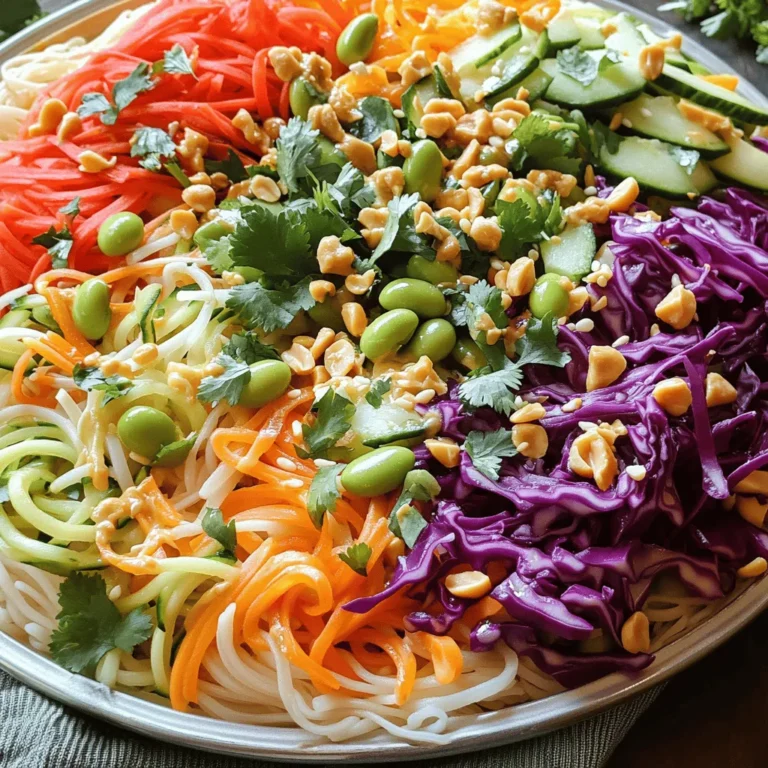 To make this vibrant salad, you need fresh and colorful ingredients. Here’s what you will need: - 8 oz rice noodles (or your favorite noodle) - 1 cup red cabbage, shredded - 1 cup carrots, julienned - 1 cup bell peppers (mixed colors), sliced - 1 cup sugar snap peas, trimmed - 1 cucumber, julienned - 1 cup edamame, shelled - ¼ cup fresh cilantro, chopped - ¼ cup green onions, sliced - ¼ cup peanuts, crushed (optional for garnish) These ingredients bring crispness and bright colors to the dish. They also add a mix of textures that make every bite fun. The dressing ties all the flavors together. You will need these simple ingredients: - 3 tablespoons soy sauce (or tamari for gluten-free) - 2 tablespoons sesame oil - 1 tablespoon rice vinegar - 1 tablespoon honey (or maple syrup for vegan) - 1 teaspoon ginger, grated - 1 clove garlic, minced - 1 teaspoon chili paste (adjust to taste) Mixing these ingredients creates a tasty dressing that adds depth to the salad. The balance of salty, sweet, and a little spice is what makes this dish stand out. Want to make your salad even better? Here are some fun add-ins: - Sliced avocado for creaminess - Grilled chicken or tofu for protein - Sesame seeds for extra crunch - Fresh herbs like mint or basil for a fresh twist These additions can take your Rainbow Asian Noodle Salad to the next level. Feel free to mix and match based on your taste! For the complete recipe, check the [Full Recipe]. Start by boiling a pot of water. Use enough water to cover the noodles. Once the water boils, add 8 oz of rice noodles. Cook them according to the package instructions. I usually check for an al dente texture. This means they should be firm, not mushy. After cooking, drain the noodles in a colander. Rinse them under cold water. This step cools them and stops the cooking process. Set them aside for later. Grab a large mixing bowl. Add 1 cup of shredded red cabbage. Next, add 1 cup of julienned carrots. Then, toss in 1 cup of sliced bell peppers in mixed colors. Don't forget 1 cup of trimmed sugar snap peas. They add a nice crunch! Now, add 1 julienned cucumber and 1 cup of shelled edamame. Finally, mix in ¼ cup of chopped cilantro and ¼ cup of sliced green onions. These fresh veggies make your salad colorful and tasty. In a small bowl, combine the dressing ingredients. Start with 3 tablespoons of soy sauce. If you are gluten-free, use tamari instead. Next, add 2 tablespoons of sesame oil and 1 tablespoon of rice vinegar. Then, mix in 1 tablespoon of honey or maple syrup for a vegan option. Add 1 teaspoon of grated ginger and 1 clove of minced garlic. Finally, add 1 teaspoon of chili paste, adjusting to your spice level. Whisk all the ingredients together until well combined. Now, it’s time to bring everything together. Add the cooked noodles to your bowl of fresh vegetables. Pour the dressing over the top. Toss everything gently to mix. Make sure each noodle and veggie is coated well. This mixing helps all the flavors blend together for a delicious bite. After mixing, taste your salad. If you want it sweeter, add a little more honey. For extra spice, add more chili paste. Adjust the flavors to suit your liking. This salad should be a reflection of your taste. Feel free to experiment until it’s perfect for you. To make your Rainbow Asian Noodle Salad pop, use a large, shallow platter. This helps showcase the bright colors. Layer the noodles first, then pile on the veggies. Drizzle dressing on top, and finish with a sprinkle of cilantro and crushed peanuts. This creates a stunning look that draws everyone in. To keep your salad fresh, store it in an airtight container. Keep the dressing separate until you’re ready to eat. This prevents the noodles and veggies from getting soggy. You can also add a little lemon juice to the salad. This helps maintain color and crunch. Leftover salad is great for lunch! Consider adding protein like grilled chicken or tofu for a filling meal. You can also use the salad as a filling for lettuce wraps. Just scoop some salad into large lettuce leaves. This adds a fun twist and keeps it fresh. If you want to make it spicy, add more chili paste to the leftovers. {{image_2}} You can easily make this salad gluten-free. Just swap regular noodles for rice noodles. Use tamari instead of soy sauce. This keeps the flavor while avoiding gluten. If you want a vegan version, replace honey with maple syrup in the dressing. This simple swap keeps your salad sweet while staying plant-based. You can also add tofu for extra texture and protein. For those who want more protein, consider adding cooked chicken or shrimp. Both work well with the flavors in this salad. You can also use chickpeas or lentils for a hearty twist. Each option adds nutrition and keeps the dish filling. If you want the full recipe, you can find it above. To keep your Rainbow Asian Noodle Salad fresh, store it in the fridge. Place the salad in an airtight container. If you have leftover dressing, store it separately to prevent sogginess. This way, the noodles and veggies stay crisp. Use glass containers or high-quality plastic ones with tight lids. Glass is great because it does not stain or retain odors. Make sure the container is large enough to hold all the ingredients without squishing them together. Your salad can last for about 3 to 5 days in the fridge. The veggies will stay fresh, but the noodles may soften over time. To enjoy the best taste, eat it within the first few days. Always check for any changes in smell or texture before eating. For the full recipe, refer to the earlier sections. I love using rice noodles for their light texture. They soak up the flavors well. You can also use soba noodles or any thin pasta. Just cook them until they are al dente. Rinse under cold water to stop the cooking. This keeps them from getting mushy. Absolutely! You can prep the salad a day in advance. Just keep the dressing separate until you are ready to serve. This helps keep the veggies crisp. If you mix everything too early, the noodles may soak up the dressing. Yes, this salad is packed with veggies. Each ingredient adds nutrients. The colorful mix provides vitamins and minerals. You get fiber from the noodles and veggies too. This salad is a great option for a light meal or side dish. You can easily change the dressing to suit your taste. Add more honey for sweetness or extra chili paste for heat. You might try lime juice instead of rice vinegar for a zingy twist. Fresh herbs like mint or basil can add a bright flavor. Yes! Grilled chicken, shrimp, or tofu are great options. Just make sure to cook them first. Slice the meat thin before adding it to the salad. This adds protein and makes the dish more filling. You can check the Full Recipe for ideas on how to include them. You learned how to make a tasty Rainbow Asian Noodle Salad. We covered the key ingredients, from the noodles to the fresh veggies and zesty dressing. I shared easy steps to prepare and combine everything for the best flavor. You also found tips for presentation and storage to keep your salad fresh. Experiment with variations like gluten-free or vegan options. Remember, this dish is flexible and fun! Enjoy your colorful salad and make it your way.