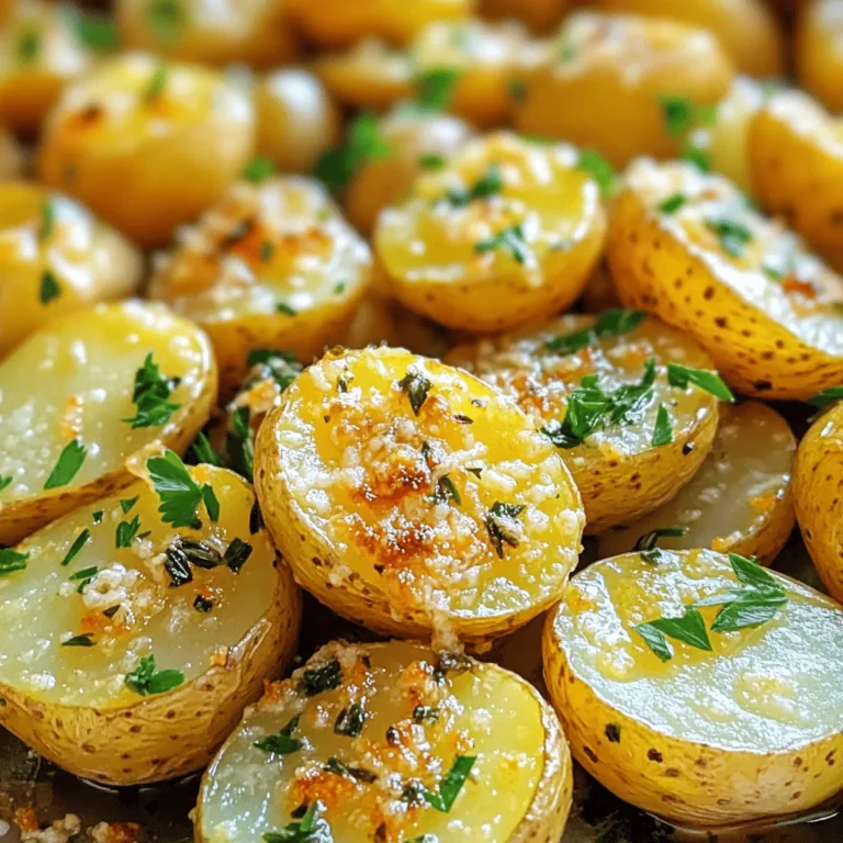 - 2 pounds baby potatoes - 1/4 cup olive oil - 1/2 cup grated Parmesan cheese - 3 cloves garlic - 2 teaspoons dried Italian herbs - 1 teaspoon salt - 1/2 teaspoon black pepper - 2 tablespoons fresh parsley To make Parmesan Herb Roasted Potatoes, you need fresh baby potatoes. I love using baby potatoes because they are small, tender, and cook evenly. Olive oil adds a rich flavor and helps the potatoes crisp up in the oven. Grated Parmesan cheese adds a savory touch that makes these potatoes so tasty. Next, minced garlic provides a wonderful aroma and flavor. Dried Italian herbs, like oregano and thyme, give a classic taste that pairs well with potatoes. Salt and black pepper enhance the flavors and bring everything together. Finally, fresh parsley adds a pop of color and freshness when you serve the dish. - Additional herbs (rosemary, thyme) - Lemon zest for brightness - Spices (paprika, cayenne) If you want to change things up, you can add more herbs like rosemary or thyme. A bit of lemon zest adds brightness and a nice zing. For a spicy kick, try adding paprika or cayenne pepper. These add-ins can make your Parmesan Herb Roasted Potatoes even more exciting! For the full recipe, check out the [Full Recipe]. - Preheat the oven to 425°F (220°C). - Prepare the baking sheet by lining it with parchment paper. This makes cleanup easy. - In a large bowl, combine the halved baby potatoes with 1/4 cup of olive oil. Make sure every potato gets some oil. - Next, add 1/2 cup of grated Parmesan cheese, 3 cloves of minced garlic, 2 teaspoons of dried Italian herbs, 1 teaspoon of salt, and 1/2 teaspoon of black pepper. Mix it well so all the potatoes are coated. - Spread the potatoes out evenly on the baking sheet. Make sure they are in a single layer. - Roast the potatoes in the oven for 25-30 minutes. Toss them halfway through for even cooking. You want them golden brown and crispy on the outside, soft on the inside. For the complete recipe, check out the Full Recipe section. To achieve crispy potatoes, start with dry baby potatoes. Excess moisture can lead to soggy results. Cut your potatoes in half for even cooking. Spread them out in a single layer on your baking sheet. This helps the heat circulate and brown the potatoes evenly. For the best baking sheet, use a heavy-duty, rimmed one. This prevents warping and promotes even heat distribution. I recommend lining it with parchment paper. It makes cleanup easy and helps the potatoes crisp up nicely. Using fresh herbs makes a big difference in flavor. Fresh parsley, rosemary, or thyme can enhance your dish. Dried herbs are handy but may not pack the same punch. You can mix them, but I prefer fresh when I can get it. Balance flavors with salt and pepper. Salt enhances the taste of the potatoes, while pepper adds a subtle kick. Don't be shy with seasoning; it elevates the dish. Roasted potatoes pair well with many sides. Try serving them alongside grilled chicken, fish, or a fresh salad. They also shine next to roasted vegetables or a hearty stew. For presentation, serve the potatoes in a large bowl. Garnish with chopped parsley for a pop of color. You can also drizzle a little extra olive oil on top for added richness. For the full recipe, check the detailed instructions provided above. {{image_2}} You can change the taste of your Parmesan Herb Roasted Potatoes by adding other flavors. - Mediterranean-style with olives and feta: Mix in some chopped olives and crumbled feta cheese. This adds a salty and tangy twist. - Spicy version with chili flakes: Add a pinch of chili flakes for heat. This makes the dish lively and exciting. You can make this dish fit different diets with a few simple swaps. - Vegan option by skipping cheese: Just leave out the Parmesan cheese. The potatoes still taste great with herbs and garlic. - Gluten-free assurance: This recipe is naturally gluten-free. All ingredients are safe for those with gluten allergies. You can cook these potatoes in different ways to suit your kitchen setup. - Air fryer instructions for crispy texture: Toss the potatoes in the air fryer at 400°F (200°C) for 20 minutes. Shake them halfway for even crispiness. - Stovetop variations: You can sauté the potatoes in a large skillet with olive oil. Cook them on medium heat until they are golden and tender. For the full recipe, check out the details above. To keep Parmesan Herb Roasted Potatoes fresh, place them in an airtight container. Refrigerate them within two hours of cooking. They last for about 3 to 5 days in the fridge. If you want to enjoy them later, just make sure they cool down before sealing them up. For the best texture, use the oven to reheat. Preheat it to 375°F (190°C). Spread the potatoes on a baking sheet and heat for about 10 to 15 minutes. This will keep them crispy. If you use the microwave, they might turn soggy. To avoid this, place a paper towel over the dish to absorb extra moisture. Yes, you can freeze Parmesan Herb Roasted Potatoes! For freezing, let them cool completely. Then, place them in a single layer on a baking sheet. Freeze for about 1 to 2 hours until firm. After that, transfer them to a freezer-safe bag. When you want to reheat them, bake from frozen at 425°F (220°C) for about 20 to 25 minutes. This way, they stay tasty and crisp. Can I use other types of potatoes? Yes, you can use other potatoes like Yukon Gold or red potatoes. Each type offers a different texture and taste. Just remember, some potatoes might take longer to cook. How do I know when they are fully cooked? You can tell by looking for a golden color and crisp edges. A fork should slide in easily when you poke them. If they feel firm, give them a few more minutes in the oven. What to do if they are not crispy? If your potatoes are not crispy, try increasing the oven temperature. Make sure they are in a single layer on the baking sheet. Toss them halfway through cooking for even browning. How to adjust seasoning to taste? Taste the potatoes before serving. If they lack flavor, sprinkle a bit more salt or herbs. A squeeze of lemon juice can also brighten up the taste. Can I add more vegetables to this dish? Absolutely! You can add bell peppers, carrots, or zucchini. Just cut them into similar sizes for even cooking. This adds color and boosts nutrients. How to incorporate different cheeses? You can use feta, cheddar, or even gouda. Just sprinkle the cheese on top in the last few minutes of cooking for a melty finish. This gives your dish a new twist. For the full recipe, refer to the detailed instructions above. In this blog post, I shared how to make delicious Parmesan Herb Roasted Potatoes. You learned about essential ingredients, added some fun options, and followed easy steps to prepare this dish. I also provided tips for perfect roasting and serving ideas. Try the variations and customize the recipe to fit your taste. Whether you eat them as a side or snack, these potatoes are sure to please. Enjoy your cooking adventure!