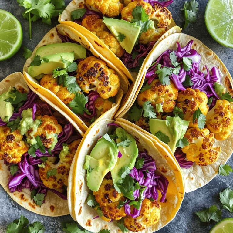 For these tasty tacos, you need a few basic items. Here’s what to gather: - 1 medium head of cauliflower, cut into bite-sized florets - 2 tablespoons olive oil - 8 small corn tortillas These ingredients form the base of your dish. Cauliflower gives a hearty texture. Olive oil helps the spices stick and adds flavor. Corn tortillas are soft and perfect for holding the fillings. Spices bring the whole dish to life. Here’s what you will use: - 1 teaspoon smoked paprika - 1 teaspoon ground cumin - 1/2 teaspoon garlic powder - 1/2 teaspoon chili powder - Salt and pepper to taste These spices add warmth and depth. Smoked paprika gives a nice smoky flavor. Cumin adds earthiness. Garlic powder and chili powder bring zest and a little heat. Toppings are where you can get creative. Here are some ideas: - 1 cup red cabbage, shredded - 1 avocado, sliced - 1/4 cup fresh cilantro, chopped - 1 lime, cut into wedges - Optional: Vegan sour cream or cashew cream for topping Red cabbage adds crunch and color. Avocado brings creaminess. Fresh cilantro adds brightness. Lime wedges give a fresh zing. Vegan sour cream or cashew cream can add a nice finish. Feel free to mix and match toppings to suit your taste! For the full recipe, check the earlier section! Start by washing the cauliflower. Cut it into bite-sized florets. Make sure the pieces are even. This helps them cook well. In a large bowl, add the florets. Pour in the olive oil and toss them. Sprinkle in the smoked paprika, ground cumin, garlic powder, and chili powder. Season with salt and pepper. Mix until the florets are coated. Preheat your oven to 425°F (220°C). Spread the cauliflower on a baking sheet lined with parchment paper. Make sure they are in a single layer. This helps them roast evenly. Bake for 25-30 minutes. Flip the cauliflower halfway through. Look for a golden brown color and a tender texture. This step gives the cauliflower a nice, smoky flavor. Warm the corn tortillas in a skillet over medium heat. Heat them for about 30 seconds on each side. Once the cauliflower is ready, you can start to assemble. Place a generous amount of roasted cauliflower on each tortilla. Add shredded red cabbage, sliced avocado, and chopped cilantro on top. Serve with lime wedges on the side. For extra creaminess, add vegan sour cream or cashew cream. Enjoy this full recipe for a tasty meal! To get that perfect roast, cut the cauliflower into even pieces. Aim for bite-sized florets. This helps them cook at the same rate. Toss them in olive oil and spices well. Spread them out on the baking sheet. Avoid crowding; give them space to brown. Flip them halfway through cooking for even results. I love using corn tortillas for these tacos. They add a nice flavor and texture. Look for small, soft ones that warm well. You can also try flour tortillas if you prefer. Whole wheat options can add extra nutrients. Just warm them up on a skillet for the best taste. You can prep some parts of this recipe in advance. Roast the cauliflower ahead of time and store it in the fridge. It stays good for about three days. Warm it before serving. You can also slice the avocado and chop the cabbage ahead. This way, you have a quick meal ready to go. For the full recipe, check out the detailed steps provided. {{image_2}} You can change up the flavors by using different spices. Instead of smoked paprika, try curry powder for a warm taste. If you want some heat, add cayenne pepper. You could also use Italian herbs like oregano and basil for a fresh twist. Experiment with what you have in your spice rack. Each mix will create a unique taco! Toppings can really change your tacos. Black beans or pinto beans add protein and flavor. You can also use salsa. A fresh mango salsa gives a sweet and spicy kick. If you love crunch, add some diced radishes or pickled onions. Don't forget to drizzle with a tangy lime dressing. These toppings make your tacos even more exciting. Feel free to add more veggies to your tacos. Bell peppers, zucchini, and corn all work well. You can roast them alongside the cauliflower for added flavor. Try adding fresh spinach or arugula for a green boost. Mixing different textures and colors makes your meal more fun. Each bite will surprise you with flavor! For the full recipe, check out the detailed instructions I provided earlier. After you enjoy your Vegan Cauliflower Tacos, store leftovers right. Place the tacos in an airtight container. Keep them in the fridge for up to three days. If you have extra roasted cauliflower, store it separately. This keeps the tortillas from getting soggy. You can freeze the roasted cauliflower for later use. Let it cool completely first. Transfer it to a freezer-safe bag or container. Label the bag with the date. The cauliflower will keep well for up to three months. When you’re ready to eat, just thaw it overnight in the fridge. To reheat, place the cauliflower in a hot oven or a skillet. Heat it until warm, about 10 minutes in the oven at 350°F (175°C). For the tortillas, warm them in a dry skillet. This makes them soft and pliable again. Enjoy your delicious Vegan Cauliflower Tacos just like fresh! You can find the Full Recipe to make these tasty tacos again. Yes, you can make these tacos gluten-free. Use corn tortillas, which are naturally gluten-free. Just check the label to ensure they are certified gluten-free. You can also use lettuce leaves as a wrap for a fresh twist. Pair these tacos with simple sides. Some great options include: - Black beans - Mexican rice - Guacamole - Fresh salsa - Corn salad These sides add color and flavor, making your meal even better. To adjust the heat level, modify the chili powder. Use less for milder tacos. Add more if you like spicy food. You can also add diced jalapeños or hot sauce for an extra kick. Yes! You can roast the cauliflower ahead of time. Store it in the fridge for up to three days. Reheat it in the oven or microwave when ready to assemble the tacos. If you want a different flavor, try using: - Sweet potatoes - Zucchini - Mushrooms These options also roast well and taste great in tacos. To make the tacos heartier, add more protein. Consider adding: - Black beans - Lentils - Quinoa These ingredients boost nutrition and keep you full longer. Yes, you can prep the ingredients in advance. Store the roasted cauliflower and toppings separately. Assemble the tacos just before serving for the best taste and texture. Absolutely! The flavors are mild and appealing. Kids often enjoy the fun of assembling their own tacos. Let them choose their toppings for added excitement. Store any leftover tacos in an airtight container. Keep the filling separate from the tortillas. They will stay fresh for up to three days in the fridge. Reheat before serving for the best taste. Yes, store-bought taco seasoning works well. Just use it in place of the spices listed in the recipe. This saves time and still gives great flavor. For the complete Vegan Cauliflower Tacos recipe, check the Full Recipe. Vegan cauliflower tacos are a great way to enjoy healthy and tasty meals. We covered the main ingredients and how to prep the cauliflower. We explored roasting tips for the best flavor and looked at fun toppings. I shared storage info to keep your leftovers fresh, plus variations to keep the meal exciting. You can easily adapt this recipe to suit your taste. Enjoy experimenting with spices and veggies. Dive in and create your own delicious vegan tacos!