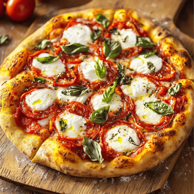 To make a delicious Margherita pizza, you need the following items: - 2 cups all-purpose flour - 1 teaspoon active dry yeast - ¾ cup warm water (about 110°F) - 1 teaspoon sugar - 1 teaspoon salt - 1 tablespoon olive oil These ingredients create a perfect dough. The flour gives it structure, while the yeast helps it rise. The sugar feeds the yeast, and the salt adds flavor. For the toppings, gather these simple ingredients: - 1 cup canned San Marzano tomatoes, crushed - 1 cup fresh mozzarella cheese, sliced - Fresh basil leaves (about 8-10 leaves) - Salt and pepper to taste - Extra olive oil for drizzling San Marzano tomatoes are sweeter and richer in taste. Fresh mozzarella melts beautifully, and basil adds a fragrant touch. The salt and pepper boost the flavors, while olive oil gives a nice finish. This combination makes the pizza flavorful and fresh, just like you would find in Italy. For the full recipe, check out the details above. - Combine warm water, sugar, and yeast. Let it foam for about 5-10 minutes. - Mix flour and salt in a bowl. Create a well in the center, then add the yeast mixture. - Knead the dough on a floured surface until it's smooth and elastic, about 8-10 minutes. - Shape the dough into a ball. Place it in an oiled bowl and cover it with a damp cloth. - Preheat your oven to its highest setting, usually between 475°F and 500°F. - Prepare the sauce using crushed San Marzano tomatoes. Season it with salt and pepper. - After the dough rises, punch it down. Shape it into a 12-inch round. - Transfer the dough to a pizza peel or baking sheet. Spread the sauce thinly over the dough. - Evenly place slices of fresh mozzarella on top of the sauce. Tear fresh basil leaves and sprinkle them over the cheese. - Bake the pizza in the oven for about 10-12 minutes. Look for a golden crust and bubbling cheese. Use the Full Recipe for detailed steps and measurements to create this classic dish! To make great dough, you want it elastic but not sticky. When you knead, aim for about eight to ten minutes. This builds the right texture. If the dough feels too wet, add a bit more flour. If it’s too dry, a splash of water helps. The goal is a smooth and stretchy dough. For the sauce, use high-quality San Marzano tomatoes. They make a big difference in taste. Crush them gently, and add salt and pepper to enhance the flavor. Be careful not to overload your pizza with toppings. Less is more for a perfect bake. This lets the dough rise and crisp up nicely. A pizza stone is a fantastic tool for a crispier crust. Preheat it in the oven to get it really hot. If you don’t have one, a baking sheet works too. Just keep an eye on your pizza while it bakes. You might need to adjust the baking time based on your oven and your taste. Aim for a golden crust and bubbling cheese for the best results. Using these tips will help you craft a classic Margherita pizza that impresses. For the full recipe, check out our detailed instructions and ingredient list. {{image_2}} You can make your Margherita pizza even better by trying different cheeses. Burrata adds a creamy texture that melts beautifully. Smoked mozzarella brings a rich, savory flavor. Both options will change the taste while keeping it classic. Don’t be afraid to get creative with toppings. Arugula adds a peppery bite that pairs well with the cheese. Prosciutto gives a salty, savory kick. A drizzle of truffle oil can elevate the dish with its earthy aroma. These changes can delight your taste buds while keeping the pizza true to its roots. If you want to mix things up, consider using different sauces. Pesto offers a fresh, herbal twist that complements the cheese. White sauce can add a creamy richness that contrasts nicely with the crust. These variations keep the spirit of Margherita while letting you explore new flavors. For the full recipe, check out the [Full Recipe] section! Store your leftover pizza in the refrigerator. Use an airtight container to keep it fresh. It will stay good for up to 3 days. This way, you can enjoy your pizza a bit longer. Want to save pizza for later? You can freeze unbaked pizza for easy meals. Wrap it tightly in plastic wrap and then in foil. This keeps the flavors intact for future enjoyment. To reheat your pizza, the oven is the best choice. Set it to 375°F and bake for about 10 minutes. This method keeps the crust crispy and the cheese melty. If you're in a hurry, use a skillet. Heat it on medium-low for quicker results. Just cover it with a lid to warm the toppings evenly. Margherita pizza comes from Naples, Italy. It was created in 1889 for Queen Margherita of Savoy. The colors of the pizza match the Italian flag: red tomatoes, white mozzarella, and green basil. This dish is simple but full of flavor. It shows how good food can be made from just a few fresh ingredients. To make gluten-free Margherita pizza, use gluten-free flour. You can mix it with xanthan gum for better texture. Here’s a simple list of gluten-free ingredients: - 2 cups gluten-free flour - 1 teaspoon active dry yeast - ¾ cup warm water - 1 teaspoon sugar - 1 teaspoon salt - 1 tablespoon olive oil Follow the same steps as the regular recipe, and you’ll have a tasty gluten-free pizza. Yes, you can make Margherita pizza without a pizza stone. You can use a baking sheet instead. Just preheat the baking sheet in the oven. It helps to create a nice crust. Place the assembled pizza on the hot sheet and bake as directed. You may also use a cast-iron skillet for a crispy base. An authentic Margherita pizza has key elements. It uses San Marzano tomatoes, fresh mozzarella, and basil. The dough must be hand-stretched and thin. The pizza should be baked at a high temperature for a short time. This method creates a soft inside and crisp outside. This recipe yields 2 to 4 servings. It depends on how big you slice the pizza. If you want more, just double the ingredients. You can also make smaller pizzas for a fun meal with friends or family. The number 19 is special because it refers to the recipe's order in this article. Each recipe is numbered for easy reference. In this case, Margherita pizza is recipe number 19. It highlights the importance of classic dishes in my collection. Classic Margherita pizza combines simple ingredients for a delightful dish. You learned the essential components, from fresh basil to San Marzano tomatoes. Following clear steps, you can create perfect dough and rich toppings. Remember to use quality ingredients for the best taste. Feel free to experiment with variations and storage tips. Making this pizza at home is rewarding and fun. Enjoy the process, and savor the delicious results every time.