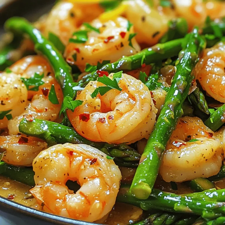 The key to making garlic butter shrimp and asparagus is all about fresh and simple ingredients. Here's what you need: - 1 pound large shrimp, peeled and deveined - 1 bunch asparagus, trimmed and cut into 2-inch pieces - 4 tablespoons unsalted butter - 4 cloves garlic, minced - 1 teaspoon lemon zest - 2 tablespoons lemon juice - 1/2 teaspoon red pepper flakes (optional for heat) - Salt and pepper to taste - Fresh parsley, chopped for garnish These ingredients work together to create a burst of flavor. The shrimp bring a sweet and briny taste. Asparagus adds a fresh crunch. Garlic and butter make everything rich and savory. Lemon juice and zest brighten the dish, giving it a refreshing zing. You can adjust the red pepper flakes if you like a bit of heat. Using fresh parsley as a garnish adds a pop of color and extra flavor. It's all about balance and harmony in this dish. This simple list makes it easy for you to gather what you need. For the full instructions, check out the Full Recipe. How to prepare the shrimp Start by drying the shrimp with a paper towel. This helps them cook better. Then, season them lightly with salt and pepper. This step adds great flavor. Cooking the shrimp Heat 2 tablespoons of butter in a large skillet over medium-high heat. When the butter bubbles, add minced garlic and red pepper flakes if you want some heat. Sauté for about 30 seconds until it smells amazing. Now, add the shrimp in a single layer. Cook them for 2-3 minutes. When they turn pink, flip them over. Cook for another 1-2 minutes until fully done. Remove the shrimp from the skillet and set them aside. Sautéing the asparagus In the same skillet, add the remaining 2 tablespoons of butter. Then, toss in the asparagus pieces. Sauté for about 4-5 minutes. You want the asparagus to be tender but still crisp. Adding lemon zest and juice Return the cooked shrimp to the skillet. Now, it’s time to elevate the flavors! Add the lemon zest and juice. This will brighten the dish and add a refreshing touch. Combining flavors Gently toss everything together. Cook for one more minute to blend the flavors. The shrimp and asparagus will soak up all that buttery, garlicky goodness. Adjusting seasoning Now, taste your dish. Adjust the seasoning with more salt and pepper if needed. You want it to be just right! Plating and garnishing Once done, remove the skillet from heat. Garnish with fresh parsley for a pop of color. Serve this beautiful dish right away for the best taste. Enjoy your garlic butter shrimp and asparagus delight! For the full recipe, check the detailed instructions above. To ensure your shrimp are cooked perfectly, start with fresh shrimp. Look for large shrimp that are bright and firm. Pat them dry to help them sear well. Cook them in a hot pan with melted butter. Sauté them for 2-3 minutes on one side. When they turn pink, flip them. Cook for another minute to finish. Shrimp cook fast, so watch them closely. For sautéing asparagus, trim the ends and cut them into 2-inch pieces. This helps them cook evenly. Heat your skillet over medium-high heat and add butter. Sauté the asparagus for 4-5 minutes. They should be bright green and tender but still crisp. This keeps the flavor fresh and the texture great. If you want an alternative for shrimp, try scallops or chicken. Both give a nice taste and pair well with garlic butter. For a plant-based option, use tofu or chickpeas. These options keep the dish satisfying and delicious. If asparagus is not available, use green beans or broccoli. Both vegetables cook similarly and offer a good crunch. You can also try zucchini or bell peppers for a different flavor profile. They add a nice color and taste. To boost the dish's flavor, add spices like paprika or cumin. These spices enhance the garlic and lemon well. You can also include fresh herbs, like thyme or basil. They add a fresh note that brightens the dish. For optional toppings, consider grated Parmesan cheese or toasted nuts. They add texture and richness. Fresh lemon slices on top can also brighten the dish. Adding these extras makes your meal more delightful. For the full recipe, be sure to check the details above. {{image_2}} Gluten-free options This dish is naturally gluten-free. Just ensure any added sauces or seasonings are gluten-free. You can enjoy this meal without worry. Low-carb adaptations Garlic butter shrimp and asparagus are already low in carbs. You can skip the red pepper flakes if you prefer less spice. The dish remains light and healthy. Ingredients to add in summer In summer, add cherry tomatoes or zucchini. They will bring fresh flavors and colors. You can toss them in with the asparagus for a vibrant dish. Fall-inspired additions For fall, consider adding butternut squash. It adds a warm, sweet flavor. You can roast it first and mix it in at the end. One-pan method You can make this dish in one pan for easy cleanup. Just cook the shrimp and asparagus together. Start with the shrimp, then add asparagus right after. Using frozen shrimp or asparagus Frozen shrimp and asparagus work well here. Just thaw them first and pat dry. This saves you time, and the dish stays tasty and fresh. For the full recipe, check out the Garlic Butter Shrimp & Asparagus Delight. To keep your garlic butter shrimp and asparagus fresh, place leftovers in an airtight container. Store them in the fridge right away. This helps keep the flavors intact. Leftovers will last about 2-3 days. After that, the shrimp may not taste as good. You can freeze cooked shrimp and asparagus for later use. First, make sure they cool down. Then, pack them in a freezer-safe bag. Squeeze out as much air as possible before sealing. This helps prevent freezer burn. You can keep them frozen for up to 3 months. When you want to eat them, thaw in the fridge overnight. To keep your dish tasty when reheating, use a skillet over low heat. Add a bit of butter for moisture. Stir gently to avoid overcooking. This method helps retain flavor and texture. Avoid the microwave, as it can make shrimp rubbery. For the best result, reheat until warm, not hot. Enjoy your delicious meal again! How long do you cook shrimp for? You cook shrimp for about 2-3 minutes on one side. Once they turn pink, flip them. Cook the other side for 1-2 minutes. Shrimp cook fast, so watch them closely. Overcooking makes them tough. Can I use frozen shrimp for this recipe? Yes, you can use frozen shrimp. Just make sure to thaw them first. You can run them under cold water for a few minutes. Pat them dry before cooking. This helps them cook evenly and taste fresh. Why did my shrimp turn rubbery? Shrimp turn rubbery when overcooked. Make sure to time your cooking well. If you see them turning pink, check them right away. Cook just until they are opaque. What to do if asparagus is overcooked? If asparagus is overcooked, it can become mushy. To fix this, try cutting it into smaller pieces. You can toss it with some fresh lemon juice or a sprinkle of salt. This can help enhance the flavor. What to pair with garlic butter shrimp and asparagus? You can pair this dish with rice or quinoa for a wholesome meal. A fresh salad also complements it well. If you want some crunch, add toasted bread or garlic bread on the side. Is this dish suitable for meal prep? Yes, garlic butter shrimp and asparagus are great for meal prep. Store leftovers in airtight containers. They can last in the fridge for up to three days. Reheat them gently to keep flavors fresh. For the full recipe, click here. This blog post covered a delicious recipe for garlic butter shrimp and asparagus. You learned about the ingredients, preparation steps, and cooking tips. We've also explored variations to suit different diets and preferences. Remember, cooking can be fun and simple. When you try this dish, you can mix and match. Use frozen shrimp or adjust spices to your taste. Enjoy your meal and share it with others—it’s sure to impress!