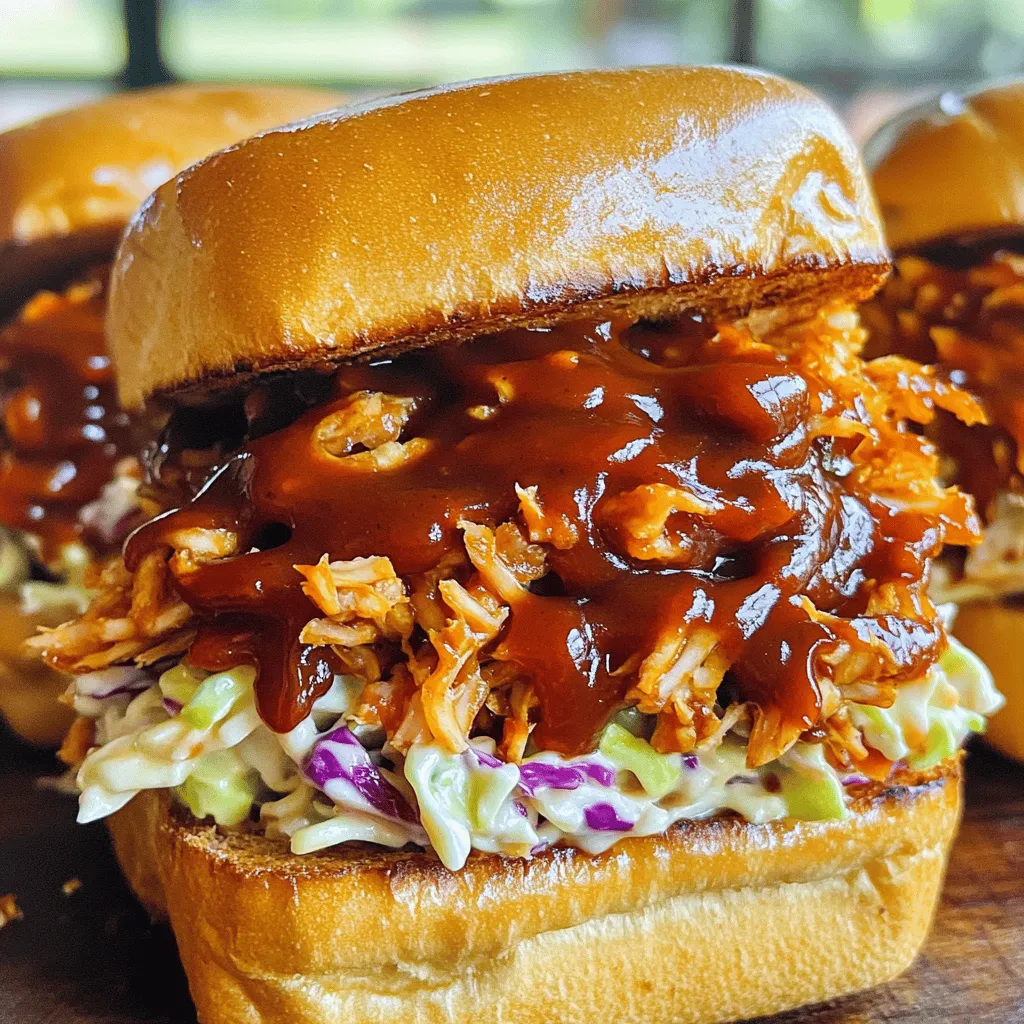 To make BBQ pulled pork sandwiches, gather these ingredients: - 2 cans young green jackfruit in water or brine, drained and rinsed - 1 tablespoon olive oil - 1 onion, finely chopped - 4 cloves garlic, minced - 1 teaspoon smoked paprika - 1 teaspoon ground cumin - 1 teaspoon chili powder - 1/2 teaspoon black pepper - 1/2 teaspoon cayenne pepper (adjust to taste) - 1 cup BBQ sauce (store-bought or homemade) - Salt to taste - 4 sturdy sandwich rolls - Coleslaw (for topping, optional) If you can't find jackfruit, you can use pulled pork or shredded chicken. For a vegan option, try tempeh or mushrooms. If you don't have smoked paprika, regular paprika works too. You can use any oil you have if olive oil is not on hand. For BBQ sauce, feel free to make your own with ketchup, vinegar, and spices, or use a store brand you like. Each sandwich has about 350 calories. It contains protein, fiber, and healthy fats. Jackfruit is high in vitamins and low in fat, making this dish healthy. If you add coleslaw, it adds crunch and extra nutrients. Always check the labels for exact numbers, as they can change based on brands or homemade choices. To start, you need two cans of young green jackfruit. Drain and rinse them well. Use your hands or two forks to shred the jackfruit. It should look like pulled pork. Set it aside for later. This is the base of our BBQ pulled pork sandwiches. In a large skillet, heat one tablespoon of olive oil over medium heat. When the oil is hot, add one finely chopped onion. Sauté the onion until it becomes soft and clear, about five minutes. Next, stir in four cloves of minced garlic. You want this part to smell amazing! Now, add spices: one teaspoon of smoked paprika, one teaspoon of ground cumin, one teaspoon of chili powder, half a teaspoon of black pepper, and half a teaspoon of cayenne pepper. Cook this mixture for one minute to bring out the flavors. Add the shredded jackfruit to the skillet. Mix well to coat it in the spices. Cook for about five minutes. This helps the jackfruit soak up all the spicy goodness. Pour one cup of BBQ sauce over the jackfruit. Stir to blend everything together. Reduce the heat to low and let it simmer for 20 to 25 minutes. Stir occasionally. If it seems too dry, add a splash of water. Season with salt to taste. While the jackfruit is cooking, toast four sturdy sandwich rolls. You can do this in the oven or on a skillet. A little crunch makes the sandwich even better! When the jackfruit is done, remove it from the heat. Now it’s time to build your sandwich! Spoon a generous amount of the BBQ jackfruit onto the bottom half of each toasted roll. If you like, add coleslaw on top for some extra crunch. Finish by placing the top half of the roll on your delicious creation. Enjoy every bite of your BBQ pulled pork sandwiches! For more details, check the Full Recipe. To make your BBQ pulled jackfruit shine, focus on the spices. Use smoked paprika for a deep flavor. Ground cumin adds warmth, while chili powder gives a nice kick. Adjust cayenne pepper to your heat level. Always taste and adjust as you cook. A dash of salt at the end can make all the difference. Shredding jackfruit is key to getting that pulled texture. Make sure to use young green jackfruit, not ripe. Drain and rinse it well. Use your hands or two forks to shred it into pieces. You want it to mimic pulled pork. Take your time to break it down. The more you shred, the better it absorbs flavors. Toasting your sandwich rolls can elevate your meal. Lightly toast them in the oven or on a skillet. This adds a nice crunch and keeps the roll from getting soggy. If you prefer soft rolls, skip the toasting. Either way, a good roll holds the filling well. For the best texture, choose sturdy rolls. Enjoy this simple yet flavorful dish! Check out the Full Recipe for all the details. {{image_2}} To add a kick to your BBQ pulled pork sandwich, increase the heat. Use more cayenne pepper or add some hot sauce to the mix. You can also try using pepper jack cheese on top for extra spice. This blend brings a fiery flavor that contrasts nicely with the sweetness of the BBQ sauce. Just remember to balance the heat with a cool topping like coleslaw. If you prefer a plant-based option, jackfruit is a great choice. It mimics the texture of pulled pork well. My recipe for smoky sweet BBQ pulled jackfruit sandwiches is a perfect example. You can also use mushrooms or lentils for a hearty filling. Add toppings like avocado, pickles, or spicy mayo for added flavor. These options make the dish tasty and satisfying. BBQ pulled pork varies by region. In the South, you might find it served with a vinegar-based sauce. In Kansas City, a thicker sauce with molasses is common. If you want a twist, try adding pickled jalapeños or pineapple for a tropical flair. Each region offers unique flavors, so feel free to experiment. This keeps your BBQ pulled pork sandwiches exciting and new. To store leftovers, first let the pulled jackfruit cool down. Then, place it in an airtight container. You can keep it in the fridge for up to four days. Make sure to seal it well to keep flavors fresh. If you have sandwich rolls left, store them in a separate bag. This keeps them from getting soggy. When you're ready to eat leftovers, reheating is simple. I suggest using a skillet for the best taste. Heat the skillet over medium heat. Add a little water to keep the jackfruit moist. Stir occasionally until warmed through. If you prefer using the microwave, place the jackfruit in a bowl. Cover it with a damp paper towel and heat in short bursts until warm. If you want to save some for later, freezing is a great option. Place the cooled pulled jackfruit in freezer bags. Remove as much air as possible before sealing. You can freeze it for up to three months. When you're ready to eat it, thaw in the fridge overnight. Then, reheat it on the stove or microwave as mentioned above. This keeps the taste fresh for your next BBQ Pulled Pork Sandwich feast! For the full recipe, check out the detailed instructions. Yes, you can use regular pork. Pork shoulder works best for pulled pork. It has fat that makes it juicy. Cook it low and slow for tender meat. Use the same spices and BBQ sauce as in the recipe. Shred the pork just like jackfruit. This creates a similar texture and flavor. You can pair BBQ pulled pork sandwiches with many sides. Here are some favorites: - Coleslaw: Adds crunch and freshness. - Baked beans: A classic BBQ side. - Potato salad: Creamy and cool. - Corn on the cob: Sweet and juicy. - Pickles: Provide a tangy contrast. These sides complement the rich flavor of pulled pork well. Homemade BBQ sauce lasts about one week in the fridge. Store it in a clean, airtight jar. For longer storage, freeze it in small portions. It can last up to three months in the freezer. Always check for mold or off smells before using. Keeping your BBQ sauce fresh ensures great taste for your sandwiches. For the full recipe, check the section above. In this post, I covered how to make BBQ pulled pork sandwiches using jackfruit. We looked at key ingredients and substitutes. I shared cooking techniques and steps for great flavor. Tips for shredding and serving made a difference. We also explored fun variations and storage methods. Remember, these sandwiches can be tasty, healthy, and easy to make. Enjoy creating your own twist!