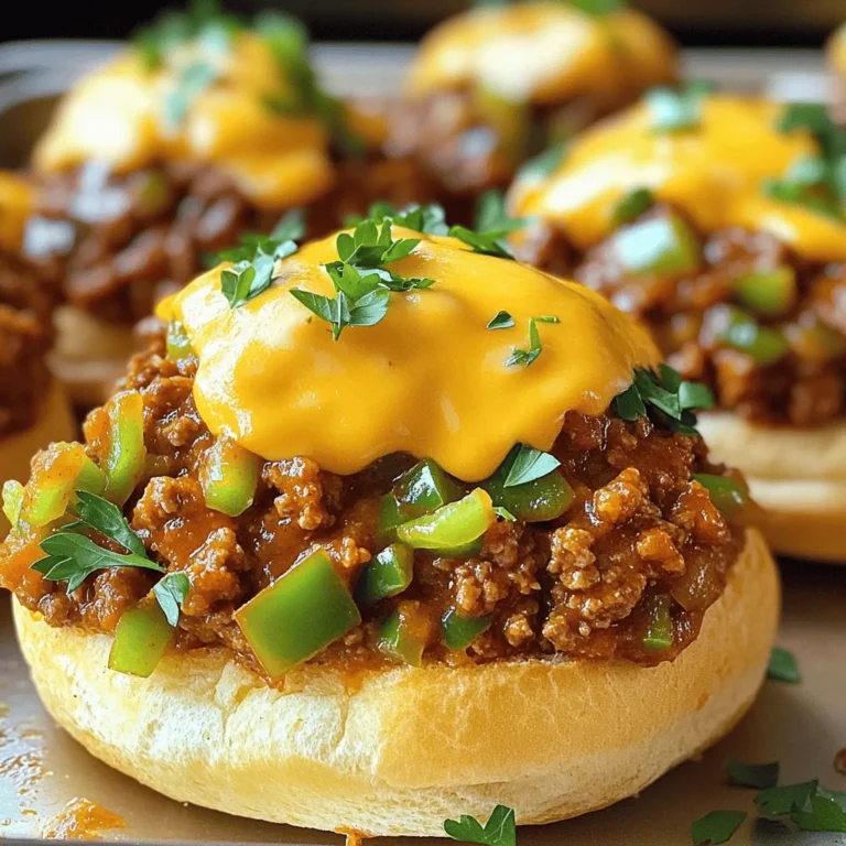 - 1 lb ground beef (or turkey for a lighter option) - 1 small onion, finely chopped - 1/2 green bell pepper, finely chopped - 2 cloves garlic, minced - 1 cup tomato sauce - 2 tablespoons ketchup - 1 tablespoon brown sugar - 1 tablespoon Worcestershire sauce - 1 teaspoon mustard - Salt and pepper to taste - 4 hamburger buns - 1 cup shredded cheddar cheese (optional) - Fresh parsley, chopped (for garnish) To make Classic Sloppy Joes, gather these key ingredients first. Ground beef gives a rich flavor, but turkey works too. A finely chopped onion and green bell pepper add sweetness and crunch. Garlic gives a nice kick. For the sauce, use tomato sauce and ketchup for sweetness. Brown sugar and Worcestershire sauce balance the flavors. Mustard adds a tangy twist. Don’t forget to season with salt and pepper. You will need four hamburger buns to hold this tasty filling. If you want, top with shredded cheddar cheese and chopped parsley for a fun touch. Each ingredient plays an important role in creating a tasty meal. For the full recipe, check out "Savory Sloppy Joes Delight ". - Step 1: Browning the meat Heat a large skillet over medium heat. Add 1 pound of ground beef or turkey. Cook until browned. Use a wooden spoon to break it apart. Drain any extra fat when it is done. - Step 2: Sautéing the vegetables Add 1 small chopped onion, 1/2 chopped green bell pepper, and 2 minced garlic cloves to the pan. Stir and sauté for about 5 minutes. Cook until the veggies soften and smell great. - Step 3: Mixing the sauce ingredients Now, stir in the sauce. Use 1 cup of tomato sauce, 2 tablespoons of ketchup, 1 tablespoon of brown sugar, 1 tablespoon of Worcestershire sauce, and 1 teaspoon of mustard. Mix it well and bring it to a simmer. Let the mixture simmer for about 10 minutes. Stir it every few minutes. If it looks too thick, add a splash of water. This helps adjust the consistency. Season with salt and pepper to taste. This step brings out the flavor. While the mixture simmers, toast the hamburger buns. Use a hot skillet or toaster until they turn golden brown. To serve, spoon the sloppy joe mixture onto the toasted buns. You can add optional toppings like shredded cheddar cheese and fresh parsley. This adds color and flavor to your meal. For the full recipe, check out Savory Sloppy Joes Delight . To make great Sloppy Joes, adjust your cooking time based on your stove. If you like softer veggies, cook them a bit longer. For seasoning, add salt and pepper early. Taste as you go to find the right balance. You can swap ground beef for turkey or even lentils. This makes the dish lighter and still tasty. Want heat? Add hot sauce or cayenne pepper to kick it up. For more flavor, try spices like paprika or cumin. Plating matters! Use a large plate to show off your Sloppy Joes. Stack them high to make them look fun. For garnish, sprinkle chopped parsley or cheese on top. This adds color and makes the meal pop. {{image_2}} You can use different meats for your Sloppy Joes. Ground turkey is a leaner choice. It has less fat than beef but still tastes great. If you want a veggie option, use lentils or beans. They give a nice texture and flavor. Just cook them until soft, then mix them into the sauce. Adding BBQ sauce can change the flavor a lot. It gives a sweet and smoky taste. You can also try different sauces, like hot sauce or teriyaki. If you love cheese, experiment with types. Provolone or pepper jack can add a nice twist. Just melt it on top for a gooey finish. You don't have to stick to buns. Serve Sloppy Joes as sliders for a fun party snack. You can also use taco shells for a tasty twist. Another idea is to serve it over rice for a filling meal. Try different kinds of bread too, like garlic bread or pretzel buns. Each option brings its own flavor and fun to the table. To store your Sloppy Joes, cool them down first. Spread the mixture in a shallow bowl. This helps it cool faster. Once cool, cover it tightly with plastic wrap or a lid. Make sure the bowl is airtight. This way, your Sloppy Joes stay fresh and tasty. You can freeze Sloppy Joes for later use. Place the cooled mixture in a freezer-safe bag. Remove as much air as you can before sealing. Label the bag with the date. When you’re ready to eat, thaw it in the fridge overnight. To reheat, warm it in a skillet over low heat. Stir often to keep it from sticking. If it seems dry, add a little water or tomato sauce to restore moisture. In the fridge, Sloppy Joes last about three to four days. Always check for signs of spoilage. If the mixture smells bad or looks off, throw it away. If you see any mold, don’t eat it. Trust your senses; they help keep you safe. Enjoy your Sloppy Joes knowing they are stored right! For the complete recipe, check out the Full Recipe. Classic Sloppy Joes have a few key ingredients. They start with ground beef or turkey. I like using beef for a rich taste. You need finely chopped onion and green bell pepper. Garlic adds a nice punch too. For the sauce, tomato sauce and ketchup are must-haves. A bit of brown sugar gives it sweetness, while Worcestershire sauce adds depth. Finally, mustard brings tanginess. You can season with salt and pepper. To cut down on mess, use sturdy buns. Toasting the buns helps. It keeps them from getting soggy. Serve Sloppy Joes with a side plate. This way, folks can catch any drips. You can also use a fork and knife. This trick makes eating neat and easy. Yes, you can! Make the Sloppy Joe mixture a day before. Just store it in the fridge. When you’re ready, reheat it on the stove. This saves time during busy meals. You can also freeze leftovers. Just thaw them in the fridge before reheating. Many sides go great with Sloppy Joes. Classic choices are potato chips or fries. A fresh salad adds a nice crunch too. You can also serve them with coleslaw for a cool contrast. For a cozy feel, try baked beans. For the complete guide, check out the Savory Sloppy Joes Delight recipe. In this post, we explored how to make delicious Sloppy Joes, from the key ingredients to cooking steps. You now know how to customize flavors, try different meats, and present your dish nicely. Keep these tips in mind to create a meal everyone will love. Whether you opt for ground beef, turkey, or even a veggie version, this recipe gives you options. Enjoy experimenting in the kitchen and happy cooking!