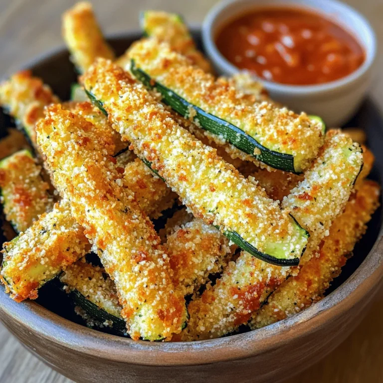 To make these tasty air fryer Parmesan zucchini fries, you will need: - 2 medium zucchinis, sliced into thin fries - 1 cup breadcrumbs (preferably panko for extra crunch) - 1/2 cup grated Parmesan cheese - 1 teaspoon garlic powder - 1 teaspoon Italian seasoning - 1/2 teaspoon salt - 1/4 teaspoon black pepper - 2 large eggs, beaten - Olive oil spray These ingredients give the fries a great taste and crispy texture. The zucchini is the star, and the cheese adds a savory kick. For a twist, you can add: - Red pepper flakes for heat - Fresh herbs like parsley or basil - Lemon zest for brightness - A dash of smoked paprika for depth These add-ins can enhance the flavor and make the fries even more exciting. To whip up these fries, you will need: - An air fryer - A sharp knife for slicing - Two mixing bowls for the breading station - A baking sheet for easy transport - A spatula for flipping the fries Having the right tools makes the process smooth and fun. You’ll find that each step is simple and quick, especially with the air fryer. For the full recipe, check out the recipe section above. First, preheat your air fryer to 400°F (200°C). Take two medium zucchinis and slice them into thin fries. Aim for about 1/4 inch thick. This size helps them cook evenly and get crispy. Lay the sliced zucchini on a paper towel to absorb excess moisture. Now, grab two bowls for the breading station. In one bowl, mix together 1 cup of breadcrumbs, 1/2 cup of grated Parmesan cheese, 1 teaspoon of garlic powder, 1 teaspoon of Italian seasoning, 1/2 teaspoon of salt, and 1/4 teaspoon of black pepper. In the other bowl, beat two large eggs. This setup makes coating the zucchini easy. Dip each zucchini fry into the egg mixture first. Let any extra egg drip off. Next, roll it in the breadcrumb mix. Press gently to make sure each fry gets coated well. After coating, place the fries on a plate. If you have a lot, work in batches to keep them from sticking together. Lightly spray the air fryer basket with olive oil spray. Arrange the coated zucchini fries in a single layer. Make sure they don’t touch to allow hot air to circulate. If needed, you can do this in two batches. Spray the tops of the fries lightly with olive oil. Cook for 10-12 minutes, flipping halfway through. They should be golden brown and crispy when done. Enjoy your delicious air fryer Parmesan zucchini fries warm! For the full recipe, check the details above. To make your zucchini fries super crispy, start by cutting the zucchini into even sticks. Aim for a thickness of about 1/4 inch. This helps them cook evenly. Use panko breadcrumbs for that extra crunch. They create a light and crispy texture. When air frying, do not overcrowd the basket. Leave space between each fry. This allows hot air to circulate and crisp up every piece. Finally, a light spray of olive oil on top before cooking can help achieve that golden finish. One common mistake is skipping the egg wash. The eggs help the breadcrumbs stick to the zucchini. Another mistake is not drying the zucchini before coating. Excess moisture can make the fries soggy. Also, avoid using regular breadcrumbs. They don’t give the same crunch as panko. Lastly, remember to flip the fries halfway through cooking. This ensures both sides cook evenly and get crispy. Zucchini fries taste great with many sauces. Marinara sauce is a classic choice. The rich tomato flavor pairs well with the fries. Ranch dressing also makes a tasty dip. It adds a creamy touch that balances the crunch. For a spicy kick, try sriracha mayo. Mix sriracha with mayonnaise for a quick sauce. If you prefer something zesty, a yogurt-based tzatziki sauce is refreshing. You can also explore unique options like garlic aioli for an added flavor boost. Enjoy experimenting with different dips! {{image_2}} You can switch up the flavors of your zucchini fries. Instead of Italian seasoning, try using taco seasoning for a fun twist. You can also use lemon zest and dill for a fresh taste. Experiment with these blends to find what you love best. If you like heat, add red pepper flakes to your breadcrumb mix. A little bit goes a long way! You could also try smoked paprika for a rich, smoky flavor. Just sprinkle in your desired amount to make the fries zing with flavor. Don’t stop at zucchini! You can use eggplant, carrots, or even sweet potatoes. Just cut them into fries like zucchini. Adjust the cooking time based on the size and type of your veggie. Enjoy the crispy goodness with these new options. Check out the Full Recipe for more ideas! To keep your zucchini fries fresh, store them in an airtight container. Place a paper towel at the bottom of the container to absorb moisture. This helps the fries stay crispy. You can keep them in the fridge for up to three days. If you want to enjoy them later, consider freezing them. To reheat your zucchini fries, use the air fryer again. Set it to 350°F (175°C). Cook for about 5-7 minutes until crispy. This method revives their crunch. You can also use an oven. Just place them on a baking sheet and heat at the same temperature for about 10 minutes. If you want to freeze your zucchini fries, first cook them. Let them cool completely, then lay them flat on a baking sheet. Freeze until solid, then transfer them to a freezer bag. This way, you can grab just what you need. Frozen fries can last up to three months. When ready to eat, cook them straight from frozen in the air fryer. To make air fryer zucchini fries crispy, follow a few simple steps. First, slice the zucchini as thin as possible. This helps them cook evenly and get that nice crunch. Next, coat them well with the breadcrumb mixture. Use panko for extra crunch! Also, don’t overcrowd the air fryer basket. Give them space to cook properly. Finally, spray the tops with olive oil. This helps them brown nicely. Yes, you can use other vegetables! Carrots, sweet potatoes, or eggplant can work well. Just cut them into similar-sized sticks for even cooking. Adjust the cooking time based on the vegetable you choose. Each one will bring its own flavor and texture to the dish. Zucchini fries taste great with many dipping sauces. You can try marinara for a classic touch. Ranch dressing adds a cool flavor, while garlic aioli gives a creamy kick. Even a spicy sriracha sauce can spice things up! Get creative and find your favorite. Leftover zucchini fries can last about 2 to 3 days in the fridge. Store them in an airtight container to keep them fresh. When ready to eat, reheat them in the air fryer for a few minutes. This helps restore their crispiness. Enjoy them again without losing that great texture! You now have all the tools to make delicious air fryer zucchini fries. Start with the essential ingredients and optional add-ins to boost flavor. Follow the step-by-step guide for perfect fries. Remember to use the tips for crispiness and avoid common mistakes. Don’t shy away from trying fun variations with different spices and veggies. Store leftovers well and reheat them for that just-cooked taste. Enjoy this tasty treat anytime, and let your creativity shine in the kitchen!