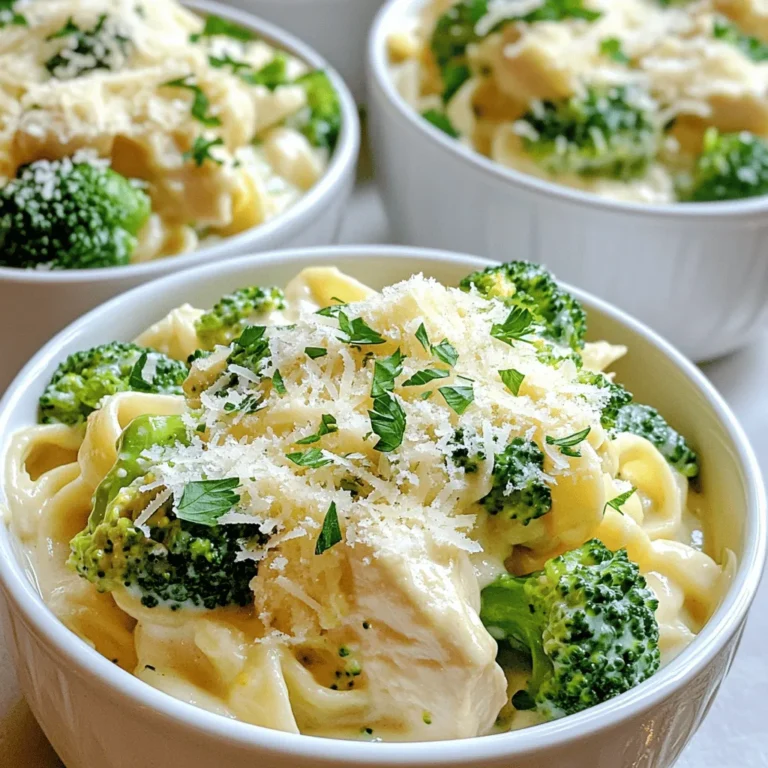 - 2 boneless, skinless chicken breasts, diced - 2 cups broccoli florets For this dish, I love using fresh chicken and broccoli. The chicken gives a nice, juicy bite. The broccoli adds color and crunch. You can cut the chicken into small pieces. This helps it cook evenly and quickly. For the broccoli, I recommend using florets. They will cook just right and look great on your plate. - 8 ounces fettuccine or pasta of choice - 1 tablespoon olive oil - 3 cloves garlic, minced - 1 cup heavy cream - 1 cup grated Parmesan cheese For the pasta, fettuccine works best. It holds the sauce well. You can use any pasta you like. Just remember to cook it al dente. Olive oil keeps the chicken moist. Garlic adds amazing flavor to the dish. Heavy cream and Parmesan cheese create a rich, creamy sauce. Together, they make this meal feel special. - Salt and pepper to taste - 1/2 teaspoon dried Italian herbs - Fresh parsley, chopped (for garnish) Seasoning is key to great flavor. Use salt and pepper to taste. Italian herbs add warmth and depth. I like to finish the dish with fresh parsley for color. It brightens the plate and makes it look fresh. These simple ingredients elevate the dish without being overwhelming. For the full recipe, check out the details above! First, heat 1 tablespoon of olive oil in a large skillet over medium heat. While the oil heats, dice 2 boneless, skinless chicken breasts. Once the oil is hot, add the chicken to the skillet. Season it with salt, pepper, and 1/2 teaspoon of dried Italian herbs. Cook the chicken for about 5 to 7 minutes. Stir it occasionally to brown all sides. When it’s done, it should be golden and cooked through. Remove the chicken from the skillet and set it aside for now. In the same skillet, add 3 cloves of minced garlic. Sauté the garlic for about 1 minute until it smells good. Then, add 2 cups of broccoli florets to the skillet. Stir and cook for 3 to 4 minutes. You want the broccoli to be tender but still bright green. This will keep it crisp and flavorful. Next, cook 8 ounces of fettuccine or your favorite pasta in a separate pot. Follow the package instructions and drain it once it's al dente. Now, back in the skillet with the broccoli, pour in 1 cup of heavy cream. Bring it to a gentle simmer. Stir in 1 cup of grated Parmesan cheese. Keep stirring until the cheese melts and the sauce is smooth. Add the chicken and drained pasta back into the skillet. Toss everything together so it’s coated in the creamy sauce. Let it heat through for 2 to 3 minutes. Adjust the taste with more salt or pepper if needed. Serve hot, and don’t forget to garnish with fresh parsley! For the full recipe, check out the [Full Recipe]. To get juicy chicken, start with diced pieces. This helps them cook evenly. Cook the chicken until it is a nice golden brown. This usually takes about 5 to 7 minutes. Make sure to not overcrowd the skillet. This allows each piece to sear well. After cooking, let the chicken rest for a few minutes. This keeps the juices inside. Broccoli should stay bright green and crisp. Add it to the skillet after the garlic. Sauté for just 3 to 4 minutes. You want it tender but still crunchy. If you cook it too long, it will turn dull. To keep that vibrant color, you can also shock it in cold water after cooking. This method locks in color and nutrition. The sauce should be creamy and smooth. If it’s too thick, add a little pasta water. This water has starch from cooking the pasta. It helps make the sauce silkier. If it’s too thin, let it simmer a bit longer. Stir in more cheese if you want it richer. Taste as you go to get the perfect balance. For the full recipe, check the details above. {{image_2}} You can swap out chicken for other meats. Shrimp works well and cooks quickly. You can also use turkey or even tofu for a vegetarian twist. Each protein adds its unique flavor. Just adjust cooking times to ensure your choice is fully cooked. Broccoli is excellent, but you can mix in other veggies. Bell peppers add sweetness and crunch. Zucchini or spinach also fit well in this dish. Feel free to experiment! Each vegetable brings a new taste and color. Just make sure to adjust cooking time based on what you use. If you need a gluten-free meal, choose gluten-free pasta. Many brands offer great options that taste good. You can also skip pasta and use rice instead. This keeps the dish hearty while meeting dietary needs. Always check labels to ensure your ingredients are gluten-free. For the full recipe, check the section above. You can store leftovers in the fridge. Place the Chicken and Broccoli Alfredo in an airtight container. It stays fresh for up to three days. Make sure to let it cool down before you seal it. This helps keep the flavor and texture. If you want to save some for later, freezing works well. Use a freezer-safe container or bag. Leave some space for expansion. You can freeze it for up to two months. When you're ready to eat, thaw it in the fridge overnight. To reheat, use the stovetop or microwave. If using the stovetop, add a splash of cream or water. This keeps the dish moist. Stir it often over low heat until warm. If using a microwave, cover the dish to trap steam. Heat in short bursts and stir in between. This way, you'll enjoy a creamy meal again! Yes, you can use frozen broccoli. Just add it to the skillet while cooking the garlic. Frozen broccoli may need a few extra minutes to cook. Make sure it is heated through and tender before serving. This option saves time and works well in this dish. Fettuccine is the best choice for this recipe. It holds the creamy sauce well. However, you can use other pasta types too. Penne, rotini, or even whole wheat pasta are great options. Choose what you like or have at home for this meal. To make this dish healthier, consider these tips: - Use whole-grain pasta for more fiber. - Swap heavy cream for low-fat milk or a plant-based cream. - Add more vegetables like bell peppers or spinach for extra nutrients. - Use less cheese or a lighter cheese option to cut calories. These changes can keep the dish tasty while boosting its nutrition. Check out the Full Recipe for even more ideas! This blog post covered how to make Chicken and Broccoli Alfredo. We explored key ingredients, like chicken, pasta, and sauce. I shared step-by-step instructions for cooking and sautéing. You learned tips for perfect chicken and bright broccoli. We also talked about variations, like swapping proteins or veggies. Lastly, I provided storage info to keep leftovers fresh. Try this recipe to impress. Remember, cooking is fun and easy!
