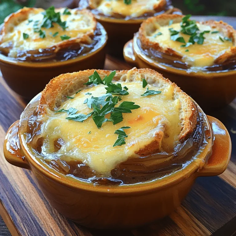 To make classic French onion soup, you need simple ingredients that create rich flavors. Here’s what you’ll need: - 4 large yellow onions, thinly sliced - 3 tablespoons unsalted butter - 2 tablespoons olive oil - 1 teaspoon sugar - 4 cups beef broth (or vegetable broth for vegetarian option) - 2 cups water - 1 teaspoon dried thyme - 1 loaf of crusty French baguette, sliced into thick pieces - 2 cups shredded Gruyère cheese - Salt and pepper to taste - Fresh parsley, chopped (for garnish) These core ingredients work together to form a warm and hearty bowl of soup. You can enhance your soup with a few extra ingredients. Some great options include: - A splash of white wine for acidity - Fresh garlic for an aromatic touch - Bay leaves for depth of flavor - A pinch of red pepper flakes for heat These additions can take your soup to a new level. Feel free to experiment! You will need specific tools to make this soup easy and enjoyable: - A large heavy-bottomed pot for even cooking - A wooden spoon for stirring - An oven-safe bowl or ramekin for serving - A baking sheet for toasting the bread Having the right tools makes the cooking process smoother. Enjoy the experience of creating this classic dish! For the full recipe, check the section above. Start by gathering all your ingredients. You need: - 4 large yellow onions, thinly sliced - 3 tablespoons unsalted butter - 2 tablespoons olive oil - 1 teaspoon sugar - 4 cups beef broth (or vegetable broth for vegetarian option) - 2 cups water - 1 teaspoon dried thyme - 1 loaf of crusty French baguette, sliced into thick pieces - 2 cups shredded Gruyère cheese - Salt and pepper to taste - Fresh parsley, chopped (for garnish) Now, peel and slice the onions. Thin slices give the best texture. Next, measure the butter and oil. This mix will help the onions cook evenly. In a large pot, melt the butter and oil over medium heat. Add the sliced onions, stirring well to coat. Sprinkle the sugar over the onions. This helps with caramelizing. Cook slowly, stirring often, for 30 to 40 minutes. You want the onions to become soft and golden brown. Patience is key here. Once they reach that deep color, season with salt and pepper. The smell will be amazing! Pour in the beef broth and water. Add the dried thyme. Bring this mix to a gentle boil, then lower the heat. Let it simmer for 20 minutes. This step allows all the flavors to blend. While waiting, preheat your oven to 425°F (220°C). Arrange the sliced baguette on a tray and toast it for 5 to 7 minutes until golden. Once your soup is ready, ladle it into oven-safe bowls. Place a piece of toasted baguette on each. Top each with a generous amount of Gruyère cheese. Now, place the bowls under the broiler for 3 to 5 minutes. Watch closely as the cheese bubbles and turns golden. Carefully take the bowls out and garnish with fresh parsley. Your classic French onion soup is ready to warm your heart! To caramelize onions well, slice them thinly. Thin slices cook evenly. Use a heavy pot to avoid burning. Start with medium heat. Add butter and oil together. Wait until they melt, then add onions. Stir them often to coat. Sprinkle sugar to speed up caramelizing. Cook for 30 to 40 minutes. You want them golden and sweet. If they stick, lower the heat. Patience is key for deep flavor. A rich broth makes your soup shine. Use good-quality beef broth for deep taste. If you prefer vegetarian, vegetable broth works well. Mix in water to balance flavors. Dried thyme adds a nice herbal note. You can adjust salt and pepper to taste. Let the broth simmer gently to blend all ingredients. A 20-minute simmer works great for depth. Presentation matters in making your soup stand out. Use oven-safe bowls for serving. Ladle the hot soup into each bowl. Place a slice of toasted baguette on top. Add a generous amount of Gruyère cheese over the bread. Broil until the cheese bubbles and turns brown. Garnish with fresh parsley before serving. For a rustic touch, place bowls on a wooden board. This makes a lovely dining experience. For more detailed cooking steps, check out the Full Recipe. {{image_2}} You can easily make a vegetarian version of classic French onion soup. Just switch the beef broth with vegetable broth. This keeps the rich flavor while making it meat-free. You can still caramelize the onions in butter or use olive oil for a lighter touch. The key is to let the onions cook slowly. This brings out their natural sweetness. Want to spice up your soup? Try adding unique ingredients! You can mix in a splash of white wine for extra depth. A touch of balsamic vinegar can also elevate the flavor. For a kick, toss in some red pepper flakes. You can even add sautéed mushrooms for an earthy taste. Each addition brings a new twist to the classic recipe. Gruyère cheese is a classic choice, but feel free to experiment. Try using Swiss cheese for a milder flavor. Mozzarella melts well and gives a nice stretch. For something bold, blue cheese adds a punch. You can even combine different cheeses for a rich topping. Just remember to sprinkle generously for that perfect cheesy crust! For the full recipe, check out the details above, and enjoy your cooking! You can store leftover soup in an airtight container. Let it cool down first. Then, place it in the fridge. It stays fresh for about 3 to 4 days. Make sure to label your container with the date. This helps you remember when you made it. You can freeze French onion soup if you want to keep it longer. Use freezer-safe containers. Leave some space at the top, as the soup will expand when frozen. It can last for up to 3 months in the freezer. Just remember to label the container with the date. To reheat the soup, pour it into a pot. Heat it on low to medium heat. Stir it often to prevent burning. If you like, you can add a splash of water or broth to thin it out. For a crispy topping, reheat your soup in the oven. Place it in an oven-safe bowl, add the bread and cheese, and broil until bubbly. Enjoy your warm, savory bowl of classic French onion soup! Yes, you can make French onion soup ahead of time. It tastes even better the next day! After cooking, let it cool. Store it in the fridge. When ready to serve, heat it on the stove. You may want to add more broth if it thickens. This soup stays fresh for up to three days. Gruyère cheese is the classic choice for French onion soup. It melts perfectly and adds rich flavor. You can also use Swiss cheese or a mix of both. For a twist, try adding a bit of Parmesan. Just remember, the cheese should be shredded for even melting. To make gluten-free French onion soup, use gluten-free bread. Ensure the beef broth is also gluten-free. Many brands offer gluten-free options. Just follow the same steps in the Full Recipe. Your soup will still be tasty and comforting without gluten. You now have a complete guide for making classic French onion soup. We covered key ingredients, optional flavors, and essential tools. The step-by-step instructions make it easy to cook and serve this dish. Don’t forget to check out my tips for caramelizing onions and adding your unique twist. With practice, you will refine your skills and enjoy delicious results. French onion soup can impress at any gathering. Keep experimenting with flavors and presentations. You’ll create a dish that warms hearts and brings smiles.
