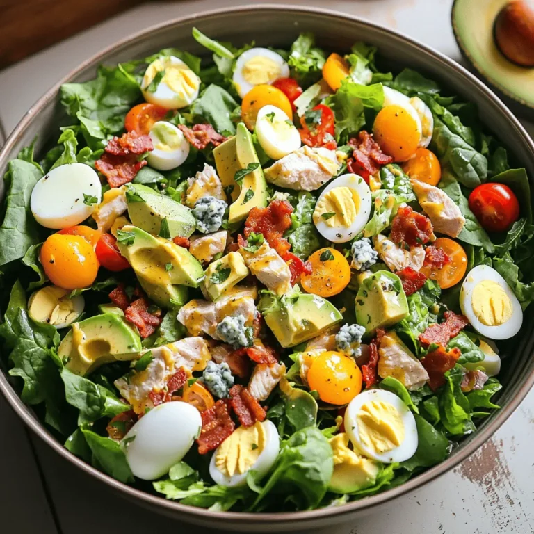 To make a Classic Cobb Salad, you need fresh and tasty ingredients. Here’s your list: - Mixed greens: romaine and spinach - Cooked chicken breast - Hard-boiled eggs - Avocado - Cherry tomatoes - Blue cheese - Turkey bacon (optional) - Red onion - Dressing ingredients: olive oil and lemon juice - Salt and pepper Using high-quality ingredients makes the salad shine. Each item contributes its unique flavor and texture. For example, the creamy avocado balances the crunch of the greens. The salty blue cheese adds depth, while the turkey bacon brings a crispy touch. You can find the full recipe in the section above. This will guide you in preparing a delightful meal that looks as good as it tastes. Enjoy the fresh flavors and health benefits of this classic dish! 1. Start with a large salad bowl. Lay down 2 cups of mixed greens as your base. I prefer a mix of romaine and spinach for great flavor. 2. Evenly add 1 cup of cooked chicken breast, diced or shredded, over the greens. This adds protein and makes the salad filling. 3. Arrange 2 hard-boiled eggs, peeled and quartered, around the salad. Then, add 1 medium avocado, diced, on one side. This gives a creamy texture that pairs well with the chicken. 1. Scatter 1 cup of halved cherry tomatoes over the chicken and greens. This adds a burst of flavor and color. 2. Sprinkle 1/2 cup of crumbled blue cheese on top for that rich, tangy taste. If you want extra crunch, add 4 slices of crispy turkey bacon, chopped. This step is optional but highly recommended. 1. For the dressing, whisk together 1/4 cup of olive oil, 2 tablespoons of lemon juice, and a pinch of salt and pepper in a small bowl. This dressing keeps the salad fresh. 2. Drizzle the dressing over the salad just before serving. Toss gently if you want to mix it all together. I like to serve it layered for a beautiful look. Now, you have a delicious Classic Cobb Salad ready to enjoy! For the full recipe, you can check out my other sections. To make your Cobb salad shine, consider how you layer it. Start with the mixed greens as your base. This gives a fresh look. Next, add the chicken on top. Arrange hard-boiled eggs and diced avocado near the edges. This helps create a colorful feast. Timing is key for freshness. Dress the salad just before serving. This keeps the greens crisp and the flavors bright. You can boost the flavor with some extra spices. Try adding garlic powder or smoked paprika for a kick. Fresh herbs like parsley or chives can also elevate the taste. If you want a new twist, consider alternative dressings. A tangy vinaigrette or ranch dressing works well too. These options can change the whole vibe of your salad. When serving, use large bowls or a beautiful platter. This makes sharing easy and fun. For garnishing, extra avocado slices and a sprinkle of herbs add flair. You can also serve with lemon wedges on the side. This offers a fresh burst of flavor with each bite. For the full recipe, check out the detailed instructions above. {{image_2}} You can change up the protein in your Cobb salad. Try grilled shrimp or steak for a tasty twist. If you want a meatless option, consider using chickpeas or tofu. Both options add protein and flavor. Feel free to swap the greens. Kale or arugula can give your salad a new taste. You can also change the cheese. Feta or goat cheese works well instead of blue cheese. These swaps can make your Cobb salad unique. If you follow a low-carb or keto diet, you can adjust the recipe. Use fewer carbs by skipping the avocado or cheese. For those who need gluten-free options, make sure to use gluten-free bacon. These changes keep the flavor while meeting dietary needs. To keep your Cobb salad fresh, store it in an airtight container. Place the salad in the fridge as soon as you finish eating. This helps keep the greens crisp. If you have leftover dressing, store it separately. A small jar works well for this. This way, your salad won’t get soggy. In the fridge, your salad should last for about three days. The greens may wilt after this, but the other components will hold up. Hard-boiled eggs and chicken can last up to four days. Look for signs of spoilage like an off smell or slimy texture. If any part looks bad, it’s best to toss it. You can use leftover salad in many ways. Chop it up and add it to a wrap for lunch. Mix it into an omelet for breakfast. You can also blend it into a smoothie for a healthy snack. Creative uses make sure no food goes to waste! The Cobb Salad has a rich history. It comes from the Brown Derby restaurant in Hollywood. The chef, Robert Cobb, created it in the 1930s. He used leftover ingredients from the kitchen. This salad quickly became popular among movie stars. It features a mix of fresh flavors and colors. The original recipe had chicken, bacon, eggs, and avocado. This combination makes it a filling and tasty dish. Yes, you can prepare a Cobb Salad ahead of time. Here are some tips: - Prep Ingredients: Chop your veggies and cook the chicken in advance. - Storage: Keep dressing separate until ready to eat. This helps maintain freshness. - Layering: Store ingredients in layers. Place heavier items, like chicken, at the bottom. - Timeframe: Aim to eat it within two days for the best taste. You can customize your Cobb Salad with other toppings. Here are some ideas: - Grains: Add quinoa or farro for extra texture. - Veggies: Try cucumber, bell peppers, or radishes for crunch. - Fruits: Sliced apples or berries can add sweetness. - Cheese: Swap blue cheese for feta or goat cheese if you prefer. - Nuts: Top with walnuts or almonds for a nice crunch. Feel free to explore different flavors and textures in your Cobb Salad. For the full recipe, check out the Crispy Chicken Cobb Salad. In this blog post, I covered how to make a Classic Cobb Salad. We looked at the ingredients, from mixed greens to blue cheese. I gave you step-by-step instructions for preparation, assembly, and serving. Tips and variations help you customize the salad to your taste. Don't forget about storage to keep leftovers fresh. A Cobb Salad is versatile and easy to adapt. I hope you feel ready to create a tasty, fresh salad that fits your needs. Enjoy experimenting with flavors!
