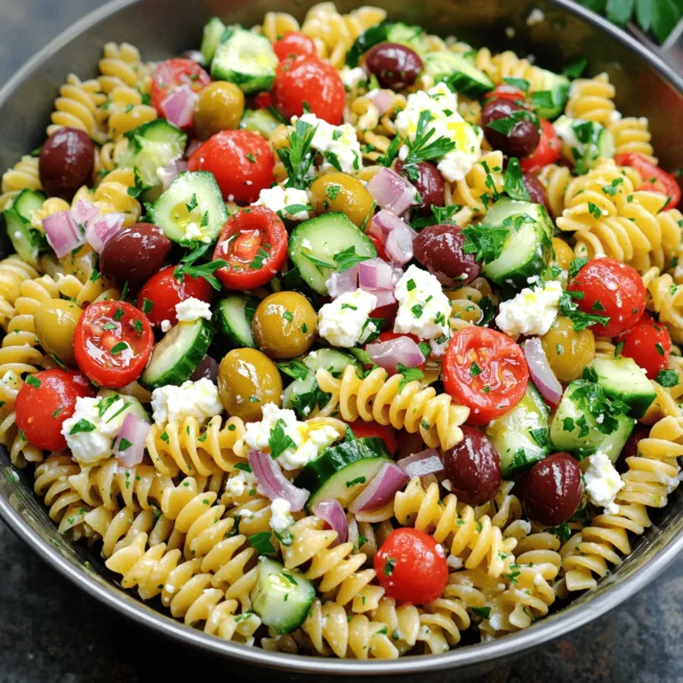 - 8 oz (about 225g) rotini or fusilli pasta - 1 cup cherry tomatoes, halved - 1 cucumber, diced - 1 cup Kalamata olives, pitted and halved - 1/2 red onion, finely chopped - 1 bell pepper (red or yellow), diced - 1 cup feta cheese, crumbled - 1/4 cup fresh parsley, chopped - 1/4 cup olive oil - 3 tablespoons red wine vinegar or apple cider vinegar - 1 teaspoon dried oregano - Salt and pepper to taste When I make this Easy Greek Pasta Salad, I love using simple, fresh ingredients. The rotini or fusilli pasta gives a nice twist. Cherry tomatoes add sweetness and color. Cucumber makes the salad crisp and refreshing. Kalamata olives bring a salty, briny flavor that pairs well with the other ingredients. I use red onion for a bit of sharpness, while the bell pepper adds crunch. Feta cheese is a must—it gives creaminess and a tangy taste. Fresh parsley not only looks good but also adds a burst of flavor. For the dressing, I mix olive oil and vinegar. This combo makes the salad zesty and bright. A sprinkle of dried oregano ties everything together. Don't forget to season with salt and pepper to your liking. These ingredients create a well-rounded dish. You can find the full recipe [here](#). To start, fill a large pot with water. Add a good pinch of salt. Bring the water to a boil. Once boiling, add 8 oz of rotini or fusilli pasta. Cook it for the time on the package until it is al dente. This usually takes about 8 to 10 minutes. After cooking, drain the pasta in a colander. Rinse it under cold water to stop the cooking. Set the pasta aside while you prepare the rest. While the pasta cooks, it’s time to chop the veggies. Take 1 cup of cherry tomatoes and cut them in half. Next, dice 1 cucumber and finely chop 1/2 of a red onion. Then, chop 1 bell pepper, either red or yellow will do. Finally, chop 1/4 cup of fresh parsley. Toss all these chopped veggies in a large mixing bowl. They add color and crunch to your salad. Now, it’s time to mix things up. Add the drained pasta to the bowl with the veggies. Toss in 1 cup of pitted and halved Kalamata olives. These olives give a nice briny flavor. Mix everything well so that the pasta and veggies are evenly combined. For the dressing, grab a small bowl. Whisk together 1/4 cup of olive oil, 3 tablespoons of red wine vinegar, and 1 teaspoon of dried oregano. Add salt and pepper to taste. This dressing brings all the flavors together. Taste it and adjust the seasoning if needed. Drizzle the dressing over the pasta and veggies. Next, add 1 cup of crumbled feta cheese for that creamy touch. Gently toss everything together until all the ingredients are coated in the dressing. This step is key for flavor. Let the salad chill in the fridge for about 30 minutes. This allows the flavors to meld nicely. When ready to serve, you can enjoy it cold or at room temperature. For a pretty presentation, serve it in a large bowl or on individual plates. For the full recipe, check out the detailed instructions above! To make your Greek pasta salad pop, consider adjusting the seasoning. You might want to add more salt or pepper based on your taste. Fresh herbs can also boost the flavor. Basil or mint can make a big difference. Chilling the salad is important too. Let it sit in the fridge for at least 30 minutes. This time helps all the flavors blend beautifully. Garnishing makes your salad look great. Try adding extra feta cheese on top. Fresh parsley adds a bright touch too. Use colorful serving bowls for more visual appeal. When serving at gatherings, individual plates can impress your guests. Layer the salad in a clear bowl for a beautiful view of all the colors. Want to add protein? Grilled chicken or shrimp work well in this salad. They complement the flavors nicely. For dietary needs, you can swap out regular pasta for gluten-free pasta. This way, everyone can enjoy the dish. Feel free to mix in your favorite veggies or nuts for extra crunch. You can find the full recipe [here](#). {{image_2}} You can make your Greek pasta salad even better by adding artichokes or sun-dried tomatoes. These ingredients bring a burst of flavor. They add a nice touch of tanginess that pairs well with feta. You can also mix in fresh herbs like basil or mint. These herbs give the salad a bright and fresh taste. Try adding a handful of chopped mint for a refreshing twist. Seasonal veggies can change the way your salad tastes. In spring or summer, add sweet peas or bell peppers for crunch. You can also throw in some zucchini or asparagus for a fun texture. Change your ingredients based on what is fresh and in season. This keeps your salad exciting and flavorful. If you're looking for new flavors, try different dressings. A simple lemon vinaigrette can brighten up the dish. Just mix lemon juice, olive oil, salt, and pepper for a zesty kick. For a creamy option, consider using Greek yogurt or tahini. This adds a rich taste and pairs well with the pasta. For the full recipe, you can check out the details above. To keep your Greek pasta salad fresh, store it in an airtight container. This helps to keep out air and moisture. You can store it in the fridge for up to 3 days. After that, the flavors may fade, and the veggies might get soggy. Always check for any signs of spoilage before eating leftovers. You can freeze Greek pasta salad, but it may change texture. The veggies can become mushy when thawed. If you still want to freeze it, follow these tips: - Use a freezer-safe container. Make sure it seals well to avoid freezer burn. - Freeze without dressing. Add the dressing after you thaw the salad. This keeps the pasta and veggies fresh. - Thaw in the fridge. Let it sit overnight before serving. This gives it time to defrost slowly. If you can't use feta cheese, try these options: - Goat cheese: It has a similar tangy taste. - Ricotta cheese: This gives a softer texture. - Vegan feta: Made from nuts or tofu for dairy-free needs. - Cottage cheese: A lighter option, though a bit different in flavor. - Nutritional yeast: For a vegan cheese-like flavor without dairy. These swaps work well in Greek pasta salad. Choose based on your taste or dietary needs. Greek pasta salad can sit out for about two hours. - Hot weather: Reduce this time to one hour. - Cooler conditions: It can last longer. After the safe time, it’s best to store leftovers in the fridge. Always keep food safety in mind. Yes, you can make Greek pasta salad ahead of time. - Prep time: You can prepare it up to 24 hours in advance. - Storage: Keep it in an airtight container in the fridge. This allows the flavors to blend better. Just toss in the feta cheese right before serving for the best taste. The original recipe is not vegan due to feta cheese. To make it vegan, use these tips: - Substitute feta: Use vegan feta or omit cheese. - Check pasta: Ensure it’s made without egg. This way, you still enjoy a tasty Greek pasta salad that fits your diet. This blog post covered a tasty Greek pasta salad, including its fresh ingredients, step-by-step instructions, and useful tips. You learned how to combine pasta, veggies, and feta for a burst of flavor. Remember, chilling the salad enhances the taste, and there are many ways to customize it. With proper storage, you can enjoy leftovers without losing quality. Whether you're hosting a gathering or enjoying a simple meal, this salad fits perfectly. Try it out and impress yourself and your guests with this easy, delicious dish.
