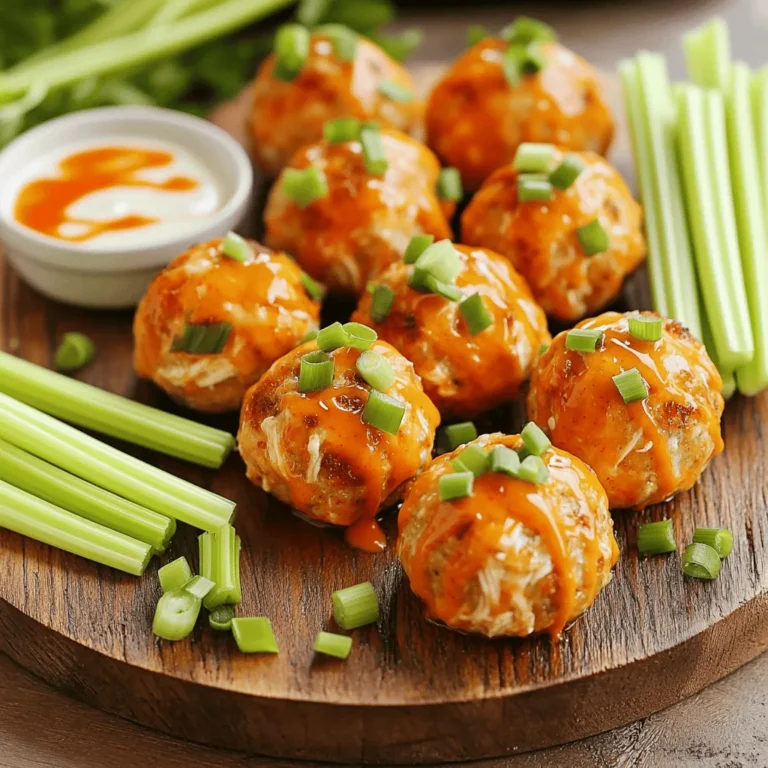 When making Buffalo chicken meatballs, you need fresh and tasty ingredients. Here’s a detailed list of what you will need: - Ground chicken: 1 pound gives the meatballs their base. - Breadcrumbs and cheese: 1/2 cup breadcrumbs and 1/4 cup grated Parmesan cheese add flavor and texture. - Spices and seasonings: You’ll need garlic powder, onion powder, salt, and black pepper. These make the meatballs tasty. - Optional serving items: Consider celery sticks and ranch dressing. They pair well for dipping. This mix of ingredients makes for a delicious meal. You get protein from the chicken and flavor from the spices. The cheese adds a nice touch too. If you want to spice things up, you can add more hot sauce. For the full recipe, check out the instructions to make these tasty bites! Prepping the baking sheet Start by preheating your oven to 400°F (200°C). Line a baking sheet with parchment paper. This step keeps the meatballs from sticking and makes cleanup easy. Mixing ingredients In a large bowl, add the ground chicken, breadcrumbs, green onions, and Parmesan cheese. Crack in one large egg. Next, pour in the hot sauce, and sprinkle in the garlic powder, onion powder, salt, and black pepper. Mix everything well with your hands. Make sure the spices and sauces blend into the chicken evenly. Shaping the meatballs Once mixed, take a small scoop of the mixture. Form it into a ball about 1 inch wide. Place each meatball on the prepared baking sheet, leaving some space between them. This helps them cook evenly. Baking the meatballs Drizzle a bit of olive oil over the meatballs. This helps them brown nicely. Now, place the baking sheet in the oven. Bake for 20 to 25 minutes. The meatballs should be golden brown and cooked through. Additional tips for flavor enhancement If you want more heat, toss the baked meatballs in extra hot sauce just before serving. This adds a tasty kick. Serve them warm with celery sticks and ranch dressing for dipping. Enjoy your Buffalo chicken meatballs! For the full recipe, check out the earlier section. Mixing is key for great meatballs. Combine your ground chicken and other ingredients gently. If you mix too much, the meatballs get tough. Aim for a light touch. This helps keep them soft and juicy. Oven temperature matters too. Preheat your oven to 400°F (200°C). This hot oven helps brown the meatballs well. If the oven is too cool, the meatballs may dry out. Avoid overmixing your meatball mix. Overmixing makes the meatballs dense. On the flip side, under-mixing can cause them to fall apart. Find a balance to create a perfect texture. Baking time is important. If the meatballs are too big, they need more time. If they’re small, check them early. Use a meat thermometer to ensure they're cooked through. Aim for 165°F (75°C) for safe eating. For more tips and the full recipe, check the article. {{image_2}} You can play with flavors in Buffalo chicken meatballs. Instead of hot sauce, try BBQ sauce for a sweet twist. You can add spices like smoked paprika or cayenne for extra heat. Mixing in fresh herbs, like parsley or cilantro, brightens the flavor. You can also sneak in some finely chopped vegetables. Diced bell peppers or shredded carrots add crunch and nutrition. These small changes let you create a unique taste each time you make them. If you need gluten-free options, use gluten-free breadcrumbs. They work just as well and keep the meatballs tasty. You can also swap out ground chicken for ground turkey or a plant-based option. For low-carb alternatives, skip the breadcrumbs and use almond flour instead. This keeps the meatballs light and healthy. You can also serve them with veggies, instead of bread, for a filling meal. With these variations, you can customize Buffalo chicken meatballs to suit your needs and tastes. Make sure to check the Full Recipe for more tips! To keep your buffalo chicken meatballs fresh, use simple storage methods. First, let the meatballs cool completely. Then, place them in an airtight container. Refrigerate them for up to three days. Make sure they stay sealed to prevent drying out. If you want to save them longer, freezing works well. Arrange the meatballs in a single layer on a baking sheet. Freeze them until solid, about two hours. Once frozen, transfer them to a freezer bag. They can last up to three months in the freezer. Just remember to label the bag with the date. You can reheat buffalo chicken meatballs in two ways: microwave or oven. The microwave is quick. Place a few meatballs on a microwave-safe plate. Cover them with a damp paper towel to keep them moist. Heat for about 30 seconds or until warm. If you prefer the oven, preheat it to 350°F (175°C). Arrange the meatballs on a baking sheet. Cover them with foil to lock in moisture. Heat for 10-15 minutes, or until heated through. This method keeps them crispy and delicious. For the best taste, avoid overcooking. Check the meatballs regularly to ensure they stay juicy. Enjoy your tasty meal again with ease! Don't forget to make some buffalo chicken meatballs from the Full Recipe. How long do they take to cook? The meatballs cook in about 20 to 25 minutes. You want them golden brown and cooked through. Keep an eye on them as they bake to avoid overcooking. Can I make them ahead of time? Yes, you can make these meatballs ahead of time. Prepare them, then store them in the fridge. You can bake them later, or freeze them for up to a month. What to serve with Buffalo chicken meatballs? Serve them with celery sticks and ranch dressing. These crunchy sides balance the heat of the meatballs. You can also pair them with a fresh salad or some crusty bread. Is this recipe gluten-free? No, the recipe is not gluten-free as it uses breadcrumbs. However, you can substitute gluten-free breadcrumbs to make them suitable for a gluten-free diet. This small change keeps the flavor intact while making them friendly for more diets. For the complete recipe, check out the [Full Recipe]. This blog post covered everything you need for buffalo chicken meatballs. I shared ingredients like ground chicken, breadcrumbs, and seasonings. You learned the step-by-step process to mix, shape, and bake these tasty bites. I also shared tips for perfect meatballs and common mistakes to avoid. Don't forget the flavorful variations and how to store or reheat leftovers. Enjoy making your own buffalo chicken meatballs and impress everyone with your skills!