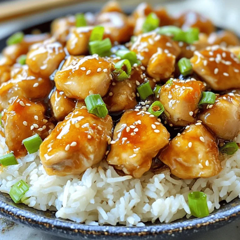 - 500g chicken thighs, boneless and skinless - 1/4 cup honey - 3 cloves garlic, minced - 2 tablespoons soy sauce - 1 tablespoon apple cider vinegar - 1 teaspoon grated fresh ginger - 1 tablespoon sesame oil - Salt and pepper to taste - 1 teaspoon cornstarch mixed with 1 tablespoon water (for thickening) - Garnishes: 2 green onions (chopped), sesame seeds For this sticky honey garlic chicken, the ingredients are simple yet powerful. The chicken thighs give you juicy meat. Honey adds sweetness. Garlic gives a savory kick. For the marinade, combine soy sauce, apple cider vinegar, and ginger. This mix brings depth to the dish. You can add sesame oil for a nutty flavor. Adjust salt and pepper as you like. If you want a thicker sauce, use cornstarch mixed with water. The texture will be perfect for coating the chicken. Garnish with green onions and sesame seeds. They add color and extra flavor. Follow the full recipe to make this dish shine. Each ingredient plays a role in making your meal tasty and fun. - Cut chicken thighs into bite-sized pieces. - Season chicken with salt and pepper. Start by trimming the chicken thighs. I like to cut them into small, even pieces. This helps them cook quickly and evenly. Don't skip the salt and pepper. It makes a big difference in flavor. - Whisk honey, garlic, soy sauce, vinegar, ginger, and sesame oil together. In a bowl, combine honey, minced garlic, soy sauce, apple cider vinegar, grated ginger, and sesame oil. Whisk until smooth. This marinade adds a sweet and savory taste. It coats the chicken well, making each bite delicious. - Marinate chicken for at least 30 minutes. - Cook chicken in a skillet over medium-high heat. - Optional: Thicken sauce with cornstarch mixture. Place the chicken into the marinade. Stir to coat all pieces. Let it sit in the fridge for at least 30 minutes. This step is key for flavor. When ready, heat a large skillet on medium-high. Add the marinated chicken and all the marinade. Cook for 5-7 minutes. Turn the chicken so it cooks evenly. You want it to be golden and sticky. If you like a thicker sauce, mix cornstarch with water. Stir it in and cook for one more minute. This will make the sauce extra rich. Enjoy your Sticky Honey Garlic Chicken over rice or quinoa. Don't forget to check the [Full Recipe] for all details! Marinating chicken is key to flavor. I suggest marinating for at least 30 minutes. If you have time, two hours will give you even better taste. The longer it sits, the more the flavors soak in. Store leftover marinade in a sealed container in the fridge for up to three days. You can also freeze it for later use. To get a nice crust on the chicken, start with a hot skillet. Add the chicken pieces without crowding the pan. This helps them brown well. Cook for about 5 to 7 minutes, turning them as needed. For glaze, aim for a thick, sticky sauce. If it seems too thin, add the cornstarch mixture. This will help it cling better to the chicken. Serve your sticky honey garlic chicken over steamed rice or quinoa. These sides soak up the tasty sauce. For a nice touch, garnish with chopped green onions and sesame seeds. This will make your dish look even more appealing. Enjoy the colors and textures! {{image_2}} You can switch up the protein in this dish. Tofu or shrimp works great. They both soak up the honey garlic flavor well. If you want a gluten-free option for soy sauce, try tamari. It tastes similar but is safe for those avoiding gluten. Want to spice things up? Add chili flakes for some heat. A little goes a long way! You can also mix in fruit juices like orange or pineapple for a sweeter touch. This adds layers of flavor that make your dish pop. You can cook this chicken in different ways. Oven-baking gives it a nice, even cook. Pan-frying creates a crispy edge, while an air fryer cooks it quickly and healthily. Each method offers a unique taste and texture, so choose what fits your mood. For the complete experience, check out the Full Recipe to explore all the flavors! To store leftovers, let the chicken cool first. Use a clean, airtight container. Glass or plastic containers work well. Place the chicken inside and seal it tight. It keeps the flavor fresh and prevents spills. Store it in the fridge. It will remain safe for up to four days. If you want to keep sticky honey garlic chicken longer, freezing is great. Place the cooled chicken in a freezer-safe bag. Remove as much air as possible. This helps prevent freezer burn. You can freeze it for up to three months. When ready to eat, move the bag to the fridge. Let it thaw overnight. You can also use a microwave for quick thawing. Reheat it in a skillet over low heat. Stir occasionally to warm it evenly. Leftovers last about four days in the fridge. Always check for signs of spoilage. Look for a change in color or texture. If it smells off, don’t eat it. When in doubt, throw it out. Keeping track of how long it has been stored helps avoid waste. Enjoy your sticky honey garlic chicken safely! For the full recipe, check out the earlier section. To make sticky honey garlic chicken, follow these steps: 1. Cut 500g of chicken thighs into bite-sized pieces. Season with salt and pepper. 2. In a bowl, whisk together 1/4 cup of honey, 3 cloves of minced garlic, 2 tablespoons of soy sauce, 1 tablespoon of apple cider vinegar, 1 teaspoon of grated fresh ginger, and 1 tablespoon of sesame oil. 3. Add the chicken to the marinade and mix well. Cover and marinate in the fridge for at least 30 minutes. 4. Preheat a large skillet over medium-high heat. Add the marinated chicken and marinade to the skillet. 5. Cook for 5-7 minutes, turning occasionally until the chicken is cooked through and glazed. If desired, stir in a mixture of 1 teaspoon cornstarch with 1 tablespoon water to thicken the sauce. 6. Remove from heat and let it rest for a couple of minutes before serving. Enjoy your sticky honey garlic chicken! Yes, you can use chicken breast instead of thighs. Here are some pros and cons: - Pros: Chicken breast is leaner and has less fat. It cooks quickly and can be healthier. - Cons: Chicken thighs are juicier and have more flavor. They stay moist better during cooking, making them great for marinades. Sticky honey garlic chicken pairs well with many sides and drinks: - Sides: Serve it over steamed rice or quinoa for a complete meal. Roasted vegetables or a fresh salad are also great options. - Drinks: Pair with iced tea or a light white wine to balance the sweetness. You might also enjoy sparkling water with a splash of lemon for a refreshing choice. For the full recipe, check out the details above. In this blog post, I covered how to make sticky honey garlic chicken. You learned about the key ingredients, from chicken thighs to honey and garlic. I shared steps for prepping, marinating, and cooking the chicken. I also provided tips on storage and variations. Cooking this dish can be fun and rewarding. Feel free to try your own twists and share this recipe with others. Enjoy every bite!