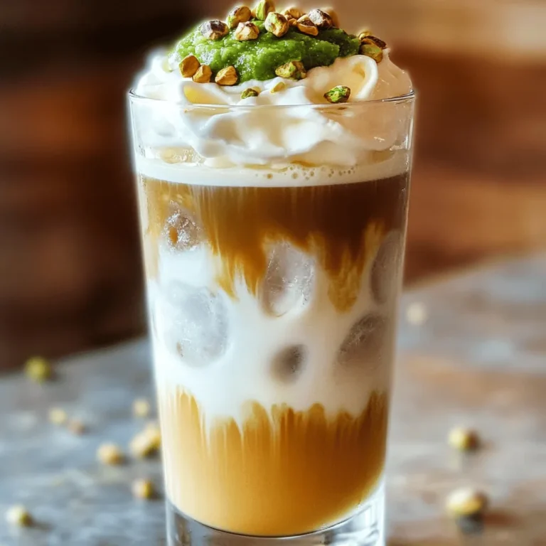 To make the perfect Pistachio Cream Iced Latte, you need just a few key ingredients. Each one adds to the rich and refreshing flavor of this drink. - 1 cup brewed espresso or strong coffee: Start with a good quality coffee for the best taste. - 1 cup milk (dairy or non-dairy, your choice): You can use whole, almond, oat, or soy milk. Each adds a unique flavor. - 2 tablespoons pistachio paste: This is the star of the drink. Look for high-quality paste made from roasted pistachios. - 2 teaspoons vanilla extract: This adds warmth and depth to the drink. - 1-2 tablespoons honey or maple syrup (to taste): Sweeten your latte to your liking. Honey adds a floral note, while maple syrup gives a rich flavor. - Ice cubes: Essential for making this drink cold and refreshing. - Whipped cream (for topping): Adds a creamy, indulgent finish. - Chopped pistachios (for garnish): These add a nice crunch and extra flavor on top. This list ensures you have everything you need for a delicious iced latte. You can find the full recipe to guide you through each step. 1. Brew your espresso or strong coffee. Let it cool for a few minutes. 2. In a small bowl, mix 2 tablespoons of pistachio paste, 2 teaspoons of vanilla extract, and 1-2 tablespoons of honey or maple syrup. Stir until smooth. 3. Fill a glass halfway with ice cubes. 1. Pour the cooled espresso over the ice in the glass. 2. Add 1 cup of milk to the espresso and stir gently. 3. Incorporate the pistachio mixture, mixing well so all flavors blend. 1. Top your iced latte with a generous swirl of whipped cream. 2. Garnish with chopped pistachios for a crunchy finish. 3. For a nice touch, serve in a clear glass to show off the layers. Follow this Full Recipe to create your perfect Pistachio Cream Iced Latte and enjoy every sip! Getting the right ingredient ratios is key for your Pistachio Cream Iced Latte. Use one cup of brewed espresso and one cup of milk. This balance creates the perfect drink. If you want it sweeter, adjust the honey or maple syrup. Start with one tablespoon, then taste and add more if you like. You can prepare this iced latte in advance. Brew your espresso and let it cool. Mix the pistachio paste with vanilla and sweetener. Store this mix in the fridge for up to three days. Keep the milk and whipped cream separate until you are ready to serve. This way, your drink stays fresh and tasty. You can make your latte even better by adding flavors. Try almond or coconut milk for a twist. A pinch of cinnamon or nutmeg can bring warmth to the drink. You can also mix in flavored syrups like caramel or chocolate. Don't be afraid to experiment and find your favorite taste! {{image_2}} If you want a dairy-free iced latte, try using almond milk, oat milk, or coconut milk. Each of these options gives a unique flavor. Almond milk is light and nutty. Oat milk adds creaminess, while coconut milk brings a tropical twist. When using these alternatives, taste your drink. You might need to adjust the flavor balance. Non-dairy milks can be sweeter, so reduce the sweetener if needed. For a healthier option, use natural sweeteners like agave syrup or stevia. Both provide sweetness without added sugars. If you prefer a sugar-free drink, stevia is a great choice. Just remember, it's much sweeter than sugar. Start with a small amount and add more to taste. Adjusting your sweetness helps you enjoy your iced latte without guilt. Want to mix things up? Add chocolate or mocha notes for a richer taste. Simply stir in some cocoa powder or use chocolate syrup. You can also incorporate seasonal ingredients like pumpkin spice in the fall. This spice adds warmth and comfort. Feel free to explore different flavors. Each time you make this drink, you can create a new experience! For the full recipe, check the main article. To store your unused iced latte, pour it into a sealable container. Keep it in the fridge for up to two days. The milk can spoil quickly, so check for freshness before drinking. If you have leftover components like espresso or pistachio paste, store them separately. Brewed espresso lasts about three days in the fridge. Pistachio paste can stay fresh for a week if sealed tightly. If you want to refresh a previously made iced latte, try adding more ice or milk. This helps cool it down and revives its flavor. You can also blend it for a frosty drink. Discard leftovers if they sit in the fridge for more than two days. Always trust your senses; if it smells or tastes off, it's best to throw it away. To keep your pistachio paste fresh, seal it in an airtight container. Store it in a cool, dark place, like your pantry or the fridge. This way, it can last for about two weeks. For brewed coffee, keep it in a closed container in the fridge. It will last up to three days. Always remember, fresh ingredients lead to a better-tasting pistachio cream iced latte. For the full recipe and serving instructions, check out the [Full Recipe]. A Pistachio Cream Iced Latte is a delicious drink. It blends rich espresso, creamy milk, and sweet pistachio paste. This drink is cold and refreshing, perfect for warm days. The flavor is nutty and slightly sweet, with a hint of vanilla. The whipped cream on top adds a nice touch. You can enjoy this treat at home or in cafés. You can find a Pistachio Cream Iced Latte at many local cafes. Major chains may also offer this special drink. To order online, check popular coffee delivery apps. Many cafes list their drinks on their websites. You might discover new places that serve this tasty iced latte! Pistachios are packed with nutrients. They are high in protein and healthy fats. They provide fiber, vitamins, and minerals too. Eating pistachios can help lower cholesterol. They may also support heart health and weight management. Adding pistachios to your diet is a smart choice! This blog post covered everything you need to make a Pistachio Cream Iced Latte. We discussed ingredients, preparation steps, and tasty variations. You can customize this drink to fit your taste. Remember the tips for better storage and measuring. Krafting this coffee treat is easy, fun, and satisfying. Enjoy making your own iced lattes at home, and feel free to experiment. You’ll impress friends and family with your skills and flavor choices.