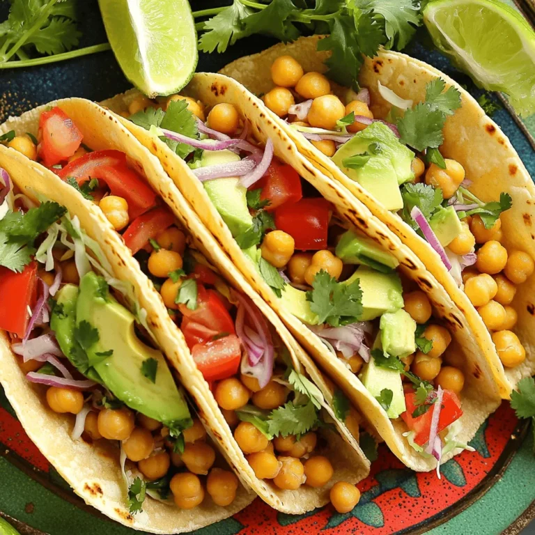 To make crispy chickpea tacos, you need the following main ingredients: - 1 can (15 oz) chickpeas, drained and rinsed - 1 tablespoon olive oil - 1 teaspoon paprika - 1 teaspoon cumin - ½ teaspoon garlic powder - ½ teaspoon chili powder - Salt and pepper to taste - 6 small corn tortillas - 1 cup shredded cabbage - ½ cup diced tomatoes - ¼ cup diced red onion - ½ avocado, sliced - Fresh cilantro for garnish - Lime wedges for serving Chickpeas are the star of this dish. They provide protein and fiber. The spices add depth and flavor. The tortillas hold all the goodness together. Fresh toppings bring crunch and color. You will need a few simple tools for this recipe: - Baking sheet - Mixing bowl - Dry skillet Using these tools makes the cooking process smooth. A baking sheet helps the chickpeas get crispy. A mixing bowl lets you combine ingredients easily. A dry skillet warms the tortillas just right. Here’s a quick look at the nutritional facts for one serving of these tacos: - Calories: About 200 - Protein: 8g - Carbohydrates: 30g - Fat: 7g These tacos are filling yet light. They are great for lunch or dinner. You get a good balance of protein, carbs, and healthy fats. For the full recipe, check out the other sections. 1. Preheating the oven Start by preheating your oven to 400°F (200°C). This will help the chickpeas get nice and crispy. 2. Tossing chickpeas with seasoning In a mixing bowl, add the drained and rinsed chickpeas. Pour in olive oil, then sprinkle paprika, cumin, garlic powder, chili powder, salt, and pepper. Toss everything well until the chickpeas are coated with the spices. This step is key for great flavor. 1. Spreading chickpeas on a baking sheet Take a baking sheet and spread the seasoned chickpeas in a single layer. Make sure they are not piled on top of each other. This helps them crisp up nicely. 2. Baking time and techniques for crispiness Bake the chickpeas in the oven for about 20 to 25 minutes. Halfway through, shake the pan to ensure even cooking. You'll know they are done when they are golden brown and crispy. 1. Heating tortillas While the chickpeas bake, heat your corn tortillas in a dry skillet over medium heat. Cook them for about 30 seconds on each side until they are warm and flexible. 2. Layering ingredients for optimal flavor Once your chickpeas are crispy, it’s time to assemble the tacos. Place a generous scoop of chickpeas in each tortilla. Add shredded cabbage, diced tomatoes, red onion, and avocado slices on top. For the final touch, sprinkle fresh cilantro and squeeze some lime juice over everything. This adds a fresh burst of flavor! For the full recipe, you can refer to the detailed instructions included earlier. Enjoy these tasty tacos! To get the best crunch from your chickpeas, rinse and dry them well. This step removes extra starch and moisture. Use a clean kitchen towel to pat them dry. This helps them crisp up nicely in the oven. When baking, spread the chickpeas out on the sheet. Give them space to breathe and cook evenly. Bake at 400°F (200°C) for 20-25 minutes. Shake the pan halfway through to ensure they get crispy all around. You can make your chickpeas even tastier! Try adding smoked paprika or cayenne pepper for a kick. Adjust the seasonings based on your taste. For toppings, think beyond the usual. Add fresh corn, diced jalapeños, or pickled radishes for a zesty touch. These will boost flavor and add crunch to your tacos. These tacos pair well with fresh sides. Try serving them with a simple avocado salad or black bean salsa. These sides add color and more flavor. For presentation, use a bright platter. Arrange the tacos neatly and add lime wedges on the side. This makes the meal more inviting. You can drizzle a bit of light ranch or yogurt dressing over the tacos for creamy goodness. For the full recipe, check out the earlier section. Enjoy your crispy chickpea tacos! {{image_2}} You can easily make these tacos fit your diet. For gluten-free options, use corn tortillas. They are tasty and safe for those who avoid gluten. You can also try lettuce wraps for a fresh twist. If you're vegan, this recipe is already perfect for you! The chickpeas provide protein and flavor without any animal products. Just make sure to check any additional toppings you use. Get creative with spices! Try adding curry powder or smoked paprika for a different taste. You can mix in some cayenne pepper for a spicy kick. Adjust the amounts to fit your spice level. Toppings are where you can really shine. Add jalapeños for heat or mango salsa for sweetness. Pickled onions can add a tangy crunch. You can even sprinkle some feta cheese on top for a creamy finish. Use seasonal vegetables for a fresh touch. In summer, add sweet corn or diced bell peppers. In fall, roasted butternut squash or pumpkin can add warmth. You can switch up the veggies based on what you find at the market. Don’t forget about dressings! In warmer months, a light lime vinaigrette works wonders. In cooler months, you might enjoy a creamy avocado dressing. Adjust based on what you have on hand or what’s in season. For the full recipe, check out the Crispy Chickpea Tacos section! To keep leftover chickpeas fresh, store them in an airtight container. Place them in the fridge. They will stay good for about three to four days. If you want to recook them, heat the chickpeas in a skillet. Add a splash of olive oil and your favorite spices. This helps restore their crispy texture. If you want to assemble your tacos in advance, do so carefully. Keep the ingredients separate until you are ready to eat. Store the chickpeas in one container and the toppings in another. For tortillas, wrap them in foil or wax paper. This keeps them soft. When you are ready to serve, warm the tortillas in a skillet for the best taste. Yes, you can freeze cooked chickpeas! Place them in a freezer-safe bag. Remove as much air as possible before sealing. They will stay fresh for up to three months. As for assembled tacos, I do not recommend freezing them. The tortillas become soggy when thawed. However, you can freeze the chickpeas and toppings separately. Just thaw and reheat when you’re ready to enjoy. For the full recipe, refer back to the beginning of this article. To make crispy chickpea tacos, start by preheating your oven to 400°F (200°C). Rinse one can of chickpeas and drain them well. In a bowl, toss the chickpeas with one tablespoon of olive oil and a mix of spices: one teaspoon of paprika, one teaspoon of cumin, half a teaspoon of garlic powder, and half a teaspoon of chili powder. Add salt and pepper to taste. Spread the seasoned chickpeas on a baking sheet in a single layer. Bake them for 20 to 25 minutes. Shake the pan halfway through. This gives them a nice crunch. While they bake, heat six small corn tortillas in a dry skillet over medium heat for about 30 seconds on each side. Once the chickpeas are crispy and golden, fill each tortilla with them. Add fresh toppings like shredded cabbage, diced tomatoes, diced red onion, and avocado slices. Finish with fresh cilantro and a squeeze of lime juice for a bright taste. For the full recipe, check out the [Full Recipe]. Chickpea tacos benefit from fresh and crunchy toppings. Here are some great options: - Shredded cabbage - Diced tomatoes - Diced red onion - Sliced avocado - Fresh cilantro - Lime wedges These toppings add color and flavor. You can also try pickled jalapeños for some heat or crumbled feta for a creamy touch. Mix and match to find your favorite combination! This recipe is already vegan-friendly! To keep it that way, ensure you use corn tortillas and skip any dairy toppings. For added creaminess, try using avocado or a vegan yogurt. You can also add a splash of hot sauce for extra flavor without any animal products. Crispy chickpea tacos pair well with various sides. Here are a few suggestions: - Mexican rice or quinoa - Black beans or refried beans - A simple green salad with lime vinaigrette - Chips and salsa or guacamole These sides not only complement the tacos but also make your meal more filling and satisfying. Enjoy! Crispy chickpea tacos are easy to make and pack great flavor. We covered the main ingredients, tools, and nutritional info to help you. You learned the step-by-step process, plus tips for crispiness and flavor. Don’t forget the variations and storage tips to keep your meals fresh. Experiment with different spices and toppings to find what you love. Enjoy creating your tacos and make them your own for delicious meals!