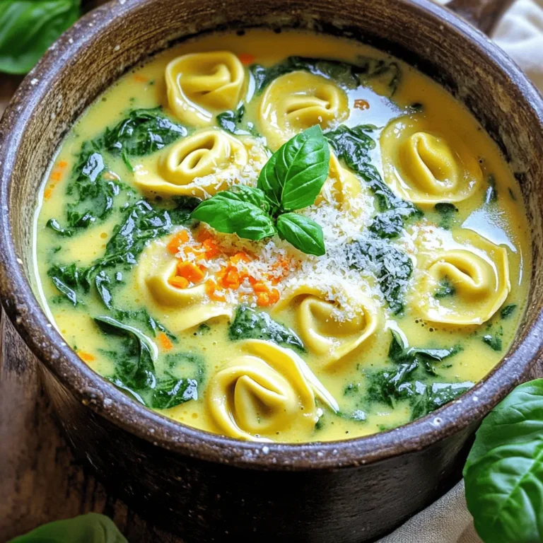 Fresh spinach is the star of this soup. You will need 2 cups of roughly chopped spinach. This leafy green adds color and nutrients. Spinach is rich in vitamins A and C, making your soup healthy and vibrant. When you cook it, the spinach wilts and blends well with the other flavors. Tortellini brings heartiness to the soup. You can use fresh or frozen cheese tortellini, about 2 cups. Fresh tortellini cooks quickly, usually in 3-5 minutes. Frozen tortellini takes a bit longer. Whichever you choose, the soft pasta adds texture and a delightful bite to the creamy broth. Aromatics build the flavor base. You will need a medium onion, diced, and 3 minced garlic cloves. These add savory depth to the soup. A grated carrot, about one medium-sized, gives a touch of sweetness. Together, they create a warm, inviting aroma that fills your kitchen. Don't forget the olive oil! You will need 2 tablespoons to sauté the aromatics to perfection. For the full recipe, see the details above. To start, grab a large pot. Heat 2 tablespoons of olive oil over medium heat. Add 1 diced onion and sauté it until it softens, about 4-5 minutes. Next, stir in 3 minced garlic cloves and 1 grated carrot. Cook this mix for another 2-3 minutes. The garlic should smell great at this point. This base gives the soup a rich flavor. Now, pour in 4 cups of vegetable broth. Bring it to a gentle boil. Once boiling, add 2 cups of cheese tortellini. Follow the package instructions to cook them. Fresh tortellini usually takes about 3-5 minutes. You know they are ready when they float to the top. Reduce the heat to low. Stir in 2 cups of roughly chopped spinach, 1 cup of heavy cream, 1 teaspoon of dried basil, 1 teaspoon of salt, and 1/2 teaspoon of black pepper. Let the soup simmer for 5-7 minutes. This allows the spinach to wilt and the flavors to meld. Taste the soup and adjust the seasoning if needed. Serve it hot, topped with grated Parmesan cheese and fresh basil leaves if you wish. For the complete recipe, see the [Full Recipe]. To boost flavor, don't skip the onions and garlic. Sauté them well; it adds depth. A touch of dried basil brings warmth, while salt and pepper brighten all the tastes. If you want more zing, consider red pepper flakes. They give a lovely kick without overpowering the soup. Fresh herbs are also a great choice. Toss in some fresh basil or parsley right before serving for a fresh burst. If you like a thicker soup, add less broth or more cream. You can also use less tortellini. If the soup feels too thick, just stir in a bit more broth or water. This lets you control how creamy or brothy you want your soup. Using a hand blender can also help. Blend just a little bit to create a smoother base while keeping some chunks for texture. Cook the tortellini according to the package instructions. Fresh tortellini usually takes about 3-5 minutes. If you use frozen, check for the right cooking time. Adding them to boiling broth helps them cook quickly and evenly. They are done when they float to the top. Don’t forget to add them at the right time. If they overcook, they'll become mushy and lose their shape. Follow these tips to enjoy the perfect tortellini in your creamy soup. For more details, check the Full Recipe. {{image_2}} You can easily add protein to your creamy spinach tortellini soup. Chicken, turkey, or sausage work well. If you like shrimp, toss some in during the last few minutes of cooking. For a meatless option, try cooked lentils or chickpeas. These additions make your soup heartier and more filling. To make this soup vegan, swap out the heavy cream for coconut milk or cashew cream. Use vegetable broth instead of chicken broth for a rich base. Look for vegan tortellini in stores, or make your own with flour and water. Nutritional yeast can give a cheesy flavor without dairy. Feel free to mix in other veggies. Carrots and peas add sweetness and color. Zucchini or bell peppers can bring in fresh flavors. You can use frozen vegetables for convenience. Just add them during the cooking process so they heat through and blend well with the soup. For the full recipe, see the section above. After making the creamy spinach tortellini soup, let it cool to room temperature. Then, transfer it to an airtight container. Store it in the fridge for up to three days. If you want to enjoy it later, make sure you seal it well. This keeps the flavors fresh and tasty. You can freeze this soup for longer storage. First, let the soup cool completely. Then, pour it into freezer-safe containers. Leave some space at the top for expansion. The soup can freeze for up to three months. When you’re ready to eat it, just thaw it in the fridge overnight. To reheat, pour the soup into a pot over medium heat. Stir often to avoid sticking. Heat until it’s warm all the way through. If the soup is too thick, add a little broth or water. This will help restore its creamy texture. Enjoy this comforting meal again, just like the first time. For the full recipe, check out the earlier sections. Yes, you can use frozen spinach. Just thaw it first and drain excess water. Frozen spinach is often picked at peak freshness, so it can taste great. However, fresh spinach offers a brighter taste and texture. If you like a more vibrant green, go for fresh. You can thicken the soup in a few ways. One method is to add a cornstarch slurry. Mix one tablespoon of cornstarch with two tablespoons of cold water. Stir this into the soup and heat until it thickens. Another option is to blend part of the soup using an immersion blender. This keeps it creamy and rich. Parmesan cheese is a fantastic choice for adding flavor. It melts well and gives a nice salty kick. You can also try adding cream cheese for extra creaminess. If you want a stronger flavor, consider using sharp cheddar. Just sprinkle it in while the soup simmers for a delicious twist. For the complete recipe, check out the Full Recipe section. In this post, I covered the essentials for a delicious tortellini soup. We discussed key ingredients like fresh spinach, various tortellini, and aromatics. I provided step-by-step instructions for preparing and cooking your dish. I shared tips for enhancing flavors and adjusting texture. You also learned about tasty variations and proper storage methods. Remember, small swaps can greatly change your soup. Enjoy trying new flavors and make it your own! Your perfect tortellini soup awaits.