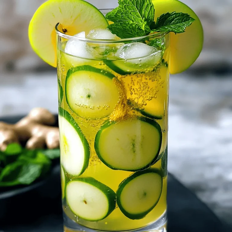 - 2 cups sparkling water - 1 cup fresh apple juice - 1 tablespoon grated fresh ginger - 1 tablespoon honey (or maple syrup for a vegan option) - Juice of 1 lemon - Apple slices for garnish - Fresh mint leaves for garnish - Ice cubes To make the Apple Ginger Sparkler, gather these simple and fresh ingredients. You will need bubbly sparkling water to add fizz. Fresh apple juice brings a sweet and crisp flavor. Grated fresh ginger adds a nice zing. Honey or maple syrup sweetens the drink. A splash of lemon juice adds brightness. For garnish, prepare apple slices and fresh mint leaves. Lastly, ice cubes keep your drink super cold. Using fresh ingredients makes all the difference. Fresh apple juice and ginger have the best taste. You can find these at local markets or grocery stores. Choose organic options when possible for better flavor and health. Once you have everything ready, you will create a drink that is not just tasty but also refreshing. This drink is perfect for warm days or festive gatherings. Check out the full recipe for easy steps to mix this delightful drink. To start, grate one tablespoon of fresh ginger. In a small bowl, mix this ginger with one tablespoon of honey or maple syrup. If you want a vegan option, use maple syrup. Next, squeeze the juice of one lemon into the bowl. Stir everything together well. This mix needs a few minutes to let the flavors meld. Set it aside while you prepare the rest. Grab a large pitcher. Pour in one cup of fresh apple juice and two cups of sparkling water. These two will give your drink a nice balance of sweetness and fizz. Carefully add the ginger mixture to the pitcher. Stir gently to combine all the ingredients. You want all the flavors to mix without losing the bubbles. Now it’s time to serve! Fill your glasses with ice cubes. Pour the Apple Ginger Sparkler over the ice until each glass is full. For a nice touch, garnish each glass with apple slices and fresh mint leaves. This not only looks great but adds extra flavor too. Enjoy this refreshing drink right away! For the best taste, I recommend using fresh apple juice. Look for juice made from sweet apples like Fuji or Honeycrisp. These apples give your drink a nice balance of sweet and tart. You can also adjust the sweetness to your liking. If you want a sweeter drink, add honey or maple syrup. Just a tablespoon will do, but feel free to add more if you like it sweet. Garnishes make your drink pop. Slice fresh apples and add them to each glass. You can also add mint leaves for a fresh scent. For a fun twist, try different glassware. Use tall glasses for a fancy look or mason jars for a rustic feel. The right glass can make your drink even more special. If you're hosting a party, prepare the drink in advance. You can mix the apple juice and sparkling water ahead of time. Store the ginger mix in a sealed jar in the fridge. Just combine everything right before serving. This way, you can enjoy time with your guests. If you have leftovers, store the drink in the fridge for a day. Keep the ginger mix separate to keep the fizz. {{image_2}} You can change the taste of your Apple Ginger Sparkler easily. Adding herbs can bring new life to this drink. Try adding basil for a fresh twist or thyme for a rich flavor. These herbs will give your drink a unique touch that surprises your guests. You can also switch up the juices. Instead of apple juice, use pear juice for a sweeter drink. Cranberry juice offers a tart kick that pairs well with ginger. Each choice gives a new flavor profile. So, feel free to experiment! Want to warm things up? Adding cinnamon or nutmeg can add a cozy feel to your drink. A sprinkle of cinnamon can enhance the apple taste. Nutmeg gives a warm spice that balances the sweetness. You can also use other ginger products. Try ginger ale instead of fresh ginger. It adds fizz and a sweeter kick. This option makes the drink simpler but still tasty. If you want a twist, use flavored sparkling water. Lemon, lime, or berry flavors can change the whole drink. This will add a new layer of taste that is fun and refreshing. For those who prefer a non-sparkling drink, you can skip the bubbles. Just mix your apple juice and ginger mixture without the sparkling water. It will still be tasty and enjoyable, perfect for any occasion. Explore these variations to find your favorite way to enjoy the Apple Ginger Sparkler! For the complete recipe, refer to the [Full Recipe]. To keep your Apple Ginger Sparkler fresh, store it in a sealed container. Use a glass jar or a pitcher with a lid. This helps maintain its fizz and flavor. I recommend drinking it within 2 days for the best taste. After that, it may lose its sparkle. For leftover apple juice, pour it into a clean bottle. Seal it tightly and store it in the fridge. Fresh ginger can last longer if you keep it in a cool, dry place. Wrap it in a damp paper towel and place it in a plastic bag in the fridge. This keeps it fresh for about a week. To preserve garnishes, like apple slices and mint, store them in a container with a damp cloth. This helps them stay crisp and vibrant. You can freeze apple juice in ice cube trays. This is great for adding to drinks later. Just pour the juice into the trays and freeze until solid. For ginger, you can grate it and freeze it in small portions. After thawing, the flavor remains strong, but the texture may change slightly. Enjoy your frozen components in future drinks! For the best apple juice, choose sweet and crisp apples. The best varieties include: - Honeycrisp - Fuji - Gala - Granny Smith These apples make your juice tasty and refreshing. They balance sweetness and tartness well. Honeycrisp apples are especially juicy. Fuji apples give a rich flavor, while Granny Smith adds a nice zing. Yes! You can easily make the Apple Ginger Sparkler alcoholic. Here are some ideas: - Add vodka for a light kick. - Use rum for a tropical vibe. - Try gin for a herbal twist. Start with one ounce of spirit. Add it to your glass before pouring the sparkling drink. Stir gently, and enjoy your fun twist! Store your Apple Ginger Sparkler in the fridge for up to three days. After that, it may lose its fizz. To keep it fresh: - Use an airtight container. - Avoid adding ice before storing. This way, you can enjoy your refreshing drink longer! Yes, the Apple Ginger Sparkler can be vegan-friendly. Instead of honey, use maple syrup. Here are some other vegan options: - Agave nectar for sweetness. - Coconut sugar for a different flavor. These alternatives keep the drink tasty and suitable for everyone! This blog post detailed how to make a refreshing Apple Ginger Sparkler. You learned about essential ingredients, step-by-step instructions, and tips to enhance the drink. We explored variations to customize flavors and discussed storage options to keep your drink fresh. Enjoy crafting this tasty beverage for yourself or gatherings. It's easy, fun, and delicious. Make it your own with different flavors or garnishes. You’ll impress everyone with your homemade creation!