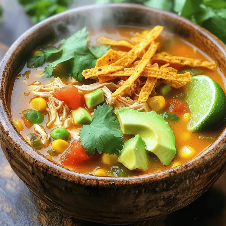 To make this easy chicken tortilla soup, gather these simple items: - 2 cups cooked chicken, shredded - 1 medium onion, chopped - 2 cloves garlic, minced - 1 can (14 oz) diced tomatoes with green chilies - 4 cups chicken broth - 1 can (15 oz) black beans, rinsed and drained - 1 cup corn (frozen or canned) - 1 teaspoon ground cumin - 1 teaspoon chili powder - Salt and pepper to taste - 1 tablespoon olive oil - Tortilla strips (for garnish) - Fresh cilantro, chopped (for garnish) - Sliced avocado (for serving) - Lime wedges (for serving) Choose fresh ingredients for the best flavor. Here are my tips: - Chicken: Look for plump and juicy chicken. Cooked rotisserie chicken works well too. - Onion: Select firm onions with dry skin. Avoid any soft spots or sprouting. - Garlic: Pick garlic bulbs that feel heavy and firm. The cloves should be tight. - Corn: If using fresh corn, choose bright yellow ears with no brown patches. - Tomatoes: For canned tomatoes, check the can for dents or rust. Always opt for quality brands. If you lack an ingredient, here are some easy swaps: - Chicken: Use turkey or even canned chicken if needed. - Black beans: Swap with pinto beans or kidney beans. - Corn: Try using bell peppers or zucchini for a different texture. - Chicken broth: Vegetable broth can replace chicken broth for a lighter soup. - Spices: If you don’t have cumin, use paprika or a taco seasoning mix. This soup is flexible, so feel free to adjust based on what you have at home. For the full recipe, check out the link. Making Easy Chicken Tortilla Soup is simple. You start by cooking the onion and garlic. Then, you add the other ingredients and let them simmer. This lets all the flavors mix well. Finally, you serve it hot with tasty toppings. 1. Heat olive oil (5 minutes): In a large pot, heat 1 tablespoon of olive oil over medium heat. Add 1 chopped onion. Cook until the onion is soft and clear. This takes about 5 minutes. 2. Add garlic (1 minute): Stir in 2 minced garlic cloves. Cook for 1 minute until your kitchen smells great. 3. Combine ingredients (5 minutes): Add 1 can of diced tomatoes, 4 cups of chicken broth, 1 can of black beans, and 1 cup of corn. Mix well. 4. Season the soup (20 minutes): Bring the mix to a simmer. Add 2 cups of shredded chicken, 1 teaspoon of ground cumin, and 1 teaspoon of chili powder. Season with salt and pepper. Let it simmer for 15-20 minutes. 5. Prepare tortilla strips (12 minutes): While the soup simmers, cut tortillas into thin strips. Bake them at 375°F for 10-12 minutes until they are crispy. 6. Taste and adjust (3 minutes): After 20 minutes, taste the soup. Adjust the seasoning if needed. 7. Serve (5 minutes): Serve the soup hot. Top with crispy tortilla strips, chopped cilantro, and avocado slices. Don’t forget a lime wedge for extra flavor! - Sautéing: Sautéing the onion and garlic first brings out their flavors. This step is key for a rich taste. - Simmering: Allow the soup to simmer for enough time. This helps the flavors blend perfectly. - Baking tortilla strips: Baking instead of frying gives you a crunchy topping without added oil. This makes your soup lighter and healthier. For the full recipe, check the [Full Recipe]. To make your chicken tortilla soup pop, focus on layers of flavor. Start with fresh herbs like cilantro and lime. These add brightness. You can also add a pinch of smoked paprika for depth. If you like heat, toss in some diced jalapeños or a few dashes of hot sauce. Finally, finish each bowl with crispy tortilla strips. They add crunch and texture. One common mistake is overcooking the soup. If you simmer too long, the chicken can become dry. Another mistake is skipping the seasoning. Make sure to taste as you go. Adjust salt and pepper to bring out the flavors. Lastly, don’t forget the toppings! They make the soup fun and flavorful. Missing them can dull the dish. Use a large pot or Dutch oven for even cooking. A wooden spoon is great for stirring. Make sure you have a sharp knife for chopping. You’ll also need a cutting board and measuring spoons. If you want crispy tortilla strips, a baking sheet is a must. With these tools, you'll make the whole process easier and more enjoyable. For more details on the recipe, check out the [Full Recipe]. {{image_2}} When making chicken tortilla soup, you can mix things up. Here are some fun options. To make a vegetarian version, skip the chicken. Use more beans instead. Black beans work great. Chickpeas add a nice twist too. You can add more veggies like bell peppers, zucchini, or carrots. Use vegetable broth instead of chicken broth. This keeps all the flavors without meat. If you love spicy food, add jalapeños or serrano peppers. Chop them finely and cook with the onion. You can also add a dash of hot sauce. For more heat, sprinkle in cayenne pepper or chipotle powder. This gives the soup a smoky taste. Just remember to taste as you go! For a creamy twist, stir in some cream or sour cream. You can use half-and-half for a lighter version. Add it in right before serving. This makes the soup rich and smooth. You can also blend some soup to make it thicker. This way, you still have some chunky bits. For the full recipe, check out the Zesty Chicken Tortilla Soup! Storing your chicken tortilla soup is easy. First, let it cool down. Then, put the soup in an airtight container. Make sure to leave some space at the top. This helps the soup expand when frozen. Store it in the fridge if you plan to eat it in a few days. It can last about 3 to 4 days. If you want to keep it longer, freezing is best. When you are ready to enjoy your soup, reheating is simple. Pour the soup into a pot. Heat it on medium until it bubbles. Stir it often to avoid sticking. You can also use a microwave. Put the soup in a microwave-safe bowl. Heat it in short bursts, stirring in between. This keeps the soup from getting too hot in some spots. Always check the temperature before serving. To freeze your soup, use a freezer-safe container. Leave some space at the top, just like before. You can also use freezer bags. Lay them flat in the freezer to save space. This way, they stack nicely. When you want to eat it, thaw the soup overnight in the fridge. You can also use the microwave to defrost it quickly. Make sure to reheat it well before serving. For the best taste, use frozen soup within 2 to 3 months. For the full recipe, check out the detailed steps above. To make chicken tortilla soup gluten-free, skip the tortilla strips or use gluten-free tortillas. You can find corn tortillas that are safe for gluten-free diets. Check labels to be sure. Use gluten-free chicken broth too. This keeps your soup tasty and safe to eat. Yes, you can use shredded rotisserie chicken. It saves time and adds great flavor. Just shred it and add it to the pot when the soup simmers. This makes weeknight cooking easy and quick. Your soup will still taste fresh and delicious! Chicken tortilla soup has many health benefits. It is high in protein from the chicken. The beans and corn add fiber, which is good for digestion. Plus, the tomatoes give vitamins that help your body. This soup is also low in fat, making it a smart choice for dinner. Yes, you can prepare this soup in a slow cooker. Start by adding all the ingredients, except the tortilla strips, to the slow cooker. Set it on low for 6-7 hours or high for 3-4 hours. When it’s done, stir in the shredded chicken and let it heat through. This method is great for busy days! For the full recipe, check the link above. This blog post covered everything you need for delicious chicken tortilla soup. We discussed the best ingredients, tips for selection, and substitutes. I shared step-by-step instructions and key techniques for cooking. You learned how to enhance flavors and avoid common mistakes. We explored variations for different tastes and shared storage tips. Embrace your cooking journey and enjoy the soup! With these insights, you're ready to impress everyone.