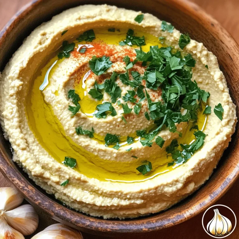 To make roasted garlic hummus, you need simple ingredients. Here’s what I use: - 1 cup canned chickpeas, rinsed and drained - 1/4 cup tahini - 1/4 cup olive oil - 1 whole head of garlic - 2 tablespoons lemon juice - 1/2 teaspoon ground cumin - Salt to taste - Water, as needed - Fresh parsley, for garnish - Paprika, for garnish Each ingredient in this hummus brings great nutrition. Chickpeas are high in protein and fiber. They help you feel full longer. Tahini adds healthy fats and calcium. Olive oil provides heart-healthy monounsaturated fats. Garlic supports your immune system. Lemon juice is rich in vitamin C, boosting your health. Cumin adds flavor and may help digestion. Quality matters when you shop. Choose canned chickpeas with no added sugar or salt. Look for tahini made from pure sesame seeds. Good olive oil has a rich taste and aroma. For garlic, pick firm heads with no soft spots. Fresh lemon juice is best, as it adds bright flavor. Always check the date on your spices for freshness. For more details, check the Full Recipe. To make roasted garlic, start by preheating your oven to 400°F (200°C). Take a whole head of garlic and slice off the top. This helps the garlic cook well. Drizzle a little olive oil on the cut side. Wrap the garlic in aluminum foil. Roast it in the oven for about 30 to 35 minutes. You want the cloves to be soft and golden. Once done, let it cool before using. Now, let’s blend the hummus. In a food processor, add one cup of canned chickpeas that you rinsed and drained. Next, add 1/4 cup of tahini and 1/4 cup of olive oil. Squeeze in two tablespoons of fresh lemon juice and add 1/2 teaspoon of ground cumin. Toss in a pinch of salt. Now, take three to four roasted garlic cloves and add them to the mix. Blend everything until smooth. As you blend, you may need to adjust the texture. If the hummus is too thick, slowly add water. Do this a tablespoon at a time. This helps you reach the creamy consistency you desire. Once blended, taste the hummus. Adjust the flavor by adding more salt or lemon juice if needed. Your roasted garlic hummus is now ready! For the full recipe, check out the details above. To get the best flavor from your roasted garlic hummus, use fresh garlic. Roasting brings out the sweet, nutty taste. I suggest roasting a whole head of garlic. This gives you a rich, creamy flavor. If you want more garlic, feel free to add extra cloves. Remember, the quality of your olive oil matters too. Use a good extra virgin olive oil for a fruity touch. Roasted garlic hummus pairs well with many foods. Serve it with pita chips, fresh veggies, or warm flatbreads. You can spread it on sandwiches or wraps too. For a fun twist, try it with grilled meats or fish. It also works great as a dip at parties. Just keep a bowl handy, and watch it disappear! If you like it spicy, add red pepper flakes or cayenne. Start with a little and taste as you go. You can also mix in smoked paprika for a smoky flavor. If it gets too spicy, balance it with more tahini or lemon juice. This way, you control the heat while keeping it tasty. For the full recipe, check out the instructions above. {{image_2}} You can boost the flavor of your roasted garlic hummus by adding herbs and spices. Fresh herbs like basil or cilantro can give a bright taste. Dry spices like smoked paprika or cayenne add a nice kick. Simply blend these in during the mixing stage for a fun twist. Chickpeas are classic, but you can switch things up. White beans, like cannellini, have a creamy texture. Lentils also work well and add a different taste. Just make sure to use canned or cooked beans for easy blending. Experiment with what you like best! Roasted vegetables can add depth to your hummus. Carrots, red peppers, or even beets create unique flavors. Just roast them until soft and blend them in. This adds color and nutrition to your spread, making it more fun and tasty. Try these variations in the Full Recipe for roasted garlic hummus, and you will make it your own! Store your roasted garlic hummus in an airtight container. This keeps it fresh and tasty. It is best to refrigerate it right after making. If you do not have a lid, use plastic wrap. Press the wrap directly onto the hummus to limit air exposure. This helps prevent drying out. If you want to save some for later, freezing is a great option! Scoop the hummus into freezer-safe containers. Leave some space at the top because it will expand when frozen. You can also use ice cube trays. This method makes it easy to thaw just what you need. Cover the containers tightly and label them with the date. When you're ready to enjoy it, thaw in the fridge overnight. Pre-made hummus usually lasts about a week in the fridge after opening. Always check the expiration date on the package. Once you open it, keep it stored well. If it smells sour or looks off, it’s best to toss it. For safety, always trust your senses! To make roasted garlic hummus, you need simple steps. First, roast a whole head of garlic. Slice off the top and drizzle with olive oil. Wrap it in foil and roast at 400°F for 30 to 35 minutes. Let it cool. Next, blend the chickpeas, tahini, lemon juice, cumin, and salt in a food processor. Squeeze out three to four roasted garlic cloves into the mixture. Blend until smooth. Slowly add olive oil while blending. If too thick, add water until creamy. Taste and adjust seasoning as needed. You can find the Full Recipe for more details. Roasted garlic hummus pairs well with many foods. You can serve it with pita bread, fresh veggies, or crackers. It also shines with chips or as a spread on sandwiches. Add it to a charcuterie board for a tasty treat. You can find pre-made roasted garlic hummus at local grocery stores. Look in the refrigerated section near other dips. Many health food stores also carry it. Check brands that focus on fresh ingredients for the best flavor. This post covered how to make roasted garlic hummus. We started with ingredients, measuring, and tips for quality. Next, I showed you how to prepare, blend, and get that perfect texture. I shared ways to enhance the flavor and how to pair it well. In the variations section, I highlighted adding herbs or changing beans. We also discussed storage tips like freezing and shelf life. Now, you have the tools to make great hummus at home. Enjoy your tasty creation!