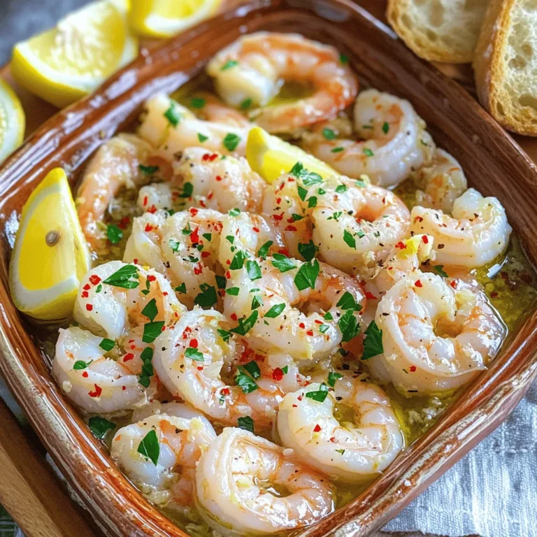 - 1 lb large shrimp, peeled and deveined - 4 cloves garlic, minced - 3 tablespoons olive oil - 1 teaspoon red pepper flakes (adjust to taste) - 1 tablespoon lemon juice - 1 tablespoon fresh parsley, chopped - Salt and pepper to taste - Lemon wedges for serving You can swap shrimp for other seafood like scallops or fish. If you don't have olive oil, try avocado or canola oil. For a milder flavor, reduce the red pepper flakes or skip them. Fresh shrimp taste great and have a firm texture. Look for shrimp with a mild smell and firm bodies. If you use frozen shrimp, thaw them in cold water. Pat them dry before cooking. Frozen shrimp save time and work well in this dish. 1. Rinsing and drying the shrimp: Start by rinsing your shrimp under cold water. This step helps clean them well. After rinsing, pat them dry with paper towels. Dry shrimp sear better in the pan. 2. Preparing the garlic and other ingredients: Mince the garlic cloves. You will need four cloves for this recipe. Gather your other ingredients, like olive oil, red pepper flakes, lemon juice, parsley, salt, and pepper. Having everything ready makes cooking smoother. 1. Heating the oil and sautéing garlic: In a large skillet, heat three tablespoons of olive oil over medium-high heat. Wait until the oil shimmers. Add the minced garlic and sauté for about 30 seconds. Stir it constantly to avoid burning. You'll want the garlic to smell amazing but not brown. 2. Cooking the shrimp and adding spices: Add the shrimp to the skillet in a single layer. Sprinkle one teaspoon of red pepper flakes, salt, and pepper over them. Cook for about 2-3 minutes on each side. The shrimp should turn pink and opaque when they are done. 1. Adding lemon juice and garnishing: Once the shrimp are cooked, remove the skillet from heat. Drizzle one tablespoon of lemon juice over the shrimp and toss gently to mix. 2. Serving suggestions: Transfer your sizzling garlic shrimp to a serving platter. Garnish with freshly chopped parsley for color. Add lemon wedges around the dish for an extra zing! Enjoy this dish with crusty bread to soak up the flavorful oil or serve it over rice for a complete meal. This easy garlic shrimp dish brings bold flavors in under 15 minutes. For the full recipe, check out Sizzling Garlic Shrimp Delight 🦐. - Avoiding overcooked shrimp: Cook shrimp until they turn pink and opaque. This usually takes 2-3 minutes per side. If they curl up tightly, they're overcooked. Always keep an eye on them! - Ensuring garlic doesn't burn: Sauté garlic over medium heat. Stir it constantly for about 30 seconds. If it turns brown, it will taste bitter. Remove it from heat if it starts to brown too early. - Best side dishes for garlic shrimp: Garlic shrimp pairs well with rice, crusty bread, or a fresh salad. Try serving it with steamed asparagus or sautéed spinach for a colorful plate. - Wine and beverage pairings: A chilled white wine, like Sauvignon Blanc, complements garlic shrimp. If you prefer non-alcoholic drinks, try sparkling water with lemon. It enhances the dish's flavors. - Reheating tips for best flavor: Reheat shrimp in a skillet over low heat. Add a splash of olive oil to keep them moist. Avoid microwaving, as it can make shrimp rubbery. - Proper storage methods: Store leftovers in an airtight container in the fridge. They stay fresh for up to 2 days. If you want to keep them longer, freeze in a freezer-safe container. They last about a month frozen. {{image_2}} You can change the taste of your garlic shrimp easily. Adding different herbs and spices can make a big difference. Try fresh basil or thyme for a lovely twist. A pinch of smoked paprika gives a warm, smoky flavor. You can also add lemon zest for a bright finish. Incorporating vegetables is another great way to enhance this dish. Bell peppers, zucchini, or asparagus add color and crunch. Just toss them in with the shrimp for a complete meal. If you need to make this dish gluten-free, you are in luck! The recipe is naturally gluten-free. Just ensure that any added sauces are also gluten-free. For dairy-free options, you can skip any cheese or cream. The olive oil and lemon juice keep it flavorful and fresh. You won’t miss the dairy at all! There are different ways to cook garlic shrimp. Grilling gives a nice char and smoky flavor. Simply thread the shrimp onto skewers and grill for about 2-3 minutes per side. Pan-searing is my favorite method. It creates a sear that locks in flavor. Just follow the steps in the Full Recipe for perfect results. Oven-baking is another option. Preheat your oven to 400°F (200°C). Spread the shrimp on a baking sheet and bake for about 8-10 minutes. This method is easy and leaves you with less mess! To keep your garlic shrimp fresh, store it in the fridge. Use an airtight container. Make sure to cool it down first. This helps keep flavors intact. You can keep it in the fridge for up to three days. If you want to save it longer, freeze the shrimp. Place it in a freezer-safe bag. Remove as much air as possible. It can last for up to three months in the freezer. In the fridge, garlic shrimp lasts about three days. If it smells off or looks slimy, it’s time to toss it. You should always avoid eating spoiled food. Trust your senses; they are a good guide. To reheat your garlic shrimp, use a skillet. Heat it on medium-low. This keeps the shrimp from getting rubbery. Stir occasionally for even heating. You can also add a splash of olive oil or lemon juice. This boosts the flavor and helps keep it moist. Enjoy your garlic shrimp just like it was fresh! Cooking shrimp takes about 5 to 6 minutes. I cook them for 2 to 3 minutes per side. You want them to turn pink and opaque. Overcooking makes shrimp tough and chewy. Yes, you can prepare garlic shrimp ahead of time. Cook them and let them cool. Store them in an airtight container in the fridge. Reheat gently on the stove before serving. Look for color and texture. Cooked shrimp turn pink and opaque. They should curl slightly but not into a tight ball. This shows they are tender and ready to eat. To avoid chewy shrimp, do not overcook them. Use fresh shrimp for the best texture. Also, marinating shrimp briefly can help make them tender and flavorful. You can find the full recipe for Sizzling Garlic Shrimp Delight 🦐 to get all the details you need for this tasty dish. This blog post covered garlic shrimp from ingredients to cooking tips. You learned about the best shrimp types and ingredient swaps. Cooking methods and flavor variations give you many options. I shared storage tips to keep your dish fresh. With this, you can craft a delicious garlic shrimp meal. Enjoy experimenting with flavors and techniques. Your seafood skills can shine bright! Dive into the full recipe and savor every bite.