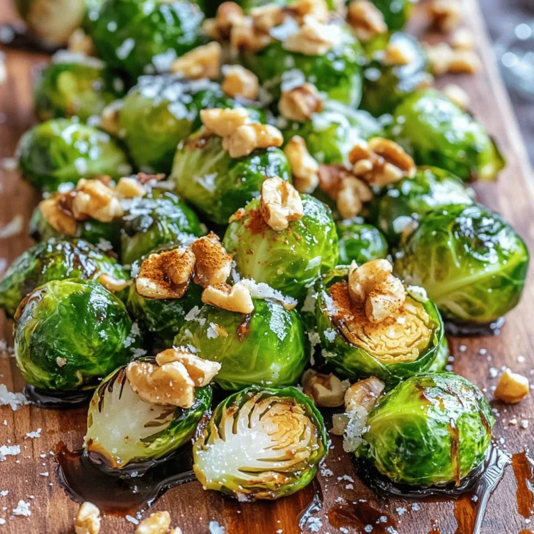 - 1 pound Brussels sprouts - 3 tablespoons olive oil - 2 tablespoons maple syrup - 2 tablespoons balsamic vinegar - 1 teaspoon garlic powder - 1 teaspoon smoked paprika - Salt and pepper to taste - Optional toppings: 1/4 cup chopped walnuts, 2 tablespoons grated Parmesan cheese - Baking sheet - Mixing bowl - Small bowl for glaze Brussels sprouts are small but mighty. They bring a lot of flavor to your table. For our crispy Brussels sprouts with bacon, we start with fresh Brussels sprouts. Choose bright green ones without yellow leaves. They should feel firm. Next, we need olive oil. It helps make the sprouts crispy and adds flavor. Maple syrup and balsamic vinegar add sweetness and tang. The garlic powder and smoked paprika bring warmth and depth. For a crunchy finish, consider walnuts or Parmesan cheese. Both are optional but add a tasty touch. You’ll need a baking sheet to roast the sprouts evenly. A mixing bowl helps combine all the ingredients. Lastly, a small bowl will hold your glaze, making it easy to drizzle later. For the full recipe, check out the steps to create this savory delight! - Preheat your oven to 425°F (220°C). - Trim and halve Brussels sprouts. To start, I love to get my oven hot. This helps the Brussels sprouts become crispy. Trimming and halving them makes sure they cook evenly. - Toss sprouts with olive oil, garlic powder, smoked paprika, salt, and pepper. - Arrange on a baking sheet and roast for 20-25 minutes. In a large bowl, toss the halved Brussels sprouts with olive oil. Add garlic powder, smoked paprika, salt, and pepper. Mix them well so every sprout shines with flavor. Next, spread them out on a baking sheet. Make sure they are not crowded. This helps them roast nicely. Bake for 20-25 minutes, stirring halfway through. Watch for that golden color and crispy edges! - Prepare the maple balsamic glaze. - Drizzle glaze over sprouts and optional toppings before final roasting. While the sprouts roast, mix maple syrup and balsamic vinegar in a small bowl. When the sprouts are done, drizzle this glaze over them. Toss gently to coat. If you like, sprinkle some chopped walnuts and Parmesan cheese on top. This adds texture and flavor. Put them back in the oven for 5 more minutes to caramelize. Enjoy this savory delight from the Full Recipe! To get crispy Brussels sprouts, make sure they are well coated. Toss them in olive oil and spices until every sprout shines. This helps them crisp up perfectly. Stir the sprouts halfway through roasting. This ensures that all sides cook evenly and turn golden brown. Serve your Brussels sprouts warm on rustic dishware. A wooden board or dark plate adds charm. For a touch of flair, try garnishing with extra walnuts or a drizzle of the maple balsamic glaze. This not only makes the dish look great but also adds more flavor. Avoid overcrowding your baking sheet. If the sprouts touch too much, they steam instead of roast. This keeps them from getting crispy. Also, remember to preheat your oven properly before cooking. A hot oven makes all the difference in achieving that desired crunch. {{image_2}} You can easily switch up the flavors in your crispy Brussels sprouts. Try adding a pinch of cayenne pepper for a spicy kick. This little change makes a big difference! Want a sweeter touch? Substitute maple syrup with honey or agave. Each option brings its own sweet flavor, which pairs nicely with the sprouts. If you want a vegan version, just skip the bacon and cheese. The dish still tastes great without them. You can also try adding toppings like feta cheese or dried cranberries. These add a nice tang and sweetness, giving your dish extra depth. For those following a gluten-free diet, this recipe fits the bill! Just make sure your ingredients are gluten-free. You can also create a low-carb version by using bacon without any glaze. The crispy bacon adds a savory crunch that everyone will love. For the Full Recipe, check out the detailed cooking steps provided earlier. Enjoy experimenting! To keep your crispy Brussels sprouts fresh, store them in an airtight container. This helps lock in flavor and crunch. You can enjoy leftovers within 3-5 days. The sooner you eat them, the better they taste! To reheat and keep them crispy, use an oven or an air fryer. Preheat to 400°F (200°C). Place the sprouts in for about 5-10 minutes. This method helps avoid sogginess. Avoid using the microwave, as it can make them soft. Yes, you can freeze Brussels sprouts! To do this, blanch them first by boiling for 2-3 minutes. Then, cool them in ice water. Drain and pack them in freezer bags. For best results, use within three months. Thaw in the fridge overnight before using. Brussels sprouts are packed with vitamins. They are high in vitamin C and K. These sprouts also have fiber, which helps digestion. Eating Brussels sprouts can support heart health too. They are low in calories, making them great for weight loss. Yes, you can prep Brussels sprouts in advance. Trim and halve them a day before. Store them in the fridge in a sealed bag. When you are ready, you can roast them right away. This saves time and adds convenience. If you don't have maple syrup, try honey or agave nectar. Both sweeteners work well. You can also use brown sugar mixed with a bit of water. This will give you a nice sweetness too. To make crispy Brussels sprouts without bacon, skip the bacon entirely. Use olive oil to coat the sprouts. Add garlic powder and smoked paprika for flavor. Roast them in the oven until golden and crispy. You can also add nuts for crunch. Brussels sprouts are done when they are golden and crispy. You can pierce them with a fork. If they are tender inside, they are ready. Keep an eye on them while they roast to avoid burning. For extra flavor, drizzle the maple balsamic glaze from the Full Recipe before serving. In this blog post, we explored how to make crispy Brussels sprouts with bacon. We covered the key ingredients, the step-by-step cooking process, and essential tips to ensure perfect results. This dish is easy to customize with various flavors and toppings. Remember to avoid overcrowding the baking sheet and preheat your oven for the best crispiness. Enjoy these tasty sprouts warm and share them with friends for a hearty treat!