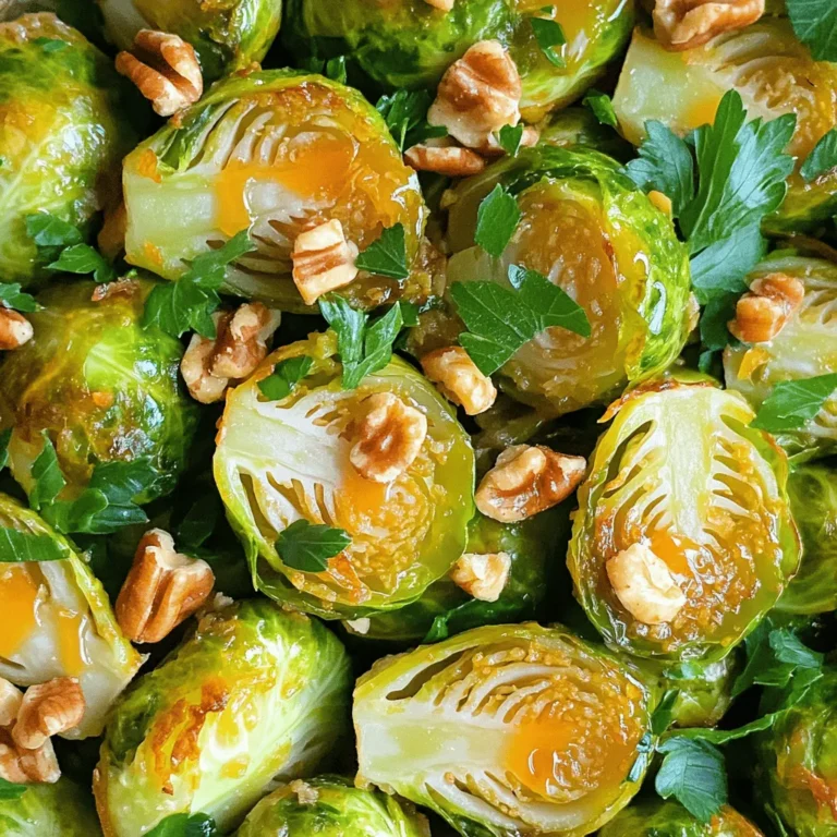 - Brussels sprouts - Maple syrup - Dijon mustard To make Maple Mustard Brussels Sprouts, you need some key ingredients. First, you will want fresh Brussels sprouts. Look for ones that are firm and bright green. Next, get pure maple syrup. It adds a nice sweetness. Lastly, grab Dijon mustard. This gives the dish a tangy kick. - Garlic powder - Chopped walnuts - Fresh parsley You can also add some optional ingredients for more flavor. Garlic powder enhances the taste and adds a lovely aroma. Chopped walnuts give a nice crunch and extra nutrition. Fresh parsley makes your dish look pretty and adds freshness. - Different mustard types - Sweetener substitutes If you want to switch things up, try different types of mustard. Whole grain mustard can add a nice texture. For sweeteners, you can use honey or agave syrup instead of maple syrup. Each option offers a unique twist to your dish. For the full recipe, check out the complete instructions. First, preheat your oven to 400°F (200°C). This temperature gives your Brussels sprouts a nice roast. Line a baking sheet with parchment paper. This makes cleanup easier later. Next, take your Brussels sprouts. Trim the ends and cut them in half. This helps them cook evenly. You want them to be about the same size for best results. Now, grab a large bowl. In that bowl, pour in three tablespoons of olive oil. Add two tablespoons of pure maple syrup and one tablespoon of Dijon mustard. Toss in a teaspoon of garlic powder, along with salt and pepper to taste. Whisk all these ingredients together. You want a smooth consistency. This sauce will coat your Brussels sprouts perfectly. Take your halved Brussels sprouts and add them to the bowl. Toss them in the maple-mustard sauce until they are well coated. Then, spread the Brussels sprouts on the prepared baking sheet in a single layer. If you like, sprinkle some chopped walnuts on top for an added crunch. Now it's time to roast! Place the baking sheet in the oven. Roast the Brussels sprouts for about 25-30 minutes. Stir them halfway through to ensure even cooking. They should be tender and caramelized when done. Once ready, take them out and let them cool for a couple of minutes. Enjoy your delicious, flavorful Maple Mustard Brussels Sprouts! For the full recipe, check back for more details. To get crispy Brussels sprouts, start by trimming and halving them. This helps them roast evenly. Use a large bowl for mixing. Here are some tips to avoid sogginess: - Don’t overcrowd the pan. If they are too close, they will steam instead of roast. - Use a hot oven. Preheat to 400°F (200°C) to get that nice caramelization. For even caramelization, stir the Brussels sprouts halfway through cooking. This helps them brown on all sides. You can adjust sweetness and tanginess to suit your taste. If you want more sweetness, add extra maple syrup. For more tang, increase the Dijon mustard. Using herbs and spices can also enhance the flavor. Consider adding thyme or rosemary for a fresh taste. A sprinkle of chili flakes adds a nice kick too. Maple mustard Brussels sprouts pair well with many main courses. They work great alongside roasted chicken or grilled fish. For creative plating, arrange the sprouts in a circle on the plate. Drizzle a little extra maple syrup on top for a glossy finish. For the full recipe, check out the Maple Mustard Brussels Sprouts. {{image_2}} You can make this dish fit your taste. If you're looking for vegetarian-friendly options, try using maple syrup with a vegan mustard. This way, you keep it plant-based without losing flavor. Feel free to mix in other vegetables too. Carrots, sweet potatoes, or even parsnips add color and taste. Just cut them to match the size of the Brussels sprouts for even cooking. Want to switch things up? The air fryer works great for this recipe. Preheat it to 375°F (190°C). Toss the Brussels sprouts in the sauce as usual, then place them in the air fryer basket. Cook for 15-20 minutes, shaking halfway through. They turn crispy and delicious! You can also try stovetop sautéing. Heat olive oil in a large pan over medium heat. Add the Brussels sprouts and the maple-mustard sauce. Stir often until they're tender and brown. This method takes about 10-15 minutes. Using seasonal produce can elevate your dish. In the fall, add roasted apples or pears for sweetness. In spring, consider fresh peas or asparagus for a pop of color and crunch. For festive occasions, you can adapt the recipe easily. Add dried cranberries or pomegranate seeds for a holiday twist. They bring a burst of flavor and make the dish look beautiful. For the complete details, check out the Full Recipe. To store your Maple Mustard Brussels Sprouts, let them cool first. Place them in an airtight container. Store them in the fridge. They stay fresh for up to three days. After that, the texture may change, and the taste may fade. You can freeze Brussels sprouts for later use. Start by cooling them completely. Next, spread them out on a baking sheet. Freeze them for about an hour. Once frozen, transfer them to a freezer bag. They will last for up to three months. When you are ready to use them, thaw overnight in the fridge. To reheat your Brussels sprouts, use the oven for best results. Preheat the oven to 350°F (175°C). Spread the sprouts on a baking sheet. Heat for about 10-15 minutes until they are warm. This method helps keep their crunch. Avoid reheating in the microwave. This can make them soggy. If you must use the microwave, heat in short bursts. This way, you can check the texture often. You can follow the Full Recipe to enjoy these delicious sprouts. Can I use frozen Brussels sprouts? Yes, you can use frozen Brussels sprouts. However, fresh Brussels sprouts taste better. If you use frozen, thaw them first. This helps them roast evenly and get crispy. How do I know when the Brussels sprouts are done? You know they are done when they are tender and golden brown. They should be soft on the inside, with a slight crunch on the outside. Stir them halfway through roasting for even cooking. Is this recipe gluten-free? Yes, this recipe is gluten-free. All the ingredients are safe for a gluten-free diet. Just make sure the Dijon mustard is gluten-free. Can it be made vegan-friendly? Yes, you can make this recipe vegan. The ingredients are already plant-based. Just ensure your maple syrup is pure and not mixed with animal products. Caloric content One serving of Maple Mustard Brussels Sprouts has about 150 calories. This can vary based on added ingredients like walnuts. Health benefits of Brussels sprouts and maple syrup Brussels sprouts are packed with vitamins C and K. They are also high in fiber, which helps digestion. Maple syrup offers antioxidants and can provide energy. Together, they create a tasty and nutritious dish. For the full recipe, check out the detailed instructions and cooking tips. This blog post shared a simple way to make tasty Maple Mustard Brussels sprouts. You learned about key ingredients and some optional ones to boost flavor. I provided step-by-step instructions and tips for perfecting your dish. You can also explore variations and storage advice to keep leftovers fresh. Remember, the right cooking method can make your Brussels sprouts shine. Enjoy trying new tastes and serving ideas that fit your style!