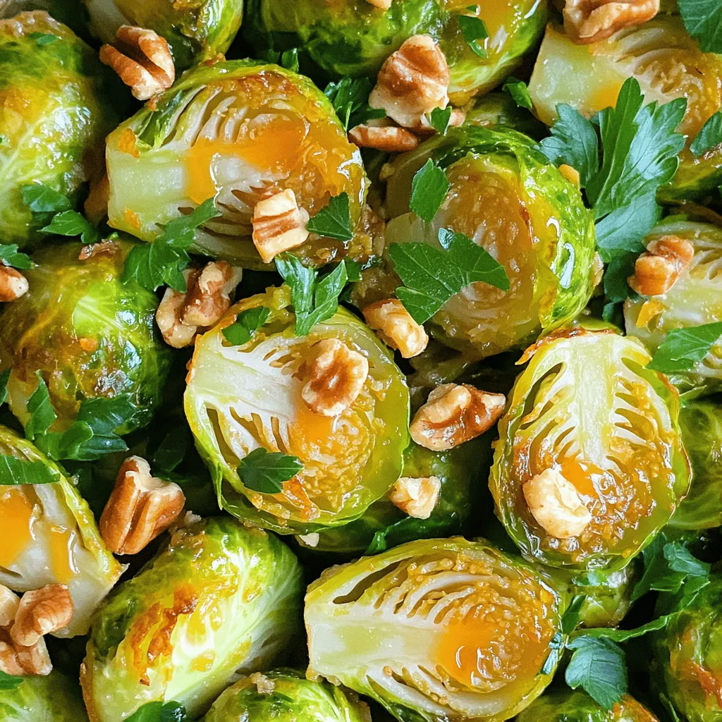 - Brussels sprouts - Maple syrup - Dijon mustard To make Maple Mustard Brussels Sprouts, you need some key ingredients. First, you will want fresh Brussels sprouts. Look for ones that are firm and bright green. Next, get pure maple syrup. It adds a nice sweetness. Lastly, grab Dijon mustard. This gives the dish a tangy kick. - Garlic powder - Chopped walnuts - Fresh parsley You can also add some optional ingredients for more flavor. Garlic powder enhances the taste and adds a lovely aroma. Chopped walnuts give a nice crunch and extra nutrition. Fresh parsley makes your dish look pretty and adds freshness. - Different mustard types - Sweetener substitutes If you want to switch things up, try different types of mustard. Whole grain mustard can add a nice texture. For sweeteners, you can use honey or agave syrup instead of maple syrup. Each option offers a unique twist to your dish. For the full recipe, check out the complete instructions. First, preheat your oven to 400°F (200°C). This temperature gives your Brussels sprouts a nice roast. Line a baking sheet with parchment paper. This makes cleanup easier later. Next, take your Brussels sprouts. Trim the ends and cut them in half. This helps them cook evenly. You want them to be about the same size for best results. Now, grab a large bowl. In that bowl, pour in three tablespoons of olive oil. Add two tablespoons of pure maple syrup and one tablespoon of Dijon mustard. Toss in a teaspoon of garlic powder, along with salt and pepper to taste. Whisk all these ingredients together. You want a smooth consistency. This sauce will coat your Brussels sprouts perfectly. Take your halved Brussels sprouts and add them to the bowl. Toss them in the maple-mustard sauce until they are well coated. Then, spread the Brussels sprouts on the prepared baking sheet in a single layer. If you like, sprinkle some chopped walnuts on top for an added crunch. Now it's time to roast! Place the baking sheet in the oven. Roast the Brussels sprouts for about 25-30 minutes. Stir them halfway through to ensure even cooking. They should be tender and caramelized when done. Once ready, take them out and let them cool for a couple of minutes. Enjoy your delicious, flavorful Maple Mustard Brussels Sprouts! For the full recipe, check back for more details. To get crispy Brussels sprouts, start by trimming and halving them. This helps them roast evenly. Use a large bowl for mixing. Here are some tips to avoid sogginess: - Don’t overcrowd the pan. If they are too close, they will steam instead of roast. - Use a hot oven. Preheat to 400°F (200°C) to get that nice caramelization. For even caramelization, stir the Brussels sprouts halfway through cooking. This helps them brown on all sides. You can adjust sweetness and tanginess to suit your taste. If you want more sweetness, add extra maple syrup. For more tang, increase the Dijon mustard. Using herbs and spices can also enhance the flavor. Consider adding thyme or rosemary for a fresh taste. A sprinkle of chili flakes adds a nice kick too. Maple mustard Brussels sprouts pair well with many main courses. They work great alongside roasted chicken or grilled fish. For creative plating, arrange the sprouts in a circle on the plate. Drizzle a little extra maple syrup on top for a glossy finish. For the full recipe, check out the Maple Mustard Brussels Sprouts. {{image_2}} You can make this dish fit your taste. If you're looking for vegetarian-friendly options, try using maple syrup with a vegan mustard. This way, you keep it plant-based without losing flavor. Feel free to mix in other vegetables too. Carrots, sweet potatoes, or even parsnips add color and taste. Just cut them to match the size of the Brussels sprouts for even cooking. Want to switch things up? The air fryer works great for this recipe. Preheat it to 375°F (190°C). Toss the Brussels sprouts in the sauce as usual, then place them in the air fryer basket. Cook for 15-20 minutes, shaking halfway through. They turn crispy and delicious! You can also try stovetop sautéing. Heat olive oil in a large pan over medium heat. Add the Brussels sprouts and the maple-mustard sauce. Stir often until they're tender and brown. This method takes about 10-15 minutes. Using seasonal produce can elevate your dish. In the fall, add roasted apples or pears for sweetness. In spring, consider fresh peas or asparagus for a pop of color and crunch. For festive occasions, you can adapt the recipe easily. Add dried cranberries or pomegranate seeds for a holiday twist. They bring a burst of flavor and make the dish look beautiful. For the complete details, check out the Full Recipe. To store your Maple Mustard Brussels Sprouts, let them cool first. Place them in an airtight container. Store them in the fridge. They stay fresh for up to three days. After that, the texture may change, and the taste may fade. You can freeze Brussels sprouts for later use. Start by cooling them completely. Next, spread them out on a baking sheet. Freeze them for about an hour. Once frozen, transfer them to a freezer bag. They will last for up to three months. When you are ready to use them, thaw overnight in the fridge. To reheat your Brussels sprouts, use the oven for best results. Preheat the oven to 350°F (175°C). Spread the sprouts on a baking sheet. Heat for about 10-15 minutes until they are warm. This method helps keep their crunch. Avoid reheating in the microwave. This can make them soggy. If you must use the microwave, heat in short bursts. This way, you can check the texture often. You can follow the Full Recipe to enjoy these delicious sprouts. Can I use frozen Brussels sprouts? Yes, you can use frozen Brussels sprouts. However, fresh Brussels sprouts taste better. If you use frozen, thaw them first. This helps them roast evenly and get crispy. How do I know when the Brussels sprouts are done? You know they are done when they are tender and golden brown. They should be soft on the inside, with a slight crunch on the outside. Stir them halfway through roasting for even cooking. Is this recipe gluten-free? Yes, this recipe is gluten-free. All the ingredients are safe for a gluten-free diet. Just make sure the Dijon mustard is gluten-free. Can it be made vegan-friendly? Yes, you can make this recipe vegan. The ingredients are already plant-based. Just ensure your maple syrup is pure and not mixed with animal products. Caloric content One serving of Maple Mustard Brussels Sprouts has about 150 calories. This can vary based on added ingredients like walnuts. Health benefits of Brussels sprouts and maple syrup Brussels sprouts are packed with vitamins C and K. They are also high in fiber, which helps digestion. Maple syrup offers antioxidants and can provide energy. Together, they create a tasty and nutritious dish. For the full recipe, check out the detailed instructions and cooking tips. This blog post shared a simple way to make tasty Maple Mustard Brussels sprouts. You learned about key ingredients and some optional ones to boost flavor. I provided step-by-step instructions and tips for perfecting your dish. You can also explore variations and storage advice to keep leftovers fresh. Remember, the right cooking method can make your Brussels sprouts shine. Enjoy trying new tastes and serving ideas that fit your style!