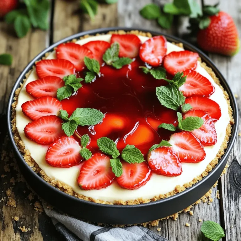 To make a tasty no-bake strawberry cheesecake, you need a few key ingredients: - 200g digestive biscuits, crushed - 100g unsalted butter, melted - 400g cream cheese, softened - 100g powdered sugar - 1 teaspoon vanilla extract - 250ml heavy cream - 300g fresh strawberries, hulled and sliced - 100g strawberry jam These ingredients work together to create a rich and creamy dessert. The digestive biscuits form a crunchy base, while the cream cheese and heavy cream give it a smooth texture. You can customize your cheesecake with a few optional ingredients: - Fresh mint leaves for garnish - Additional fruit toppings like blueberries or raspberries - A splash of lemon juice for a tangy flavor - Chocolate shavings for a sweet touch These extras allow you to add your personal flair to the cheesecake. If you need substitutions, here are some ideas: - Use graham crackers instead of digestive biscuits for the base. - Swap cream cheese with Greek yogurt for a lighter option. - Try coconut cream instead of heavy cream for a dairy-free version. - Use honey instead of powdered sugar for a natural sweetener. These alternatives can make the recipe fit your needs while still tasting great. For the full recipe, check the detailed steps to create this delightful dessert. To start, gather your ingredients. You need crushed digestive biscuits and melted butter. In a mixing bowl, combine these two. Mix until you see a texture that looks like wet sand. Next, take a 9-inch springform pan. Press the biscuit mixture firmly into the bottom. Make sure it is even. This will be the base of your cheesecake. After that, refrigerate the pan for about 10 minutes. This helps the base to set nicely. Now, let’s make that creamy filling. In a new bowl, add softened cream cheese, powdered sugar, and vanilla extract. Beat these together until they become smooth and creamy. In another bowl, whip the heavy cream. Keep whipping until stiff peaks form. This means it will hold its shape well. Now, gently fold the whipped cream into the cream cheese mixture. Do this carefully so the filling stays light and airy. Once your filling is ready, pour it over the chilled biscuit base. Spread it evenly with a spatula. Now, let’s add some color. Arrange the sliced strawberries on top of the cheesecake. You can be creative with this step! In a small saucepan, melt the strawberry jam over low heat. Once it is runny, let it cool a little. Drizzle the jam over the strawberries for a shiny finish. Finally, cover your cheesecake with plastic wrap. Refrigerate it for at least 4 hours, or even overnight. This waiting time helps it set perfectly. For the full recipe, check the earlier section. When making a no-bake strawberry cheesecake, a few common mistakes can spoil your treat. First, don’t skip chilling the biscuit base. It needs to set before adding the filling. Second, make sure your cream cheese is fully softened. Cold cream cheese can create lumps in your mixture. Lastly, don’t rush the whipping of the heavy cream. Whip it until stiff peaks form for the best texture. To get a creamy and smooth texture, follow these steps. Mix the cream cheese, powdered sugar, and vanilla extract until it’s really smooth. Then, whip the heavy cream separately until it’s nice and fluffy. When you fold the whipped cream into the cream cheese mix, do it gently. This keeps air in the mixture, making it light and fluffy. Serving your cheesecake can be fun and creative. Cut slices and place them on pretty dessert plates. You can add fresh mint leaves on top for a pop of color. For extra sweetness, drizzle more strawberry jam over the slices. You can also serve it with a side of fresh strawberries. This adds a nice touch and makes the dessert look even better. For the full recipe, refer to the earlier sections. {{image_2}} You can change up the fruity flavor of your cheesecake. Swap strawberries for other berries like blueberries or raspberries. You can also use peaches, mangoes, or even kiwi. Just chop the fruit and layer it on top or mix it into the filling. This makes your dessert colorful and fun. Want a richer taste? Try adding chocolate or caramel. For chocolate, mix in cocoa powder or melted chocolate into the cream cheese. Drizzle caramel sauce on top for a sweet touch. Both options give your cheesecake a new twist that chocolate lovers will adore. If you need a gluten-free option, use gluten-free cookies for the base. Many brands offer tasty gluten-free biscuits. Check the label to be sure. This way, everyone can enjoy this delicious treat without worry. Make sure to use gluten-free cream cheese and whipped cream too. For the full recipe, check out the [Full Recipe]. To keep your No-Bake Strawberry Cheesecake fresh, store it in the fridge. Use an airtight container to prevent any odors from mixing in. If you don’t have one, cover the cheesecake tightly with plastic wrap. This keeps it safe and tasty. Your cheesecake stays fresh in the fridge for about 3 to 5 days. After that, the texture may change, and the flavor might fade. Keep an eye on any signs of spoilage, like a sour smell or discoloration. Yes, you can freeze No-Bake Strawberry Cheesecake. Wrap it well in plastic wrap and then foil. This keeps out air and prevents freezer burn. It can last up to 3 months in the freezer. When ready to eat, thaw it in the fridge for a few hours. Enjoy the creamy goodness! For the full recipe, check out the details above. Baked cheesecakes use heat to set the filling. This process gives a dense, rich texture. No-bake cheesecakes rely on cold temperatures to firm up. They often taste lighter and creamier. Baked cheesecakes need time in the oven, while no-bake ones chill in the fridge. This makes no-bake cheesecakes quicker to prepare. To make your cheesecake firmer, try these tips: - Use full-fat cream cheese. This adds richness and firmness. - Add gelatin to the filling. Dissolve it in water and mix it in. - Chill the cheesecake longer. Let it set overnight for the best results. - Avoid overmixing the cream cheese. This keeps air out and helps it firm up. Yes, you can use frozen strawberries. Just thaw them first and drain excess liquid. The flavor will still be great, but the texture may change slightly. Fresh strawberries give a firmer bite and vibrant look. For best results, try to use fresh strawberries in the recipe. For the full recipe, check the main article. No-bake strawberry cheesecake is easy and fun to make. We explored key ingredients, like strawberries and cream cheese, and even how to customize them. I shared step-by-step instructions to help you prepare the base, filling, and assembly. Tips on avoiding common mistakes will guide you to the perfect texture. With various topping options, you can get creative. Finally, proper storage keeps your cheesecake fresh longer. Remember, this dessert is versatile, so don't hesitate to experiment. Enjoy every bite of your delicious creation!