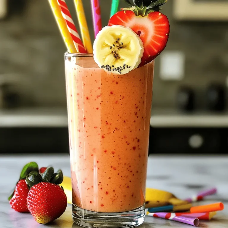 - 1 cup fresh strawberries, hulled - 1 ripe banana, sliced - 1 cup Greek yogurt - 1 cup almond milk - 1 tablespoon honey (optional) - 1 tablespoon chia seeds - 1 teaspoon vanilla extract - A handful of ice cubes To make a delicious strawberry banana smoothie, you need fresh ingredients. First, gather your fresh strawberries. Wash them well and remove the green tops. Next, grab a ripe banana. It should be soft enough for easy blending. Greek yogurt adds creaminess and protein. Almond milk makes it smooth, but you can use any milk you like. Honey is optional if you want sweetness. Chia seeds add fiber and healthy fats. Lastly, ice cubes chill the smoothie and give it a nice texture. This simple list helps you create a tasty drink. You can find the full recipe in the recipe section. Remember, using fresh ingredients makes all the difference in flavor! - Wash and hull the strawberries. - Slice the banana into smaller pieces. To start, take your fresh strawberries and rinse them thoroughly under cool water. Hulling means to remove the green leafy top, so grab a knife and carefully cut off that part. For the banana, peel it and cut it into smaller slices. This will help everything blend easily later on. - Combine all ingredients in a blender. - Blend until smooth and creamy. Now, it’s time to blend! In your blender, add the hulled strawberries, sliced banana, Greek yogurt, and almond milk. If you like it sweeter, add honey, chia seeds, and a dash of vanilla extract. Toss in a handful of ice cubes for that refreshing chill. Blend everything on high until it is smooth and creamy. If you see any chunks of fruit, keep blending until it’s perfect! - Taste and adjust sweetness if necessary. - Serve immediately for optimal flavor. After blending, take a quick taste. If you want it a bit sweeter, feel free to add more honey and blend again. Once it’s just right, pour the smoothie into glasses. Enjoy it right away for the best flavor and texture! To get the perfect smoothie, adjust the thickness. - Add more almond milk for a thinner smoothie. This makes it easier to drink. - Use less almond milk if you want a thicker texture. This gives a richer feel. Make your smoothie look fun and tasty. - Garnish with a slice of strawberry on the top. This adds color and charm. - Serve with colorful straws for a cheerful touch. It makes sipping even more fun! Quick prep helps you enjoy your smoothie faster. - Prepare ingredients in advance for quick blending. Chop and store them in the fridge. - Store pre-measured ingredients in the fridge. This way, you save time during busy mornings. For the full recipe, check out the details above. {{image_2}} You can make your smoothie even better. Add Greek yogurt for creaminess. It makes the texture smooth and rich. If you want extra energy, add protein powder. This change helps you feel full longer. Feel free to swap strawberries for mixed berries or mango. Both add great flavor and color. You can also include spinach for extra nutrients. Spinach blends well and you won’t taste it! If you want a dairy-free smoothie, use coconut yogurt instead of Greek yogurt. It gives a nice tropical flavor. Also, substitute almond milk with oat or soy milk. These options keep your smoothie tasty while matching your needs. Explore the [Full Recipe] for more delicious details! After making your smoothie, you might have some left over. Store it in the refrigerator. This keeps it fresh for up to 24 hours. Use an airtight container. This helps to stop air from getting in, which can spoil the flavor and texture. Want to save some smoothie for later? You can freeze it! First, pour your smoothie into ice cube trays or small bags. This way, you can grab a portion when you need it. When you’re ready to enjoy, thaw your smoothie in the fridge overnight. If you want to blend it, add a splash of almond milk to help it blend smoothly again. Freezing gives you a quick and tasty treat whenever you want! Yes, you can use frozen fruit. Frozen fruit adds a nice chill and thickens your smoothie. Plus, it often tastes just as good as fresh fruit. For this recipe, use 1 cup of frozen strawberries and 1 ripe banana. This mix keeps your smoothie cold without extra ice. A Strawberry Banana Smoothie is quite healthy. Strawberries are low in calories and high in vitamin C. They help your skin and boost your immune system. Bananas are great for energy. They offer potassium, which is good for your heart. Together, these fruits make a tasty, nutritious drink. To make your smoothie vegan, switch Greek yogurt for coconut yogurt. Use almond milk or oat milk instead of regular milk. For sweetness, skip honey and try maple syrup or agave nectar. These swaps keep your smoothie creamy and sweet without dairy. You can adjust the sweetness easily. If you want it sweeter, add more honey or another sweetener. Try using maple syrup for a unique taste. Always taste your smoothie before serving. This way, you can make sure it’s just right for your palate. This blog post covered how to make a tasty strawberry banana smoothie. You learned the key ingredients and the steps for blending. We also shared tips to adjust the texture and presentation, along with fun variations. Remember, smoothies are easy to customize for your taste. You can save time by prepping ahead and store leftovers for later. Enjoy crafting your perfect smoothie and explore different flavors. Happy blending!