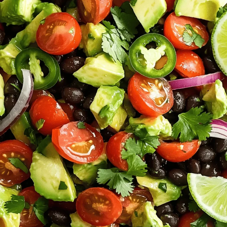 This salad shines with fresh ingredients. You will need: - 2 ripe avocados, diced - 1 cup cherry tomatoes, halved - 1 small red onion, finely chopped - 1 red bell pepper, diced - 1 small jalapeño, finely chopped (optional for heat) - 1/4 cup fresh cilantro, chopped These fresh items give the salad a bright taste and color. The avocados add creaminess. The tomatoes bring sweetness, while the onion adds crunch. Bell peppers contribute a nice texture, and jalapeños can give a spicy kick if you like. For this salad, you also need a few pantry staples. These include: - 1 can (15 oz) black beans, rinsed and drained - Juice of 2 limes - 3 tablespoons olive oil - 1 teaspoon cumin - Salt and pepper to taste Black beans add protein and fiber. Lime juice gives a fresh zing. Olive oil helps blend all the flavors. Cumin adds a warm, earthy tone, while salt and pepper enhance taste. Let’s look at the nutrition of some key ingredients: - Avocados: They are rich in healthy fats. They help keep your heart healthy and keep you full longer. - Black beans: These add protein and fiber. They support digestion and help maintain energy levels. - Tomatoes: They are low in calories and packed with vitamins. They help keep your skin healthy. This salad is not just tasty; it’s also good for you! It’s a fresh and flavorful dish that you can enjoy any time. Start by gathering your ingredients. You will need ripe avocados, black beans, cherry tomatoes, red onion, red bell pepper, jalapeño, and fresh cilantro. First, dice the avocados into small cubes. Next, rinse and drain the black beans. Cut the cherry tomatoes in half. Finely chop the red onion and dice the red bell pepper. If you like heat, finely chop the jalapeño. Finally, chop the fresh cilantro. Place all these ingredients into a large bowl. In a small bowl, combine the lime juice, olive oil, cumin, salt, and pepper. Whisk these together until they blend well. This dressing will add flavor to your salad. You can adjust the salt and pepper to fit your taste. If you want it zesty, add more lime juice. Now, pour the dressing over the salad. Gently toss the salad so the dressing coats everything. Be careful not to mash the avocados. Then, add the chopped cilantro and toss again. Let the salad sit for about 10-15 minutes at room temperature. This waiting time lets all the flavors mix well. For the full recipe, check the details above. Enjoy your fresh and tasty avocado black bean salad! To pick the best avocados, look for ones that feel slightly soft. Gently press the skin with your thumb. If it gives a little, it's ready to eat. Avoid avocados that are too mushy or have dark spots. Choosing ripe avocados makes your salad taste fresh and creamy. To keep your salad fresh, add lime juice right before serving. The acid in lime juice helps slow down browning. You can also store the salad in an airtight container. If you have leftovers, try to eat them within two days for the best taste. If you like heat, add more jalapeño or try a dash of hot sauce. For milder flavors, skip the jalapeño entirely. You can also adjust the lime juice and salt to your taste. Experiment with spices like garlic powder or smoked paprika for extra flavor. This way, you can make the salad just how you like it! {{image_2}} You can make this salad more filling by adding protein. Chicken, shrimp, or tofu work great. If you use chicken, grill or roast it first. Cut it into bite-sized pieces. For shrimp, sauté in olive oil with some spices. Tofu is a good choice for vegans. Press it to remove water, then cube and sauté until golden. Mix the protein into the salad right before serving. Seasonal vegetables add color and flavor to your salad. In summer, try sweet corn or zucchini. In fall, roasted butternut squash can add a nice touch. You can also use diced cucumber for a crisp texture. Fresh herbs like basil or chives can brighten the dish too. Just chop them finely and mix them in. This salad is naturally vegan and gluten-free! To keep it that way, ensure your dressing is free from dairy. Use lime juice and olive oil as your main flavors. If you want extra creaminess, add a dollop of avocado or a spoonful of vegan yogurt. This keeps the dish light and fresh while still being satisfying. For the full recipe, check out the Avocado Black Bean Fiesta Salad. To store leftovers, place the salad in an airtight container. Cover it tightly to keep air out. This helps slow down browning, especially for the avocados. If you have extra dressing, store it separately. This keeps the salad fresh longer. You don’t need to reheat this salad. It tastes best cold or at room temperature. If it seems dry, add a splash of lime juice or a drizzle of olive oil. Toss gently to mix in the new flavors. This brings back its fresh taste. The salad lasts about two days in the fridge. After that, the avocados may brown and lose texture. I do not recommend freezing this salad. Freezing changes the avocados and tomatoes, making them mushy. Enjoy your Avocado Black Bean Salad fresh for the best flavor! Yes, you can make this salad ahead of time. However, I suggest you keep the dressing separate until you’re ready to serve. This way, the avocados and other veggies stay crisp and fresh. If you mix it all together too early, the salad may become mushy. You can prepare the ingredients and store them in the fridge. Just toss everything together right before serving for the best taste. This salad pairs well with many dishes. You can serve it alongside grilled chicken or fish for a nice protein boost. It also goes great with tacos or burritos. If you want a lighter meal, enjoy it with some tortilla chips. You can even use it as a topping for nachos. The fresh flavors make it a hit at any gathering. To keep your avocados green, use lime juice. The acid in lime juice helps slow down browning. You can also store the salad in an airtight container. If you plan to have leftovers, cover the top with plastic wrap. Press it down so it touches the avocados. This reduces air contact and keeps them fresh longer. Remember, a little lime juice goes a long way! In this post, we explored how to make a tasty Avocado Black Bean Salad. We discussed fresh ingredients, pantry staples, and key nutrition facts. You learned step-by-step instructions for preparing the salad and making the dressing. I also shared tips on choosing avocados, keeping your salad fresh, and customizing flavors. This dish is flexible, letting you add proteins and seasonal veggies. Remember to store leftovers properly to enjoy them later. Enjoy making this bright and healthy salad your own!