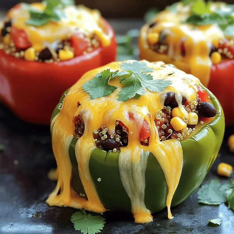 - 4 large bell peppers (any color) - 1 cup quinoa, rinsed - 2 cups vegetable broth - 1 can (15 oz) black beans, drained and rinsed - 1 cup corn kernels (fresh or frozen) - 1 medium onion, finely chopped - 2 cloves garlic, minced - 1 teaspoon cumin - 1 teaspoon chili powder - ½ teaspoon smoked paprika - Salt and pepper to taste - 1 cup diced tomatoes (canned or fresh) - 1 cup shredded cheese (cheddar or Mexican blend) - Fresh cilantro for garnish (optional) These ingredients make stuffed bell peppers a simple delight. Each bell pepper holds a tasty mix. The quinoa provides a nutty base. You’ll love how the black beans add protein and fiber. Corn gives a sweet crunch, making each bite fun. Onions and garlic bring a rich flavor. Cumin and chili powder add warmth. Smoked paprika gives a hint of smokiness. Together, these flavors create a dish you’ll enjoy over and over. Toppings make this dish even better. Diced tomatoes add freshness. Cheese melts on top, creating a gooey layer. Fresh cilantro adds a pop of color and flavor. You can use this list to gather your ingredients. For the full recipe, check out the details. - Preheat the oven to 375°F (190°C). - In a medium saucepan, combine the rinsed quinoa and 2 cups of vegetable broth. Bring to a boil, then reduce heat to low. Cover and simmer for about 15 minutes, until the quinoa absorbs all the liquid. Fluff it with a fork and set aside. - In a non-stick skillet over medium heat, sauté the chopped onion and minced garlic until the onion becomes translucent, about 3-5 minutes. - Add 1 can of black beans, 1 cup of corn, and 1 cup of diced tomatoes. Then, sprinkle in 1 teaspoon of cumin, 1 teaspoon of chili powder, and ½ teaspoon of smoked paprika. Stir the mixture well and cook for another 5 minutes. - Cut the tops off the 4 large bell peppers and remove all seeds and membranes. Place the peppers upright in a baking dish. - Stuff each bell pepper with the quinoa and vegetable mixture. Make sure to pack it in slightly for a hearty filling. - Sprinkle 1 cup of shredded cheese over the top of each stuffed pepper. Cover the baking dish with aluminum foil. - Bake for 25 minutes, then remove the foil and bake for an additional 10-15 minutes. You want the peppers to be tender and the cheese to be bubbly and golden. This recipe is a simple delight and perfect for any meal. For more details, check the Full Recipe. - Always rinse your quinoa to remove any bitterness. - Taste your filling and adjust seasoning as needed. - Be careful not to overcook the peppers; they should stay crisp. - Use a meat thermometer to check if they are done. Aim for 165°F. - Pair your stuffed peppers with a fresh side salad or creamy avocado slices. - Top with sour cream or Greek yogurt for an extra layer of flavor. Creating stuffed bell peppers with quinoa is easy and fun. Following these tips can help you achieve the best results. For a full recipe, check the section above. Enjoy your cooking! {{image_2}} You can swap quinoa for rice or couscous. Both options change the texture and flavor. Ground turkey or beef can also boost the protein. These changes make the dish heartier, perfect for meat lovers. Fresh herbs add a vibrant touch. Try basil or parsley for a fresh taste. Different cheeses can also enhance flavor. Feta or goat cheese offer unique twists. Each cheese brings its own character to the dish. To make it vegan, skip the cheese or use dairy-free cheese. This keeps the dish plant-based while still tasty. For gluten-free options, choose ingredients that fit your needs. This way, everyone can enjoy stuffed peppers. To keep your stuffed peppers fresh, let them cool completely. Place them in an airtight container. You can store them in the fridge for up to 4 days. This way, you can enjoy your meal later without losing flavor. If you want to keep your stuffed peppers for a longer time, you can freeze them. First, wrap each pepper in plastic wrap. Then, wrap them in foil. They can stay in the freezer for up to 3 months. When you are ready to eat, just thaw and reheat. To reheat your stuffed peppers, the oven works best. Preheat it to 350°F. Bake until they are heated through. If you prefer the microwave, set it on medium heat. Cover the pepper to keep moisture. This helps avoid dryness and keeps the flavors intact. For the best results, always check if they are hot all the way through. Yes, you can prep and assemble stuffed peppers a day in advance. Just keep them in the fridge. This makes dinner easy on busy days. You can cook them right when you need to eat. This way, you save time and enjoy the meal fresh. You’ll know the peppers are ready when they are tender. Check if the cheese is bubbly and golden on top. This shows they are cooked well. A fork can easily pierce the pepper skin. This means you can enjoy the flavors inside. You can serve stuffed peppers with a side salad, garlic bread, or steamed vegetables. These sides add freshness and flavor to your meal. A simple salad brings a nice crunch. Garlic bread adds warmth. Steamed veggies are healthy and colorful on your plate. Try these pairings to complete your meal. For the full recipe, check out the details mentioned above. Stuffed bell peppers are an easy and tasty dish. We covered the key ingredients, from quinoa to spices. I shared clear steps to prepare, assemble, and bake your peppers. You now have tips for perfect texture and storage for leftovers. Feel free to customize your recipe with different herbs and ingredients. This dish is both healthy and satisfying. Get creative and enjoy your stuffed peppers as a hearty meal!