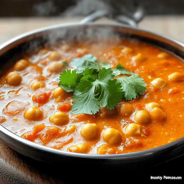 To make Indian-spiced chickpea stew, you need a few key ingredients: - 2 cups canned chickpeas, drained and rinsed - 1 onion, finely chopped - 2 cloves garlic, minced - 1 tablespoon ginger, grated - 1 can (14 oz) diced tomatoes - 1 can (14 oz) coconut milk - 2 cups vegetable broth - 1 tablespoon curry powder - 1 teaspoon ground cumin - 1 teaspoon turmeric powder - 1/2 teaspoon red chili powder (adjust to taste) - 1 tablespoon olive oil - Salt and pepper to taste These ingredients blend together to create a hearty and flavorful stew. The chickpeas add protein, while the spices give it warmth and depth. For added flavor and color, consider these garnishes: - Fresh cilantro, chopped - A squeeze of lime juice - Sliced green chilies These garnishes not only enhance the stew's look but also add fresh notes to each bite. To prepare this stew, you will need: - A large pot or Dutch oven - A wooden spoon for stirring - A cutting board and knife for chopping Having the right tools makes cooking easier. You can focus on enjoying the process and the final dish. For the complete list of ingredients and detailed instructions, refer to the Full Recipe. Start by heating olive oil in a large pot over medium heat. When the oil is warm, add the chopped onion. Cook the onion for about five minutes until it becomes soft and clear. This step builds the base of flavor. Next, stir in the minced garlic and grated ginger. Cook for one more minute until it smells great. Now, it’s time to add the spices. Toss in the curry powder, ground cumin, turmeric powder, and red chili powder. Stir them into the onions, garlic, and ginger. Cook the spices for two minutes. This helps them release their rich flavors. After that, pour in the diced tomatoes with their juice and the can of coconut milk. Mix it all together, then add the vegetable broth. Add in the rinsed chickpeas next. They will add protein and texture to the stew. Season with salt and pepper to taste. Bring the stew to a gentle simmer. Once it simmers, reduce the heat to low. Cover the pot and let it cook for 20 to 25 minutes. Stir occasionally to blend the flavors. If you want a thicker stew, mash some chickpeas with the back of a spoon. This complete cooking process creates a dish that is flavorful and satisfying. For the full recipe, refer to the section above. Serve the stew hot, topped with fresh cilantro for a nice touch. To boost the taste of your Indian-spiced chickpea stew, try these tips: - Use fresh spices: Always check your spice shelf. Old spices lose flavor. - Add acidity: A splash of lemon juice can brighten the dish. - Experiment with herbs: Fresh cilantro adds a nice touch at the end. - Toast spices: Briefly cook your spices in oil to bring out their flavor. These steps help layers of flavor shine through. You will taste the difference in every bite. Here are some common errors to steer clear of: - Skipping the sauté: Don’t rush the onion and garlic stage. This builds a solid base. - Overcooking chickpeas: If you use dried chickpeas, soak and cook them properly. They should be tender but not mushy. - Ignoring seasoning: Taste as you go. Adjust salt and pepper to your liking. - Not letting it simmer: Allowing the stew to simmer helps meld all the flavors. By avoiding these mistakes, your stew will be more delicious and satisfying. When it's time to serve, consider these ideas: - Serve with rice: White or brown rice pairs well and soaks up the stew. - Add bread: Naan or crusty bread makes a great side. - Top with yogurt: A dollop of plain yogurt can add creaminess and balance spice. - Garnish: Fresh cilantro is a must for color and taste. Feel free to explore and create your own serving style. Enjoy your meal! For the full recipe, check out the details above. {{image_2}} You can easily boost this stew’s protein. Try adding cooked chicken, beef, or tofu. Each option brings a different taste. For chicken, use shredded pieces. For beef, try ground or diced. Tofu works well when cubed and pan-fried. This adds texture and flavor. You can mix and match to your liking. This Indian-spiced chickpea stew is already vegan. It’s packed with plant-based goodness. If you want to switch it up, add more veggies. Spinach, kale, or sweet potatoes work great. These veggies add nutrients and color. You can also serve it over rice or quinoa for a complete meal. You can swap ingredients based on what you have. For instance, use lentils if you don’t have chickpeas. They cook faster and soak up flavors well. If you lack coconut milk, try almond or soy milk. Just remember, this will change the taste slightly. You can also use any vegetable broth you like. The stew remains flexible and tasty no matter the changes. For the full recipe, check out the [Full Recipe]. I love saving leftovers from my Indian-spiced chickpea stew. To store them, let the stew cool first. Use an airtight container for best results. You can keep it in the fridge for up to three days. If you want to save it longer, freezing is a good option. Reheating is simple. Pour the stew into a pot. Heat it over medium heat on the stove. Stir occasionally to avoid burning. You can also use a microwave. Place the stew in a microwave-safe bowl. Heat it for one to two minutes, stirring halfway through. Make sure it’s hot all the way through before you eat. To freeze the stew, use a freezer-safe container. Leave some space at the top for expansion. This stew can last up to three months in the freezer. When you’re ready to eat, thaw it in the fridge overnight. Then, reheat it using the steps above. Enjoy your delicious meal again! For the full recipe, check out the link provided. To make your Indian-Spiced Chickpea Stew spicier, add more red chili powder. Start with an extra 1/2 teaspoon. If you want more heat, add some chopped green chilies. You can also use fresh ginger or a dash of cayenne pepper. Keep tasting as you go. Adjust the spice level to your liking. Remember, you can always add more, but you can't take it out! Yes, you can use dried chickpeas! Just soak them overnight in water. After soaking, cook them until soft before adding to your stew. This may take about 1 to 2 hours. Be sure to adjust the cooking time in the recipe. Dried chickpeas have a great texture and flavor that can enhance your dish. This stew pairs well with many sides. Serve it with rice or warm naan bread. You can also enjoy it with a fresh salad for a light touch. Consider adding yogurt or raita for creaminess. This balance will elevate your meal. For more ideas, check the Full Recipe for suggestions! This article covered how to make Indian-Spiced Chickpea Stew, from main ingredients to cooking steps. We explored tips for enhancing flavors, avoiding common mistakes, and serving suggestions. You learned about variations, storage, and answering common questions. Enjoying this stew is a delightful experience. Remember, feel free to adjust the spices and toppings to make it your own. Cooking should be fun and creative!