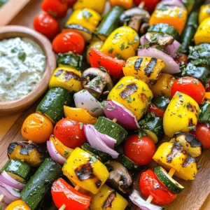 To make the best grilled veggie kabobs, choose vibrant and fresh vegetables. Here’s a list of my top picks: - 1 bell pepper (any color), cut into 1-inch pieces - 1 zucchini, sliced into rounds - 1 yellow squash, sliced into rounds - 1 red onion, cut into wedges - 8 cherry tomatoes - 1 cup mushrooms, cleaned and stems removed These vegetables not only taste great but also add color to your dish. You can mix and match based on what you love or what’s in season. A good marinade brings your kabobs to life. Here’s what I use: - 3 tablespoons olive oil - 2 cloves garlic, minced - 1 teaspoon smoked paprika - 1 teaspoon dried oregano - Salt and pepper to taste This marinade enhances the flavors of the veggies. The olive oil helps them grill nicely, while the spices add a lovely kick. When it comes to skewers, you can choose between wooden and metal. Here are the pros of each: - Wooden Skewers: Soak them in water for 30 minutes. This prevents burning. They are great for a rustic look. - Metal Skewers: No soaking needed. They are durable and reusable. They also help cook the veggies evenly. Pick the type that works best for you. Both will hold your tasty veggies just fine! For the full recipe, check out the detailed instructions. Start by washing all your vegetables. Cut the bell pepper into 1-inch pieces. Slice the zucchini and yellow squash into rounds. Then, cut the red onion into wedges. Keep the cherry tomatoes whole and clean the mushrooms by removing the stems. Arrange all your cut veggies on a large plate. This makes it easier to grab them as you assemble the kabobs. Next, grab a large bowl. Pour in 3 tablespoons of olive oil. Add 2 minced garlic cloves, 1 teaspoon of smoked paprika, and 1 teaspoon of dried oregano. Sprinkle in some salt and pepper. Whisk everything together until it’s mixed well. Now, add your prepared vegetables to the bowl. Toss them gently so every piece gets coated in that tasty marinade. Let the veggies sit for 15 minutes. This helps them soak up the flavors. Before grilling, if you’re using wooden skewers, soak them in water for at least 30 minutes. This keeps them from burning. Preheat your grill to medium-high heat. Now, take the marinated veggies and thread them onto the skewers. Mix the colors for a nice look. Place the skewers on the grill. Cook them for about 10-15 minutes. Make sure to turn them occasionally. Look for tender veggies with nice grill marks. When done, let them rest for a couple of minutes before serving. Enjoy your grilled veggie kabobs with your choice of dip! For the full recipe, check the section above. Soaking wooden skewers helps prevent them from burning on the grill. Place your skewers in a bowl of water. Let them soak for at least 30 minutes. This simple step makes a big difference when grilling. It keeps your kabobs intact and adds no flavor. For the best grilled veggie kabobs, set your grill to medium-high heat. This temperature helps the veggies cook evenly. Preheat the grill for about 10 minutes before adding the kabobs. Grill the skewers for 10-15 minutes. Turn them occasionally for even cooking. Look for tender veggies with nice grill marks. To ensure even cooking, cut your veggies into similar sizes. This helps them cook at the same rate. When threading the veggies onto the skewers, alternate between different types. This not only looks pretty but also helps flavors mix well. If you have thicker pieces, place them on the edges where they get more heat. {{image_2}} You can mix and match your veggies for grilled kabobs. Try adding eggplant or asparagus for a new taste. Sweet corn cut into chunks adds a fun crunch. Carrots, sliced thin, give a nice color too. Use your favorite seasonal veggies for the best flavor. Remember, the more colors, the better your kabobs look! To make these kabobs heartier, add protein. Tofu works well and absorbs flavors nicely. Cut firm tofu into cubes and marinate it like the veggies. If you prefer chicken, use boneless, skinless pieces cut into cubes. Marinate the chicken with the same mix for a tasty twist. Both options make these kabobs more filling and satisfying. Switching up the marinade can change everything. You can use soy sauce for an Asian flair. A citrus-based marinade adds bright notes. Try balsamic vinegar for a sweet and tangy taste. Experiment with herbs like rosemary or thyme for a fresh kick. Each marinade will give your kabobs a unique flavor. For more details on the original marinade, check the Full Recipe. After enjoying your grilled veggie kabobs, store any leftovers properly. First, let them cool to room temperature. Then, place them in an airtight container. This keeps them fresh and tasty. You can store the kabobs in the fridge for up to three days. If you want to enjoy them later, freezing is a great option. To reheat your kabobs, use the oven or skillet. Preheat the oven to 350°F (175°C). Place the kabobs on a baking sheet and cover them with foil. Heat for about 10-15 minutes. If using a skillet, add a splash of water to prevent sticking. Heat over medium until warm. This will keep the veggies tender and flavorful. Freezing kabobs is easy and great for meal prep. First, make sure the kabobs are fully cooled. Then, wrap each kabob in plastic wrap. Place them in a freezer-safe bag or container. They can last up to three months in the freezer. When you're ready to eat, thaw them overnight in the fridge before reheating. Enjoy your delicious grilled veggie kabobs anytime! For more detailed instructions, check out the Full Recipe. A gas grill or charcoal grill works best for veggie kabobs. Gas grills heat evenly and are easy to control. Charcoal grills give a nice smoky flavor. If you are using a grill pan, make sure it gets hot enough. This helps to sear the veggies well. Yes, you can prepare kabobs ahead of time. You can cut the veggies and marinate them a few hours before cooking. Just keep them in the fridge. This helps the flavors mix well. If you want, you can also thread them onto skewers in advance. Just make sure to store them in a cool place until ready to grill. Grilled veggie kabobs taste great with many dips. Here are some good options: - Tzatziki: A yogurt dip with cucumber and garlic. - Hummus: A creamy dip made from chickpeas. - Baba ghanoush: A dip made from roasted eggplant. - Green goddess: A fresh herb dip. These dips add creaminess and flavor to the meal. Yes, grilled veggie kabobs are perfect for vegetarians. They are made from fresh vegetables and can include tofu or mushrooms for extra texture. This dish is colorful and full of nutrients. It’s a great way to enjoy a healthy meal. You can tell the veggies are done when they are tender and have grill marks. The cooking time is usually about 10 to 15 minutes. You should turn the skewers occasionally to cook them evenly. If you poke a vegetable and it feels soft, it is ready to eat. Enjoy your grilled veggie kabobs with your favorite side or dip from the Full Recipe! - 1 bell pepper (any color), cut into 1-inch pieces - 1 zucchini, sliced into rounds - 1 yellow squash, sliced into rounds - 1 red onion, cut into wedges - 8 cherry tomatoes - 1 cup mushrooms, cleaned and stems removed - 3 tablespoons olive oil - 2 cloves garlic, minced - 1 teaspoon smoked paprika - 1 teaspoon dried oregano - Salt and pepper to taste - 8 skewers (wooden or metal) 1. Soak wooden skewers in water for at least 30 minutes. This helps prevent burning on the grill. 2. In a large bowl, mix olive oil, minced garlic, smoked paprika, oregano, salt, and pepper. Whisk until well combined. 3. Add the veggies to the bowl: bell pepper, zucchini, yellow squash, red onion, cherry tomatoes, and mushrooms. Toss gently to coat them with the marinade. Let them sit for at least 15 minutes. 4. Preheat your grill to medium-high heat. 5. Thread the marinated veggies onto the skewers. Alternate between the different veggies for a colorful look. 6. Place the skewers on the grill. Cook for about 10-15 minutes, turning them so they cook evenly. Look for nice grill marks and tender veggies. 7. Remove the kabobs from the grill. Let them rest for a couple of minutes before you serve. Serve your grilled veggie kabobs on a platter. Sprinkle fresh herbs like parsley or basil on top. For a fresh touch, offer tzatziki or yogurt dip on the side. These kabobs pair well with a light salad or warm pita bread. Enjoy the vibrant flavors! In this post, we covered how to make grilled veggie kabobs. We discussed essential vegetables, marinades, and skewer options. I shared steps for prepping, marinating, and grilling for great taste. Helpful tips like soaking wooden skewers and cooking times were also included. You can create tasty variations by adding proteins or different veggie combos. Lastly, we shared storage and reheating tips to keep leftovers fresh. Now, you're set to impress with delicious grilled kabobs! Enjoy your cooking adventures!