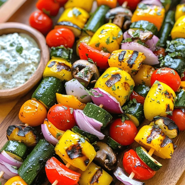 To make the best grilled veggie kabobs, choose vibrant and fresh vegetables. Here’s a list of my top picks: - 1 bell pepper (any color), cut into 1-inch pieces - 1 zucchini, sliced into rounds - 1 yellow squash, sliced into rounds - 1 red onion, cut into wedges - 8 cherry tomatoes - 1 cup mushrooms, cleaned and stems removed These vegetables not only taste great but also add color to your dish. You can mix and match based on what you love or what’s in season. A good marinade brings your kabobs to life. Here’s what I use: - 3 tablespoons olive oil - 2 cloves garlic, minced - 1 teaspoon smoked paprika - 1 teaspoon dried oregano - Salt and pepper to taste This marinade enhances the flavors of the veggies. The olive oil helps them grill nicely, while the spices add a lovely kick. When it comes to skewers, you can choose between wooden and metal. Here are the pros of each: - Wooden Skewers: Soak them in water for 30 minutes. This prevents burning. They are great for a rustic look. - Metal Skewers: No soaking needed. They are durable and reusable. They also help cook the veggies evenly. Pick the type that works best for you. Both will hold your tasty veggies just fine! For the full recipe, check out the detailed instructions. Start by washing all your vegetables. Cut the bell pepper into 1-inch pieces. Slice the zucchini and yellow squash into rounds. Then, cut the red onion into wedges. Keep the cherry tomatoes whole and clean the mushrooms by removing the stems. Arrange all your cut veggies on a large plate. This makes it easier to grab them as you assemble the kabobs. Next, grab a large bowl. Pour in 3 tablespoons of olive oil. Add 2 minced garlic cloves, 1 teaspoon of smoked paprika, and 1 teaspoon of dried oregano. Sprinkle in some salt and pepper. Whisk everything together until it’s mixed well. Now, add your prepared vegetables to the bowl. Toss them gently so every piece gets coated in that tasty marinade. Let the veggies sit for 15 minutes. This helps them soak up the flavors. Before grilling, if you’re using wooden skewers, soak them in water for at least 30 minutes. This keeps them from burning. Preheat your grill to medium-high heat. Now, take the marinated veggies and thread them onto the skewers. Mix the colors for a nice look. Place the skewers on the grill. Cook them for about 10-15 minutes. Make sure to turn them occasionally. Look for tender veggies with nice grill marks. When done, let them rest for a couple of minutes before serving. Enjoy your grilled veggie kabobs with your choice of dip! For the full recipe, check the section above. Soaking wooden skewers helps prevent them from burning on the grill. Place your skewers in a bowl of water. Let them soak for at least 30 minutes. This simple step makes a big difference when grilling. It keeps your kabobs intact and adds no flavor. For the best grilled veggie kabobs, set your grill to medium-high heat. This temperature helps the veggies cook evenly. Preheat the grill for about 10 minutes before adding the kabobs. Grill the skewers for 10-15 minutes. Turn them occasionally for even cooking. Look for tender veggies with nice grill marks. To ensure even cooking, cut your veggies into similar sizes. This helps them cook at the same rate. When threading the veggies onto the skewers, alternate between different types. This not only looks pretty but also helps flavors mix well. If you have thicker pieces, place them on the edges where they get more heat. {{image_2}} You can mix and match your veggies for grilled kabobs. Try adding eggplant or asparagus for a new taste. Sweet corn cut into chunks adds a fun crunch. Carrots, sliced thin, give a nice color too. Use your favorite seasonal veggies for the best flavor. Remember, the more colors, the better your kabobs look! To make these kabobs heartier, add protein. Tofu works well and absorbs flavors nicely. Cut firm tofu into cubes and marinate it like the veggies. If you prefer chicken, use boneless, skinless pieces cut into cubes. Marinate the chicken with the same mix for a tasty twist. Both options make these kabobs more filling and satisfying. Switching up the marinade can change everything. You can use soy sauce for an Asian flair. A citrus-based marinade adds bright notes. Try balsamic vinegar for a sweet and tangy taste. Experiment with herbs like rosemary or thyme for a fresh kick. Each marinade will give your kabobs a unique flavor. For more details on the original marinade, check the Full Recipe. After enjoying your grilled veggie kabobs, store any leftovers properly. First, let them cool to room temperature. Then, place them in an airtight container. This keeps them fresh and tasty. You can store the kabobs in the fridge for up to three days. If you want to enjoy them later, freezing is a great option. To reheat your kabobs, use the oven or skillet. Preheat the oven to 350°F (175°C). Place the kabobs on a baking sheet and cover them with foil. Heat for about 10-15 minutes. If using a skillet, add a splash of water to prevent sticking. Heat over medium until warm. This will keep the veggies tender and flavorful. Freezing kabobs is easy and great for meal prep. First, make sure the kabobs are fully cooled. Then, wrap each kabob in plastic wrap. Place them in a freezer-safe bag or container. They can last up to three months in the freezer. When you're ready to eat, thaw them overnight in the fridge before reheating. Enjoy your delicious grilled veggie kabobs anytime! For more detailed instructions, check out the Full Recipe. A gas grill or charcoal grill works best for veggie kabobs. Gas grills heat evenly and are easy to control. Charcoal grills give a nice smoky flavor. If you are using a grill pan, make sure it gets hot enough. This helps to sear the veggies well. Yes, you can prepare kabobs ahead of time. You can cut the veggies and marinate them a few hours before cooking. Just keep them in the fridge. This helps the flavors mix well. If you want, you can also thread them onto skewers in advance. Just make sure to store them in a cool place until ready to grill. Grilled veggie kabobs taste great with many dips. Here are some good options: - Tzatziki: A yogurt dip with cucumber and garlic. - Hummus: A creamy dip made from chickpeas. - Baba ghanoush: A dip made from roasted eggplant. - Green goddess: A fresh herb dip. These dips add creaminess and flavor to the meal. Yes, grilled veggie kabobs are perfect for vegetarians. They are made from fresh vegetables and can include tofu or mushrooms for extra texture. This dish is colorful and full of nutrients. It’s a great way to enjoy a healthy meal. You can tell the veggies are done when they are tender and have grill marks. The cooking time is usually about 10 to 15 minutes. You should turn the skewers occasionally to cook them evenly. If you poke a vegetable and it feels soft, it is ready to eat. Enjoy your grilled veggie kabobs with your favorite side or dip from the Full Recipe! - 1 bell pepper (any color), cut into 1-inch pieces - 1 zucchini, sliced into rounds - 1 yellow squash, sliced into rounds - 1 red onion, cut into wedges - 8 cherry tomatoes - 1 cup mushrooms, cleaned and stems removed - 3 tablespoons olive oil - 2 cloves garlic, minced - 1 teaspoon smoked paprika - 1 teaspoon dried oregano - Salt and pepper to taste - 8 skewers (wooden or metal) 1. Soak wooden skewers in water for at least 30 minutes. This helps prevent burning on the grill. 2. In a large bowl, mix olive oil, minced garlic, smoked paprika, oregano, salt, and pepper. Whisk until well combined. 3. Add the veggies to the bowl: bell pepper, zucchini, yellow squash, red onion, cherry tomatoes, and mushrooms. Toss gently to coat them with the marinade. Let them sit for at least 15 minutes. 4. Preheat your grill to medium-high heat. 5. Thread the marinated veggies onto the skewers. Alternate between the different veggies for a colorful look. 6. Place the skewers on the grill. Cook for about 10-15 minutes, turning them so they cook evenly. Look for nice grill marks and tender veggies. 7. Remove the kabobs from the grill. Let them rest for a couple of minutes before you serve. Serve your grilled veggie kabobs on a platter. Sprinkle fresh herbs like parsley or basil on top. For a fresh touch, offer tzatziki or yogurt dip on the side. These kabobs pair well with a light salad or warm pita bread. Enjoy the vibrant flavors! In this post, we covered how to make grilled veggie kabobs. We discussed essential vegetables, marinades, and skewer options. I shared steps for prepping, marinating, and grilling for great taste. Helpful tips like soaking wooden skewers and cooking times were also included. You can create tasty variations by adding proteins or different veggie combos. Lastly, we shared storage and reheating tips to keep leftovers fresh. Now, you're set to impress with delicious grilled kabobs! Enjoy your cooking adventures!