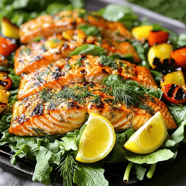 For a delightful Lemon Dill Grilled Salmon, you need a few fresh ingredients. Here’s the list: - 4 salmon fillets (6 oz each) - 3 tablespoons olive oil - 2 lemons (zested and juiced) - 2 tablespoons fresh dill, chopped - 2 garlic cloves, minced - Salt and pepper to taste - Lemon wedges, for serving These ingredients work together to create a bright flavor. The salmon is the star here, while the lemon and dill add freshness. Olive oil keeps the fish moist on the grill. Garlic gives it a nice kick, and salt and pepper enhance all the flavors. You can also add some optional garnishes. Fresh herbs or extra lemon slices can make your dish look even better. For the full recipe, check out the details above. To start, you will need to make the marinade. In a medium bowl, whisk together the olive oil, lemon zest, lemon juice, chopped dill, minced garlic, salt, and pepper. This mix will give your salmon a fresh taste. Next, place the salmon fillets in a shallow dish. Pour the marinade over each fillet. Make sure every piece is well-coated for the best flavor. Let the salmon marinate for at least 30 minutes in the refrigerator. This helps the flavors soak in. If you can, marinating longer will boost the taste even more. Now it's time to grill. First, preheat your grill to medium-high heat. This helps the salmon cook evenly. Brush the grill grates with a little olive oil. This step prevents the salmon from sticking while it cooks. After preheating, remove the salmon from the marinade. Let any extra marinade drip off. Place the salmon fillets skin-side down on the grill. Cook for about 4 to 5 minutes. Then, carefully flip the fillets. Grill them for an additional 3 to 4 minutes. The salmon is done when it flakes easily with a fork. Once cooked, remove the salmon from the grill. Let it rest for a couple of minutes. This allows the juices to settle. Serve the grilled salmon with fresh lemon wedges for a zesty touch. For the full recipe, check out the details above. To prevent sticking on the grill, start with a clean grate. Use a brush to scrub away old bits. Before grilling, brush the grates with olive oil. This simple step makes a big difference. To achieve perfect grill marks, place the salmon skin-side down. Cook it without moving for several minutes. Flip only once for those nice, crisscross marks. Timing is key—4-5 minutes on one side and 3-4 minutes on the other. If you want to mix up the flavors, try different herbs. Fresh parsley or tarragon can add a new twist. You can also use spices like paprika or cumin for warmth. For side dishes, consider light options like grilled asparagus or a fresh salad. Quinoa or a citrus couscous pairs nicely, too. These sides balance the rich flavor of the salmon. For the full recipe, check out the main article. {{image_2}} You can make Lemon Dill Grilled Salmon even more fun by adding different flavors. For example, try adding other citrus fruits like lime or orange. This will give your marinade a unique twist. The bright flavors of citrus mix well with the salmon. Another way to spice things up is by adding heat. You can sprinkle in some red pepper flakes or cayenne pepper. This will create a nice kick in every bite. Just remember, start small and add more if you want extra spice. You have options for cooking your salmon. Grilling is great for a smoky flavor, but baking works too. Baking keeps the salmon moist and lets the flavors meld nicely. If you choose to bake, set your oven to 375°F and cook for about 15-20 minutes. Pan-searing is another method to try. It gives a crispy outer layer while keeping the inside tender. Heat some oil in a pan over medium-high heat. Cook the salmon for about 4 minutes on each side. This method gives a different texture and flavor. For the complete Lemon Dill Grilled Salmon recipe, check out the Full Recipe. After enjoying your Lemon Dill Grilled Salmon, store any leftovers in the fridge. Use airtight containers to keep the salmon fresh. Wrap each fillet well to prevent air from getting in. Proper chilling helps maintain flavor and texture. Grilled salmon stays good for about three days in the fridge. If you want to keep it longer, freeze it. Salmon can last up to three months in the freezer. Just make sure to wrap it well in plastic wrap and foil. This keeps it safe from freezer burn. When you reheat salmon, do it gently. The best way is to use low heat. You can warm it in the oven at 275°F (135°C). This keeps the salmon moist. Cover it with foil to lock in moisture. Heat it for about 15 minutes. Another option is to use the stovetop. Place the salmon in a pan over low heat. Add a splash of water or broth to help with moisture. Cover the pan and heat for a few minutes. If you have leftover salmon, try using it in a salad or a sandwich. You can also flake it into pasta or a grain bowl. This way, you can enjoy the flavor in new dishes! For the full recipe, check out the Lemon Dill Grilled Salmon recipe. How long do I need to marinate salmon? You should marinate the salmon for at least 30 minutes. This helps the fish soak up the flavors. If you have more time, you can marinate it for up to 2 hours. Just don’t go longer than that, or the fish may get too salty. What is the best way to tell if salmon is cooked? The best way to check if your salmon is cooked is by looking for color and texture. The fish should be opaque and flake easily with a fork. If you have a food thermometer, the inside should reach 145°F. This ensures it's safe to eat. Can I use frozen salmon for this recipe? Yes, you can use frozen salmon. Just make sure to thaw it completely. The best way to thaw is in the fridge overnight. If you’re short on time, you can also run it under cold water for about 30 minutes. What to serve with Lemon Dill Grilled Salmon? You can serve this salmon with many sides. Some great options include: - Steamed vegetables - Quinoa or rice - A fresh salad with lemon vinaigrette - Grilled asparagus or zucchini These sides will balance the flavors of the salmon nicely. For the full recipe, check out the earlier section. We explored all the key steps to grill great salmon. You learned about the right ingredients, how to make a tasty marinade, and the best grilling methods. I shared helpful tips to avoid sticking and achieve perfect grill marks. You can also try different flavor twists and cooking methods. Lastly, I covered how to store leftovers and reheat them well. Remember, simple changes can make your dish even better. Enjoy your delicious grilled salmon!