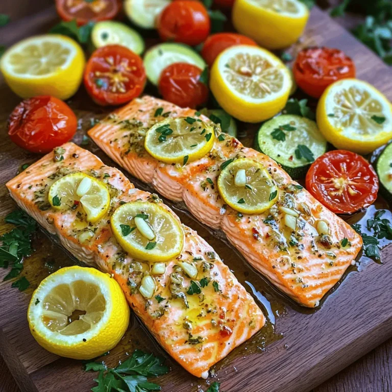 To create this one-pan garlic herb salmon, gather the following key ingredients: - 4 salmon fillets (about 6 oz each) - 2 tablespoons olive oil - 4 cloves garlic, minced - 1 teaspoon dried oregano - 1 teaspoon dried thyme - 1 teaspoon paprika - Salt and pepper to taste - 1 lemon, sliced - 1 cup cherry tomatoes, halved - 1 zucchini, sliced - Fresh parsley, chopped (for garnish) I love using fresh salmon fillets for this dish. They provide a rich flavor and high nutrition. The olive oil is key; it helps the herbs stick and adds a nice touch. Garlic adds depth, while oregano and thyme bring out the best in the salmon. I often add paprika for a hint of warmth. The lemon brightens the dish, balancing the richness of the fish. For vegetables, I choose cherry tomatoes and zucchini. They cook well and add color. The fresh parsley makes for a lovely garnish, offering a fresh note. For the full recipe, check out the details above. This dish is simple, yet it packs a punch in flavor and presentation. 1. Preheating the oven: Start by preheating your oven to 400°F (200°C). This step is key to cooking the salmon evenly and getting the veggies just right. 2. Preparing the marinade: In a small bowl, mix 2 tablespoons of olive oil, 4 minced garlic cloves, 1 teaspoon of dried oregano, 1 teaspoon of dried thyme, 1 teaspoon of paprika, and salt and pepper to taste. This mix will give the salmon its tasty flavor. 3. Arranging the dish: Place 4 salmon fillets in a large baking dish or on a lined baking sheet. Brush the marinade over each fillet. Then, surround the salmon with lemon slices, halved cherry tomatoes, and sliced zucchini. Use any leftover marinade to drizzle over the vegetables. 1. Baking time and techniques: Bake the dish in your preheated oven for 12-15 minutes. The salmon should be flaky, and the veggies tender. Keep an eye on it to avoid overcooking. 2. Checking for doneness: To check if the salmon is done, gently poke it with a fork. If it flakes easily, it’s ready. If it feels firm, give it a few more minutes. 3. Resting time for salmon: Once out of the oven, let the salmon rest for a couple of minutes. This helps keep the juices locked in, making your meal even tastier. For the full recipe, check out the details above. Enjoy your cooking! Achieving perfect flakiness To get that perfect flaky salmon, watch the cooking time. Bake it for 12 to 15 minutes. The salmon is done when it flakes easily with a fork. Remove it from the oven right away. This helps keep it moist. Best temperature for cooking salmon I recommend cooking salmon at 400°F (200°C). This high temperature cooks the fish evenly. It also helps to brown the edges without drying it out. Using fresh herbs vs. dried herbs Fresh herbs give a bright flavor. They can make your dish pop. However, dried herbs are great for ease and shelf life. Use about three times more fresh herbs than dried herbs for the same taste. Plating the dish For a lovely presentation, use a rustic wooden board. Place the salmon fillets in the center. Arrange the veggies around them. This adds color and makes the dish inviting. Pairing with sides or salads Serve the salmon with a fresh salad or some roasted potatoes. Green beans or asparagus also work well. These sides balance the rich flavors of the salmon. Garnishing ideas for visual appeal Add fresh parsley on top for a pop of green. You can also sprinkle some lemon zest. This adds a nice touch and enhances the flavors. For a bit of crunch, consider adding some toasted nuts or seeds. For the full recipe, check out the One-Pan Garlic Herb Salmon. {{image_2}} You can change up the veggies for this dish. Try bell peppers, asparagus, or green beans. They all cook well with salmon and add color. For a protein swap, use chicken or tofu. Both work nicely with the garlic herb marinade. If you want to switch up the spices, add cumin for warmth or lemon zest for brightness. You can also replace dried herbs with fresh ones for a stronger flavor. You can make this dish in different ways. Pan-searing gives the salmon a nice crust. To do this, heat oil in a skillet and cook the fillets for about 4-5 minutes on each side. Baking is easy and hands-off. Just follow the [Full Recipe] for perfect results every time. You can also grill the salmon. This adds a smoky taste and crispy skin. Lastly, using a sheet pan lets you cook everything at once. It makes clean-up a breeze, too. After you enjoy your one-pan garlic herb salmon, you might have leftovers. To keep your salmon fresh, store it in an airtight container. This helps lock in moisture and flavor. Place the container in the fridge. Your salmon will stay good for about 3 days. When it comes to reheating, you have a few options. You can use the microwave for a quick fix. Just heat it on low power to avoid drying it out. Another great method is using the oven. Set it to 350°F (175°C) and warm the salmon for about 10 minutes. This method keeps the fish tender and juicy. Can you freeze one-pan garlic herb salmon? Yes, you can! Freezing is a smart way to save your leftovers for later. To do this, let the salmon cool completely before you freeze it. To properly freeze portions, wrap each piece tightly in plastic wrap. Then, place the wrapped salmon in a freezer-safe bag or container. This way, it won’t get freezer burn. Your salmon can last in the freezer for about 2 months. When you’re ready to eat it, simply thaw it in the fridge overnight. Reheat it just like before for a tasty meal! How long do you bake salmon at 400°F? You bake salmon at 400°F for 12 to 15 minutes. This time allows the fish to cook through but remain tender. Check if the salmon flakes easily with a fork. If it does, it is ready to eat. Can you use frozen salmon for this recipe? Yes, you can use frozen salmon. Just thaw it first for even cooking. Place the frozen fillets in the fridge overnight. If you need it fast, you can put the salmon in a sealed bag and run it under cold water. What to serve with garlic herb salmon? You can serve garlic herb salmon with many sides. Some great choices include rice, quinoa, or a fresh salad. Roasted or steamed veggies also pair well. For a light touch, add a slice of lemon on the side. For the full recipe, check out the One-Pan Garlic Herb Salmon. This blog post detailed how to make a one-pan garlic herb salmon dish. You learned about main ingredients, step-by-step prep and cooking, plus helpful tips. I shared variations for extra creativity and storage tips for leftovers. In conclusion, you can enjoy this dish in many ways. Make it yours by experimenting with ingredients and methods. Cooking salmon can be easy and fun. Enjoy your meal!