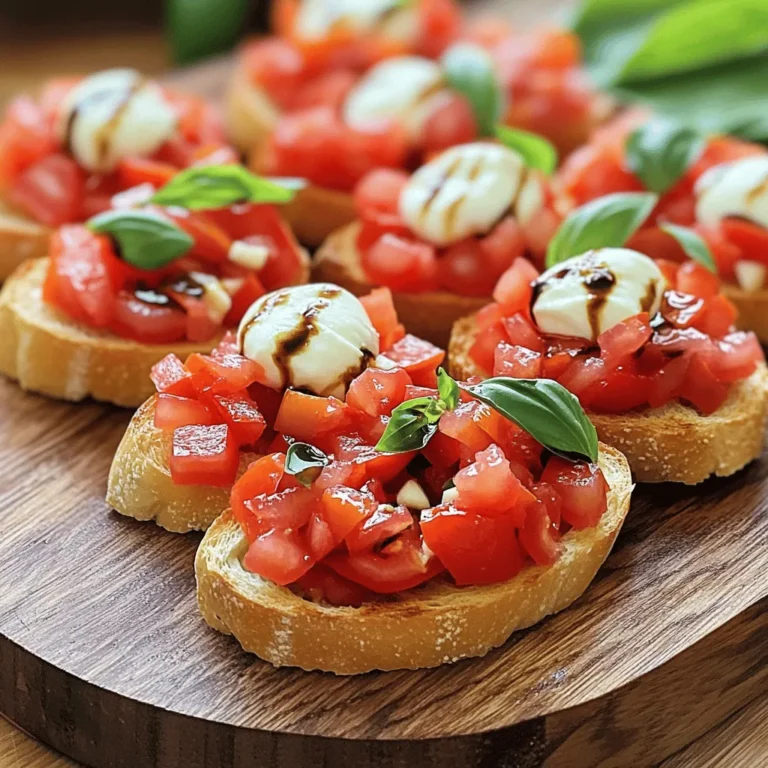 - 1 French baguette, sliced into 1/2 inch rounds - 4 ripe tomatoes, diced - 1 cup fresh basil leaves, chopped - 2 cloves garlic, minced - 3 tablespoons extra-virgin olive oil - 1 tablespoon balsamic vinegar - Salt and pepper to taste - Fresh mozzarella balls (optional) I love using fresh, ripe tomatoes for this bruschetta. They add bright flavor. Choose firm tomatoes for the best taste. Fresh basil gives it a lovely aroma. It’s a key part of this dish. Minced garlic adds a punch of flavor. The baguette is the perfect base. For the best crunch, slice it into rounds. Use high-quality extra-virgin olive oil. It enhances the taste of the bread. A splash of balsamic vinegar brings a sweet tang. Don’t forget salt and pepper! They balance the flavors. If you want a creamy touch, add fresh mozzarella balls. They melt in your mouth, making each bite special. This is a simple yet tasty snack. You can make it for any occasion. For the full recipe, check out the details above. - Preheat your oven to 400°F (200°C). - Brush baguette slices with olive oil. First, set your oven temperature. This step is key for toasting the bread. The oil gives the bread a nice flavor and helps it crisp up. Use a pastry brush or your fingers to coat each slice lightly. Be sure not to drown the bread in oil. - Arrange and toast bread in the oven. Next, place your oiled baguette slices on a baking sheet. Make sure they are not overlapping. Toast them in the oven for about 5-7 minutes. Keep an eye on them so they don’t burn. You want them golden and crisp, not charred. - Combine tomatoes, basil, garlic, and seasonings. While the bread toasts, it’s time to make the topping. In a mixing bowl, add diced tomatoes, chopped basil, and minced garlic. Drizzle in the remaining olive oil and balsamic vinegar. Sprinkle in salt and pepper to taste. Stir everything well until it looks bright and fresh. This mixture is the heart of your bruschetta. - Spoon tomato mixture on toasted bread. Once the bread is ready, take it out of the oven and let it cool slightly. Use a spoon to scoop the tomato mix onto each slice. Be generous! If you like, add half a fresh mozzarella ball on top for a creamy touch. Serve these tasty bites right away for the best crunch and flavor. For the full recipe, check out the details above. Enjoy your cooking! Selecting the best tomatoes Choose ripe, juicy tomatoes for the best flavor. Look for tomatoes that feel heavy and smell sweet. Heirloom and vine-ripened varieties work great. You want them to be bright and firm, not mushy. The taste of your bruschetta relies on these fresh ingredients. How to achieve optimal toasting For perfectly toasted bread, use a French baguette. Slice it into half-inch rounds. Brush both sides with extra-virgin olive oil. This step adds flavor and ensures a crispy texture. Toast the rounds in a preheated oven at 400°F (200°C) for 5 to 7 minutes. Keep an eye on them to prevent burning. You want them golden and crunchy, not dark brown. Plating ideas and garnishing tips Presentation matters when serving bruschetta. Arrange the toasted rounds on a nice platter. Top each piece with the tomato mixture. For a pop of color, garnish with extra basil leaves. Drizzle balsamic reduction on top for added flair. This makes your dish look even more appetizing. Pairing beverages with bruschetta Bruschetta pairs well with many drinks. A light white wine, like Pinot Grigio, complements the flavors nicely. If you prefer non-alcoholic options, try sparkling water with lemon. Both will enhance the fresh taste of the bruschetta without overpowering it. Enjoy your snack with a refreshing beverage! {{image_2}} You can switch up your bruschetta with fun toppings. Here are two easy ideas: - Pesto Bruschetta: Spread a layer of pesto on the toasted bread. Top it with diced tomatoes and fresh basil. This adds a rich, nutty taste. - Avocado and Feta Variation: Smash ripe avocado and spread it on the bread. Sprinkle crumbled feta cheese on top. This gives a creamy twist that pairs well with the tomato. If you need to follow a special diet, there are great options: - Gluten-Free Bread Options: Use gluten-free baguettes or any gluten-free bread. It tastes just as good and keeps the crunch. - Vegan Substitutions: Skip the mozzarella for a vegan version. You can add more avocado or use a plant-based cheese for creaminess. This keeps the dish fresh and bright without dairy. Try these variations on your Tomato Basil Bruschetta for extra flavor and fun! For the full recipe, check out the detailed instructions above. To store leftover bruschetta, place it in an airtight container. This keeps it fresh and prevents it from drying out. Consume the bruschetta within 2 days for the best taste. The bread can become soggy if stored longer. If you have leftover toppings, store them separately. This way, you keep the crunch of the toast. You can freeze bruschetta toppings if you want to save them for later. Keep them in a freezer-safe container for up to 3 months. When you want to use them, thaw them in the fridge overnight. Reheat the mixture in a pan over medium heat. For the bread, it's best to toast fresh slices when ready to serve. This keeps the bruschetta crunchy and tasty. For the best results, reheat the toppings gently. Enjoy this easy and flavorful snack again! For the complete process, check the Full Recipe. How to make bruschetta without an oven? You can make bruschetta on a grill or stovetop. Use a grill pan over medium heat. Toast the bread slices for about 2-3 minutes per side. This gives a nice char and flavor without an oven. What type of tomatoes are best for bruschetta? Ripe, juicy tomatoes are the best choice. I recommend using Roma tomatoes or heirloom varieties. They have great flavor and texture for topping your bread. Can I make bruschetta ahead of time? You can prepare the topping in advance. Just store the tomato mix in the fridge. Toast the bread right before serving for the best crunch and taste. How many servings does this recipe yield? This recipe makes about 24 pieces. It serves around 12 people, assuming each person enjoys two pieces. Can I use dried basil instead of fresh? Yes, but fresh basil gives the best flavor. If using dried basil, use about a third of the amount. Fresh herbs really make the bruschetta shine! For the full recipe, check out the Delicious Tomato Basil Bruschetta section above! This post showed you how to make tasty bruschetta at home. We covered the key ingredients, detailed steps, and helpful tips. Don’t forget to experiment with toppings to suit your taste. Storing leftovers properly ensures you enjoy this dish longer. Whether you're sharing with friends or savoring alone, bruschetta is a crowd-pleaser. Try it out, and enjoy every bite!