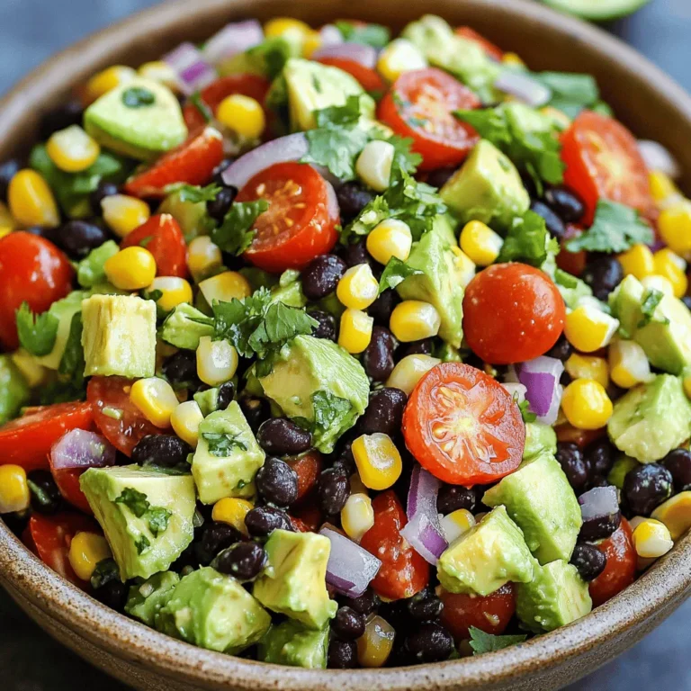 - 2 ripe avocados, diced - 1 can (15 oz) black beans, drained and rinsed - 1 cup cherry tomatoes, halved - 1 small red onion, finely chopped - 1 cup corn kernels (fresh or frozen and thawed) - 1 red bell pepper, diced - 1/4 cup fresh cilantro, chopped - 3 tablespoons lime juice - 2 tablespoons olive oil - 1 teaspoon cumin - Salt and pepper to taste - 1 jalapeño, deseeded and minced - 1/4 cup feta cheese, crumbled - Calories per serving: About 200 - Macronutrient content: - Carbohydrates: 25g - Fats: 10g - Proteins: 7g This salad packs a flavorful punch. Each ingredient adds its own twist and charm. You can mix and match based on your taste. Avocados provide healthy fats. Black beans add fiber and protein. If you want a kick, add jalapeño. Feta cheese can make it creamy and salty. The calorie count makes it a great snack or meal. It is good for lunch or dinner. The fresh ingredients give you vitamins and minerals too. Each bite is a blend of textures and tastes. For the full recipe, check the details above. Enjoy making this nutritious salad! How to dice avocados To dice avocados, start by cutting them in half. Remove the pit with a spoon. Use a knife to score the flesh in a grid pattern, but don't cut through the skin. Then, scoop out the diced avocado with a spoon. Make sure your avocados are ripe for the best texture. How to rinse black beans Open the can of black beans and pour them into a colander. Rinse the beans under cold water. This removes excess salt and enhances the flavor. Shake the colander gently to drain the water. Rinsing also helps keep the salad fresh. Combining salad ingredients in a bowl In a large mixing bowl, add your diced avocados, rinsed black beans, halved cherry tomatoes, finely chopped red onion, corn kernels, diced red bell pepper, and minced jalapeño if you want some heat. This mix of colors and textures makes the salad appealing and tasty. Whisking the dressing In a small bowl, whisk together lime juice, olive oil, cumin, salt, and pepper. Make sure these ingredients blend well. This dressing adds a zesty kick to the salad. Pour the dressing over the salad ingredients in the large bowl. Gently tossing ingredients without mashing Use a spatula or large spoon to gently toss the salad. Be careful not to mash the avocados. You want all the ingredients to mix well while keeping the avocado chunks intact for a creamy texture. Adjusting seasoning and letting flavors meld Taste the salad and adjust the seasoning if needed. Maybe add more salt or lime juice. Let the salad sit for about 10 minutes. This resting time lets the flavors meld together, creating a delicious bite. You can find the full recipe for more details on serving and preparation. - Choosing ripe avocados: Look for avocados that feel slightly soft when you gently squeeze them. The skin should be dark green or almost black. Avoid hard avocados; they are not ready to eat. If you buy them hard, let them ripen at room temperature for a few days. - How to prevent browning of avocados: To keep your avocados green, use lemon or lime juice. The acid helps slow down oxidation. You can also cover the avocado with plastic wrap, pressing it against the flesh to limit air contact. - Best dishes to pair with the salad: This salad goes great with grilled chicken, fish tacos, or even as a side for burgers. It adds freshness and flavor to any meal. - Ideal serving temperature: Serve the salad cold or at room temperature. It tastes best when flavors have had time to blend, so let it rest for about 10 minutes after mixing. - How to store leftovers: If you have extra salad, store it in an airtight container. Keep any leftover avocado separate to avoid browning. - Best container options for freshness: Use glass containers with tight lids to keep your salad fresh. They help prevent any unwanted odors from affecting the taste. {{image_2}} You can make this salad even better by adding quinoa. Quinoa adds protein and a nutty flavor. It also makes the salad more filling. Just cook the quinoa and let it cool before mixing it in. You can also add more veggies. Bell peppers and cucumbers are great options. They add crunch and color. Feel free to get creative with what you have on hand! Try using different herbs to change the taste. Basil or mint can bring a fresh twist. Chopping them finely and mixing them in will brighten the flavors. You can also experiment with dressings. A simple vinaigrette adds tang. If you want creaminess, ranch dressing works well too. Just drizzle some over the salad and stir! If you want a vegan-friendly version, skip the feta cheese. The salad will still taste great without it. You can add more beans or nuts for protein. For low-sodium options, use fresh herbs and spices instead of salt. This way, you keep the flavor without the added sodium. It makes the salad healthier! For the full recipe, you can refer back to the main section. Enjoy customizing your Avocado and Black Bean Salad! This refreshing avocado and black bean salad takes just 25 minutes to prepare. It serves 4 to 6 people, making it perfect for a family meal or a potluck. Here’s a quick look at the ingredients you’ll need: - 2 ripe avocados, diced - 1 can (15 oz) black beans, drained and rinsed - 1 cup cherry tomatoes, halved - 1 small red onion, finely chopped - 1 cup corn kernels (fresh or frozen and thawed) - 1 red bell pepper, diced - 1 jalapeño, deseeded and minced (optional for heat) - 1/4 cup fresh cilantro, chopped - 3 tablespoons lime juice - 2 tablespoons olive oil - 1 teaspoon cumin - Salt and pepper to taste - 1/4 cup feta cheese, crumbled (optional) For detailed step-by-step instructions, check out the [Full Recipe](#). High-quality images are key for any recipe. They help you see the colors and textures of the dish. When serving, a bright bowl can make your salad pop. Try to layer the ingredients for a beautiful look. You can also add a sprig of cilantro on top for that finishing touch. How long does the salad last in the fridge? This salad lasts about 2 to 3 days in the fridge. Store it in a sealed container. The avocados may brown, but the taste stays good. Can I use canned beans instead of dried? Yes, canned beans are great for this salad. They save time and are easy to use. Just rinse and drain them before adding. Can I make this salad ahead of time? You can make this salad a few hours ahead. Just wait to add the avocados until right before serving. This keeps them fresh and green. What are the best toppings to add? Toppings like crumbled feta, fresh cilantro, or diced jalapeños really enhance the salad. You can also add a sprinkle of nuts for crunch. Is this salad gluten-free? Yes, this salad is naturally gluten-free. It contains no wheat or gluten products. What are the health benefits of black beans and avocados? Black beans are high in fiber and protein. They help with digestion and keep you full. Avocados are rich in healthy fats and vitamins. They support heart health and skin. This salad is a nutrient-packed choice. For the full recipe, check out the detailed instructions and enjoy creating this tasty dish! This avocado and black bean salad is fresh, nutritious, and easy to make. You learned about essential ingredients, how to prepare them, and tips for the best results. The recipe allows for tasty twists and options for everyone. Enjoy creating your own version while keeping it healthy and satisfying. This salad is a great dish for lunch, dinner, or gatherings. With vibrant flavors and colors, it’s sure to impress. Dive in and savor every bite!