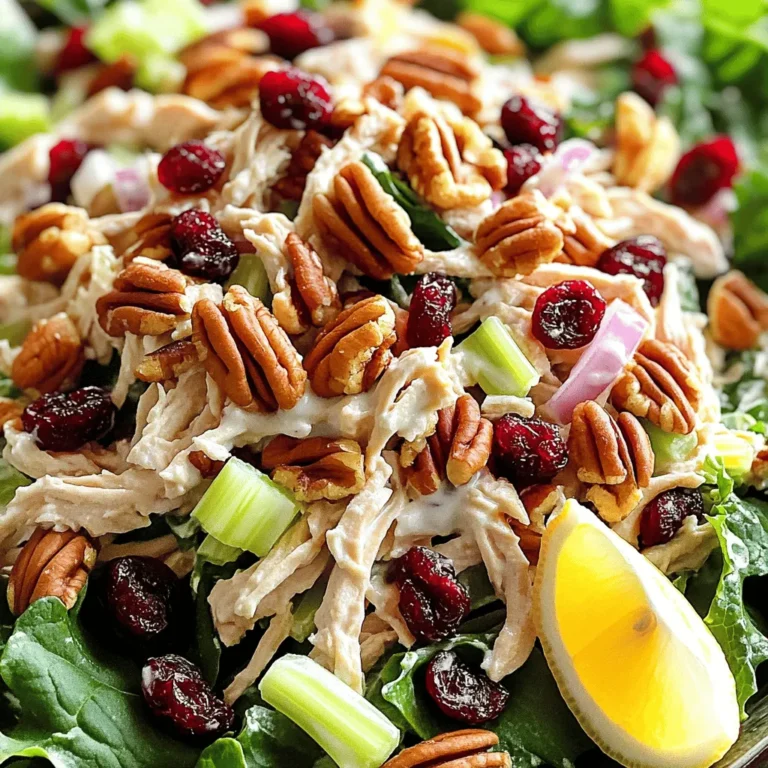 - 2 cups cooked chicken breast, shredded - 1/2 cup dried cranberries - 1/2 cup pecans, roughly chopped The main ingredients in this salad bring flavor and texture. The shredded chicken provides protein, making this dish filling. Dried cranberries add a sweet touch that balances the savory chicken. Pecans give a nice crunch and a rich, nutty flavor. - 1/2 cup Greek yogurt - 2 tablespoons Dijon mustard - 1 tablespoon honey For the dressing, I choose Greek yogurt for creaminess. It’s a healthier option than mayonnaise. Dijon mustard adds a bit of tang, while honey brings sweetness. This mix creates a light and tasty dressing that coats the salad well. - 1/4 cup celery, finely sliced - 1/4 cup red onion, finely chopped - Salt and pepper to taste - 4 cups mixed greens (for serving) Adding celery and red onion gives the salad crunch and bite. Salt and pepper enhance all the flavors. Serving this salad on mixed greens adds freshness and color. You can find the full recipe in the earlier section, but these ingredients are key to making a delicious Cranberry Pecan Chicken Salad. Start by grabbing a large mixing bowl. In this bowl, combine the shredded chicken, dried cranberries, roughly chopped pecans, finely sliced celery, and finely chopped red onion. Mix these ingredients well. This step forms the hearty base of your salad. The chicken gives protein, while cranberries and pecans add sweetness and crunch. In a separate small bowl, whisk together Greek yogurt, Dijon mustard, honey, salt, and pepper. Mix until smooth and creamy. This dressing adds a tangy flavor and brings all the salad ingredients together. It’s simple but makes a big difference in taste. Now, pour the yogurt dressing over the chicken mixture. Gently fold everything together until all ingredients are evenly coated. Taste your salad and adjust the seasoning with more salt and pepper if needed. This step ensures every bite is packed with flavor. For the full recipe, check out the details above. Enjoy your fresh and flavorful Cranberry Pecan Chicken Salad! To make your salad stand out, serve it in individual bowls. Sprinkle extra chopped pecans and cranberries on top for a burst of color and crunch. A lemon wedge on the side adds a refreshing touch. Pair this salad with crusty bread or a light soup for a full meal. You can also serve it in a sandwich wrap for a tasty lunch option. If you have dietary restrictions, you can easily swap out ingredients. For a dairy-free option, use a plant-based yogurt instead of Greek yogurt. You can adjust the sweetness by adding more honey or cutting back if you prefer less. If you want more acidity, try adding a splash of lemon juice or vinegar. To save time, shred the chicken ahead of time. You can also chop the veggies and store them in the fridge. This makes meal prep quicker on busy days. For the best flavor, make the salad a few hours in advance and chill it in the fridge. This allows the flavors to meld beautifully. For the full recipe, visit the recipe section above. {{image_2}} You can make this salad even better by adding seasonal fruits or veggies. In spring, try fresh strawberries or snap peas. In summer, add diced peaches or cucumbers. In fall, sliced apples or roasted butternut squash work great. In winter, consider using pomegranate seeds or citrus fruits. These additions not only enhance flavor but also add color and texture. If you want a vegetarian version, replace chicken with tofu or chickpeas. Tofu provides protein and absorbs flavors well. To prepare tofu, press it to remove excess water, then cube it. You can also use canned chickpeas for quick prep. Both options keep the salad hearty and satisfying. To boost flavor, consider adding fresh herbs or spices. Chopped parsley or cilantro can add freshness. A sprinkle of cumin or smoked paprika can bring warmth. For a zesty kick, add a squeeze of lemon juice or a dash of hot sauce. These enhancements can transform your salad into a unique dish that suits your taste. For the full recipe, check the Cranberry Pecan Chicken Salad section. To keep your cranberry pecan chicken salad fresh, store it in an airtight container. Make sure to place it in the fridge right after you make it. This salad stays good for about three days. When storing, try to keep the dressing separate if possible. This helps maintain the crispness of the greens and other ingredients. You can freeze the chicken salad components separately. First, freeze the cooked chicken in a sealed bag. For the pecans and cranberries, use small containers. Keep the dressing in a separate container too. When you are ready to eat, you can take them out and thaw them in the fridge overnight. If you freeze the salad, don’t heat the whole salad at once. It's best to thaw the chicken first. You can use the microwave for a quick reheat. Just make sure to check the chicken frequently. You want it warm but not dry. Toss everything together once thawed, and enjoy your fresh salad again! You can find the full recipe for this delightful dish to guide you through the process. You can use plain dairy-free yogurt. Almond or coconut yogurt works well. Silken tofu blended until smooth is another option. These swaps keep the salad creamy and tasty without dairy. If you want fewer calories, try low-fat sour cream or cottage cheese. These alternatives still give a nice tangy flavor. Your salad will stay fresh for about three to four days. Keep it in an airtight container to avoid drying out. If you see any mold or an off smell, it’s best to throw it away. Always trust your senses. When in doubt, toss it out! Yes, using leftover chicken is a great idea! Rotisserie chicken works perfectly, too. Just shred or chop the chicken into bite-sized pieces. This makes meal prep easy and quick. Plus, it saves time and reduces waste in your kitchen. Enjoy your delicious Cranberry Pecan Chicken Salad without the fuss! For the full recipe, check the main article. This blog post covered a tasty Cranberry Pecan Chicken Salad recipe. We explored main ingredients like chicken, cranberries, and pecans, as well as a simple Greek yogurt dressing. I provided tips for serving, ingredient swaps, and variations to suit your taste. In the end, this salad is not only delicious but also flexible. With a few tweaks, you can make it your own. Enjoy making this dish and sharing it with others!