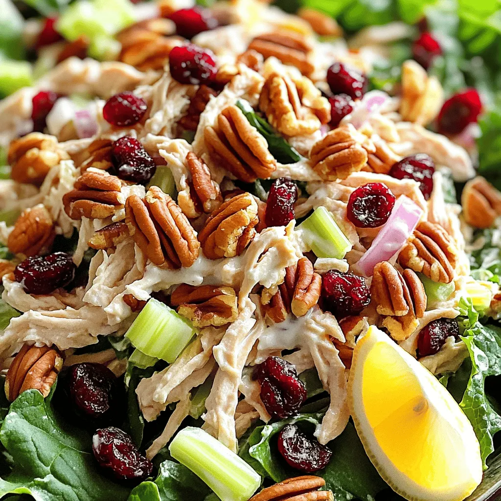 - 2 cups cooked chicken breast, shredded - 1/2 cup dried cranberries - 1/2 cup pecans, roughly chopped The main ingredients in this salad bring flavor and texture. The shredded chicken provides protein, making this dish filling. Dried cranberries add a sweet touch that balances the savory chicken. Pecans give a nice crunch and a rich, nutty flavor. - 1/2 cup Greek yogurt - 2 tablespoons Dijon mustard - 1 tablespoon honey For the dressing, I choose Greek yogurt for creaminess. It’s a healthier option than mayonnaise. Dijon mustard adds a bit of tang, while honey brings sweetness. This mix creates a light and tasty dressing that coats the salad well. - 1/4 cup celery, finely sliced - 1/4 cup red onion, finely chopped - Salt and pepper to taste - 4 cups mixed greens (for serving) Adding celery and red onion gives the salad crunch and bite. Salt and pepper enhance all the flavors. Serving this salad on mixed greens adds freshness and color. You can find the full recipe in the earlier section, but these ingredients are key to making a delicious Cranberry Pecan Chicken Salad. Start by grabbing a large mixing bowl. In this bowl, combine the shredded chicken, dried cranberries, roughly chopped pecans, finely sliced celery, and finely chopped red onion. Mix these ingredients well. This step forms the hearty base of your salad. The chicken gives protein, while cranberries and pecans add sweetness and crunch. In a separate small bowl, whisk together Greek yogurt, Dijon mustard, honey, salt, and pepper. Mix until smooth and creamy. This dressing adds a tangy flavor and brings all the salad ingredients together. It’s simple but makes a big difference in taste. Now, pour the yogurt dressing over the chicken mixture. Gently fold everything together until all ingredients are evenly coated. Taste your salad and adjust the seasoning with more salt and pepper if needed. This step ensures every bite is packed with flavor. For the full recipe, check out the details above. Enjoy your fresh and flavorful Cranberry Pecan Chicken Salad! To make your salad stand out, serve it in individual bowls. Sprinkle extra chopped pecans and cranberries on top for a burst of color and crunch. A lemon wedge on the side adds a refreshing touch. Pair this salad with crusty bread or a light soup for a full meal. You can also serve it in a sandwich wrap for a tasty lunch option. If you have dietary restrictions, you can easily swap out ingredients. For a dairy-free option, use a plant-based yogurt instead of Greek yogurt. You can adjust the sweetness by adding more honey or cutting back if you prefer less. If you want more acidity, try adding a splash of lemon juice or vinegar. To save time, shred the chicken ahead of time. You can also chop the veggies and store them in the fridge. This makes meal prep quicker on busy days. For the best flavor, make the salad a few hours in advance and chill it in the fridge. This allows the flavors to meld beautifully. For the full recipe, visit the recipe section above. {{image_2}} You can make this salad even better by adding seasonal fruits or veggies. In spring, try fresh strawberries or snap peas. In summer, add diced peaches or cucumbers. In fall, sliced apples or roasted butternut squash work great. In winter, consider using pomegranate seeds or citrus fruits. These additions not only enhance flavor but also add color and texture. If you want a vegetarian version, replace chicken with tofu or chickpeas. Tofu provides protein and absorbs flavors well. To prepare tofu, press it to remove excess water, then cube it. You can also use canned chickpeas for quick prep. Both options keep the salad hearty and satisfying. To boost flavor, consider adding fresh herbs or spices. Chopped parsley or cilantro can add freshness. A sprinkle of cumin or smoked paprika can bring warmth. For a zesty kick, add a squeeze of lemon juice or a dash of hot sauce. These enhancements can transform your salad into a unique dish that suits your taste. For the full recipe, check the Cranberry Pecan Chicken Salad section. To keep your cranberry pecan chicken salad fresh, store it in an airtight container. Make sure to place it in the fridge right after you make it. This salad stays good for about three days. When storing, try to keep the dressing separate if possible. This helps maintain the crispness of the greens and other ingredients. You can freeze the chicken salad components separately. First, freeze the cooked chicken in a sealed bag. For the pecans and cranberries, use small containers. Keep the dressing in a separate container too. When you are ready to eat, you can take them out and thaw them in the fridge overnight. If you freeze the salad, don’t heat the whole salad at once. It's best to thaw the chicken first. You can use the microwave for a quick reheat. Just make sure to check the chicken frequently. You want it warm but not dry. Toss everything together once thawed, and enjoy your fresh salad again! You can find the full recipe for this delightful dish to guide you through the process. You can use plain dairy-free yogurt. Almond or coconut yogurt works well. Silken tofu blended until smooth is another option. These swaps keep the salad creamy and tasty without dairy. If you want fewer calories, try low-fat sour cream or cottage cheese. These alternatives still give a nice tangy flavor. Your salad will stay fresh for about three to four days. Keep it in an airtight container to avoid drying out. If you see any mold or an off smell, it’s best to throw it away. Always trust your senses. When in doubt, toss it out! Yes, using leftover chicken is a great idea! Rotisserie chicken works perfectly, too. Just shred or chop the chicken into bite-sized pieces. This makes meal prep easy and quick. Plus, it saves time and reduces waste in your kitchen. Enjoy your delicious Cranberry Pecan Chicken Salad without the fuss! For the full recipe, check the main article. This blog post covered a tasty Cranberry Pecan Chicken Salad recipe. We explored main ingredients like chicken, cranberries, and pecans, as well as a simple Greek yogurt dressing. I provided tips for serving, ingredient swaps, and variations to suit your taste. In the end, this salad is not only delicious but also flexible. With a few tweaks, you can make it your own. Enjoy making this dish and sharing it with others!